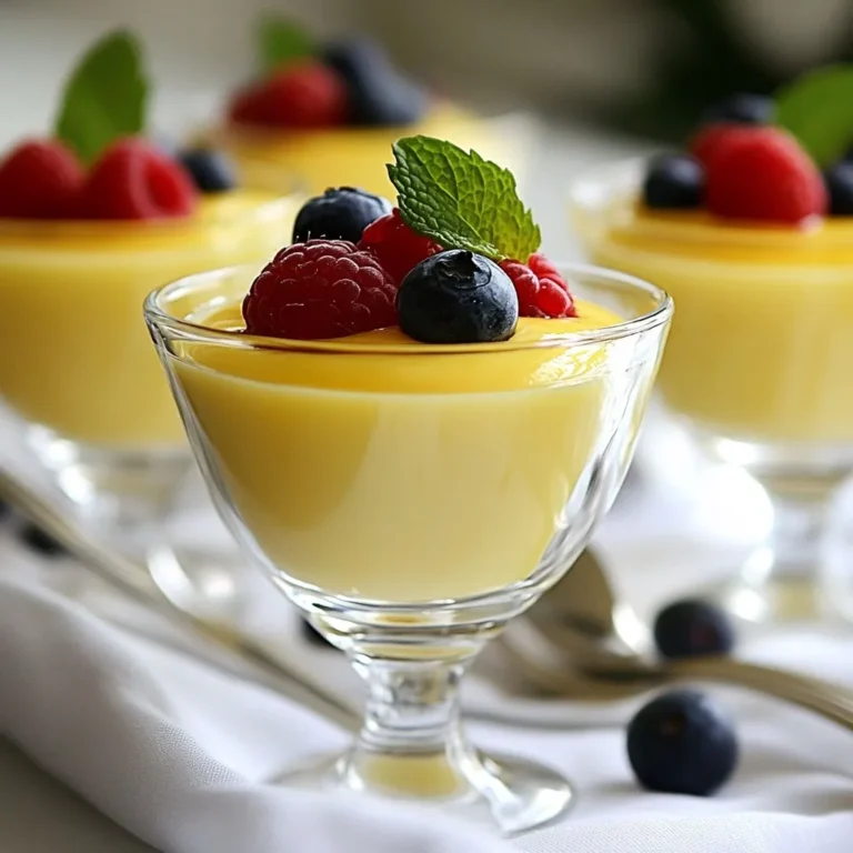 To make a great lemon posset, you need just a few key ingredients: - 2 cups heavy cream - 3/4 cup granulated sugar - 1/4 cup freshly squeezed lemon juice (about 2-3 lemons) - Zest of 2 lemons - A pinch of salt - Fresh berries (like raspberries or blueberries) for garnish - Fresh mint leaves for garnish Each ingredient plays a vital role. The heavy cream gives the posset its rich texture. Sugar adds sweetness, while lemon juice and zest provide that fresh tart flavor. Using fresh ingredients is very important. Fresh lemon juice and zest make the posset bright and zesty. They give it that wonderful lemon flavor we all love. If you use old lemons, your dessert might taste dull. Fresh berries add color and a burst of flavor on top. If you have dietary needs, you can still enjoy this dessert. For a dairy-free option, try using coconut cream instead of heavy cream. You can also use a sugar substitute if you want to cut down on sugar. For those allergic to citrus, you can experiment with other flavors, like vanilla or berry puree. Just be sure to adjust the amounts to keep the balance right. {{ingredient_image_2}} First, gather your ingredients. You need heavy cream, sugar, lemon juice, zest, and salt. In a medium saucepan, mix the heavy cream and sugar. Heat this over medium heat. Stir gently until the sugar dissolves. Watch closely; you do not want it to boil. You just need a gentle simmer. Once the cream mixture is hot, take it off the heat. Now, add the lemon juice and zest. Stir well to combine. The acid from the lemon will thicken the cream. It should feel smooth and creamy. This is the key to a great posset. Let the mixture cool for about 10 minutes. After it cools, pour it into glasses or ramekins. Fill them about three-quarters full. Place these in the fridge to chill. Let them set for at least four hours. When set, they should feel firm to touch. Now your Lemon Posset is ready to impress! When making lemon posset, avoid these common mistakes: - Boiling the cream: Always heat the cream gently. Boiling ruins the texture. - Not mixing well: Make sure to stir until the sugar dissolves completely. - Skipping the chill time: Patience is key! Chill the posset for at least four hours. You can boost the flavor of your lemon posset in fun ways. Try adding: - Ginger: A small amount of fresh grated ginger adds warmth. - Herbs: Fresh thyme or basil can add a unique twist. - Different citrus: Mix in lime or orange juice for a zesty change. Presentation makes your lemon posset shine. Here are tips to serve it beautifully: - Use elegant glass cups: This shows off the creamy texture. - Garnish generously: Add fresh berries and a mint leaf on top. - Create layers: Pour berry puree at the bottom before adding the posset for a stunning look. Pro Tips Use Fresh Lemons: Freshly squeezed lemon juice and zest will provide the brightest flavor, enhancing the overall taste of your posset. Chill Thoroughly: Ensure your possets chill for at least 4 hours; this allows them to set properly and achieve the desired creamy texture. Experiment with Flavors: Feel free to add a splash of vanilla extract or other citrus juices for a unique twist on the classic lemon posset. Garnish Creatively: Use a variety of fresh berries and edible flowers for garnishing; this will not only enhance the visual appeal but also add extra flavors. {{image_4}} You can play with flavors in lemon posset. Try using other citrus fruits. Lime, orange, or grapefruit work well. Replace lemon juice with equal parts of your chosen fruit juice. The zest adds great aroma too. For example, use lime zest with lime juice. This gives a fresh twist. Each fruit brings its own taste, making your posset unique. Garnishing adds flair to your posset. Besides berries, try nuts like pistachios or almonds. Chop them finely and sprinkle on top. Edible flowers like pansies also look stunning. They add color and a hint of flavor. You can mix and match garnishes to suit your taste. Creativity here makes your dessert shine. You can make a vegan version of lemon posset easily. Swap heavy cream for coconut cream or cashew cream. Use the same amount, about 2 cups. For sweetness, maple syrup or agave works well. Replace lemon juice with lime juice if you want. Follow the same steps as the original. Chill it well, and you’ll have a creamy vegan treat. This version is just as delightful and refreshing! After making your lemon posset, store it in the fridge. Place the filled glasses or ramekins in a sealed container. This keeps them fresh and protects them from strong odors. Make sure the posset is covered lightly, as it can absorb smells. Always chill the posset for at least four hours before serving. This helps it set properly and enhances the flavor. You can store lemon posset in the fridge for up to three days. After that, it may lose its freshness. Keep an eye on the texture and smell. If it starts to look or smell off, it’s best to toss it. If you plan to eat it later, try to only make what you need. Lemon posset does not freeze well due to its creamy texture. Freezing can change the consistency and make it watery. If you must freeze it, pour it into freezer-safe containers. Leave some space at the top for expansion. When ready to eat, thaw it in the fridge overnight. Stir it before serving to help bring back some creaminess. Lemon Posset comes from England. It dates back to the 16th century. Originally, it was made with milk and sugar. The lemon juice helped to thicken the milk. This dessert is simple and refreshing. Over time, cooks replaced milk with cream. This change made the posset richer and creamier. Today, we enjoy it as a smooth and tangy treat. Yes, you can make Lemon Posset ahead of time. This dessert is perfect for planning. You can prepare it up to two days before serving. Just keep it in the fridge. The flavors will meld together, making it even better. Chill it for at least four hours. This gives it time to set properly. To know if your posset is set, gently touch the top. It should feel firm, not jiggly. The mixture will thicken as it chills. After four hours, check it. If it holds its shape when you tilt the glass, it is ready. The posset should have a smooth texture. If you see any lumps, it may need more time. The blog post detailed crucial ingredients and their freshness for making Lemon Posset. I shared helpful cooking steps for perfect results. I highlighted tips to avoid common mistakes and ways to enhance flavors. You can try fun variations and learn about storage best practices. This dessert is easy and rewarding. Whether you stick to the classic recipe or explore new flavors, Lemon Posset can impress anyone who tastes it. Enjoy your journey with this delightful treat!