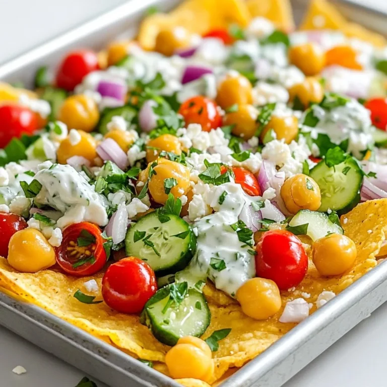 Here’s what you need for the Loaded Greek Nacho Tray. Each ingredient adds fun and flavor. - 8 ounces pita chips - 1 cup cooked chickpeas (canned, drained and rinsed, or boiled) - 1 cup cherry tomatoes, halved - 1 cucumber, diced - 1/2 red onion, finely chopped - 1/2 cup Kalamata olives, pitted and sliced - 1 cup crumbled feta cheese - 1/2 cup tzatziki sauce - 2 tablespoons extra virgin olive oil - 1 teaspoon dried oregano - Salt and freshly cracked pepper to taste - Fresh parsley or dill, chopped, for garnish Each item plays a big role in making this dish delightful. The pita chips create a crunchy base. The chickpeas add protein and texture. Fresh veggies like cucumbers and cherry tomatoes bring bright colors. Kalamata olives give a lovely briny taste, while feta cheese adds creaminess. Tzatziki sauce is the star, giving a cool, tangy finish. Using high-quality ingredients will boost your nacho experience. Fresh herbs like parsley or dill will brighten the dish. They also add a nice touch of color. Enjoy gathering these ingredients, as each one is essential for your Loaded Greek Nacho Tray! {{ingredient_image_2}} - Preheat the oven to 350°F (175°C). - Spread pita chips on a baking tray. Start by turning on your oven. This way, it will be warm and ready for your nachos. Next, take your pita chips and lay them out flat on a large baking tray. This forms a great base for the tasty toppings. - Combine chickpeas, tomatoes, cucumber, onion, and olives. - Add olive oil, oregano, salt, and pepper. In a big bowl, mix together the cooked chickpeas, halved cherry tomatoes, diced cucumber, chopped red onion, and sliced Kalamata olives. These fresh ingredients add color and flavor. Drizzle the olive oil over the mix. Now, sprinkle in the dried oregano, salt, and freshly cracked pepper. Toss everything gently until it’s all coated in flavor. - Distribute the mixture over pita chips. - Bake for 10-12 minutes. Take your chickpea mix and spread it evenly over the pita chips. Make sure each chip gets some toppings. Then, put the tray in your preheated oven. Bake for 10-12 minutes until the chips are warm and a bit crispy. - Add feta cheese and drizzle tzatziki sauce. - Garnish with parsley or dill. Once the nachos are done baking, take the tray out of the oven. While it's still hot, sprinkle crumbled feta cheese all over the top. Next, drizzle the tzatziki sauce in a zigzag pattern for a fun look. Finally, add a sprinkle of fresh parsley or dill to make your dish pop with color and flavor. - Serve directly on the baking tray for a fun vibe. - Use a decorative platter for a fancy look. - Add extra toppings like avocado or bell peppers for more taste. - Use homemade tzatziki for an even fresher flavor. - Pair with additional Mediterranean sides like hummus or tabbouleh. - Offer lemon wedges for a zesty finish. Pro Tips Use Fresh Ingredients: Opt for ripe, in-season vegetables for the best flavor and texture in your nachos. Customize the Toppings: Feel free to add or substitute toppings based on your preferences, like grilled chicken or roasted red peppers. Serve Immediately: Enjoy these nachos right after baking for the crispiest texture; they can become soggy if left too long. Experiment with Spices: Add a pinch of smoked paprika or cayenne pepper for a spicy twist that complements the Greek flavors. {{image_4}} You can easily make this dish vegetarian or vegan. To do this, swap feta with vegan cheese. This keeps the creamy texture while making it dairy-free. You can also add different vegetables. Bell peppers or radishes work well. They add a crunch and fresh taste. To change the flavor, you can swap tzatziki for hummus. A spicy dip adds a nice kick, too. Experiment with herbs like mint for a fresh twist. Basil or oregano can also add great taste. Mixing fresh herbs will keep your nachos exciting. Why not create themed nacho trays? For a Mexican twist, use different spices. Think cumin, chili powder, or even taco seasoning. You can also use tortilla chips instead of pita chips. Pair them with salsa for a fusion approach. It’s a fun way to mix flavors and cultures! To keep your Loaded Greek Nacho Tray fresh, refrigerate it in an airtight container. This way, the flavors stay intact. Enjoy your leftovers within 2-3 days for the best taste. After that, the chips may get soggy, and the freshness fades. For the best texture, reheat in the oven. Set it to 350°F (175°C) and warm for about 10 minutes. If you need a quick option, use the microwave. Heat in short bursts of 30 seconds until warm. Remember, the oven gives you a crispier nacho! To make assembly easy, prepare your ingredients ahead of time. Chop the veggies and mix the chickpeas in advance. Store them separately in the fridge. This way, when you are ready to enjoy, you can quickly put everything together. It's a fun way to save time and enjoy a tasty snack! A Loaded Greek Nacho Tray is a fun twist on classic nachos. Instead of cheese and salsa, you use fresh Mediterranean ingredients. The base is crispy pita chips. You top it with chickpeas, tomatoes, cucumber, red onion, and Kalamata olives. Crumbled feta cheese adds a salty bite, while tzatziki sauce gives it a creamy touch. This dish bursts with flavor and color, making it perfect for sharing. Yes, you can prep many parts of this dish ahead. Chop the veggies, rinse the chickpeas, and mix them together. Store them in the fridge in an airtight container. You can also make the tzatziki sauce a day in advance. Keep the pita chips separate until you are ready to bake. This way, they stay crispy and tasty. To add heat, include jalapeños or red pepper flakes in the veggie mix. You can also use spicy feta or a spicier tzatziki sauce. If you prefer less heat, skip the spicy additions. You can also balance the spice with a touch of honey or a squeeze of lemon juice for a nice flavor twist. Yes! You can find gluten-free pita chips at many stores. You can also use baked tortilla chips as an alternative. For the tzatziki, check that the yogurt is gluten-free. This way, everyone can enjoy this tasty dish, no matter their diet. This blog post explored the creation of a Loaded Greek Nacho Tray using fresh ingredients. You learned how to mix chickpeas, veggies, and spices on crispy pita chips, baked to perfection. We discussed tips for presentation, flavor enhancements, and fun variations like vegan options. In the end, this dish is perfect for gatherings or a quick snack. With easy prep and delicious flavors, enjoy making this Mediterranean favorite!