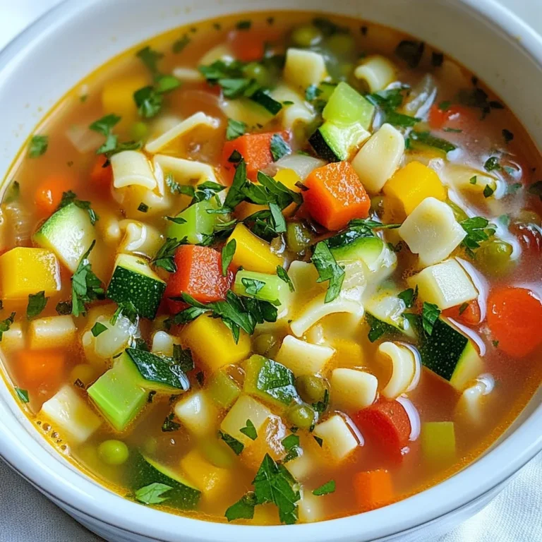 To make my Instant Pot minestrone soup, you'll need these simple ingredients: - 1 tablespoon olive oil - 1 medium onion, diced - 3 cloves garlic, minced - 2 medium carrots, peeled and diced - 2 celery stalks, diced - 1 medium zucchini, diced - 1 bell pepper (your choice of color), diced - 1 cup green beans, cut into 1-inch pieces - 1 can (15 oz) diced tomatoes, undrained - 6 cups vegetable broth - 1 teaspoon dried oregano - 1 teaspoon dried basil - 1 teaspoon dried thyme - 1 bay leaf - 1 can (15 oz) kidney beans, drained and rinsed - 1 cup small pasta (like ditalini or elbow macaroni) - Salt and freshly ground black pepper, to taste - Fresh parsley, chopped, for garnish Not all ingredients need to be fresh. Here are some great swaps: - Use frozen vegetables instead of fresh ones. They save time and taste good. - If you lack fresh herbs, use 1 teaspoon of dried herbs for each. - Swap kidney beans for cannellini or black beans for a different flavor. - If you don’t have a bell pepper, you can use corn for sweetness. - You can use vegetable stock powder mixed with water if you lack broth. To make this soup, gather these kitchen tools: - Instant Pot or electric pressure cooker - Cutting board for chopping vegetables - Sharp knife for easy cutting - Measuring cups and spoons for accuracy - Wooden spoon for stirring - Ladle for serving the soup These tools help you make cooking smooth and fun! Enjoy making your minestrone soup with ease. {{ingredient_image_2}} To start, plug in your Instant Pot. Press the Sauté button. Pour in the olive oil. Wait until the oil is hot and shiny. This helps the flavors pop. Add the diced onion to the pot. Stir and cook for 2-3 minutes. You want the onion to look clear. Next, toss in the minced garlic, diced carrots, and diced celery. Stir this mix for another 3 minutes. This softens the veggies and builds flavor. Now, add the diced zucchini, bell pepper, and green beans. Mix well and let it sit for 2 minutes. This helps all the flavors blend together. Pour in the can of diced tomatoes with their juices. Then, add the vegetable broth. Stir to mix everything well. Sprinkle in the dried oregano, basil, thyme, and drop in the bay leaf. Mix again to spread the spices evenly. Now, gently fold in the drained kidney beans. Make sure they are well mixed with the soup. Next, secure the Instant Pot lid. Set the vent to sealed. Press the Soup button or set it to cook on high pressure for 5 minutes. When the cooking time ends, let the pressure drop naturally for 5 minutes. Then switch the vent to release any leftover pressure. Carefully open the lid. Don’t forget to remove and discard the bay leaf. Add the small pasta to the pot. Switch back to the Sauté function. Cook for 5-7 minutes, stirring often, until the pasta is tender. Taste the soup and add salt and pepper as you like. Serve hot, and top with fresh parsley for a burst of color. Enjoy every warm, hearty spoonful! To boost flavor in your Instant Pot minestrone soup, use fresh herbs. Fresh parsley adds brightness. You can also add a squeeze of lemon juice for a zing. For depth, consider adding a dash of red pepper flakes. This will give your soup a gentle kick. Remember, salt enhances flavors. Start with a little, then adjust to your taste. If your minestrone soup seems too thick, add more vegetable broth. Stir it in slowly to find the right balance. For a thicker soup, use less broth or let it simmer longer. You can also mash some beans against the pot's side. This will help thicken the soup while adding creaminess. Keep tasting and adjusting until it feels perfect. Meal prepping makes busy days easier. Chop all your veggies ahead of time. Store them in the fridge in airtight bags. You can also cook a big batch of this soup. It freezes well, so make extra and store it. Just reheat it on a busy night for a quick meal. Consider cooking the pasta separately, then adding it when serving. This keeps it from getting too soft. Pro Tips Prep Your Veggies Ahead: Chop your vegetables and store them in the fridge the night before to save time during cooking. Adjust Your Seasoning: Always taste your soup before serving and adjust the seasoning as needed for a flavorful finish. Use Fresh Herbs: For added freshness, consider using fresh herbs instead of dried ones, especially for garnishing. Store Leftovers Properly: Let the soup cool completely before storing it in an airtight container in the fridge for up to 3 days or freeze for longer storage. {{image_4}} You can easily make this soup vegetarian or vegan. Just skip the kidney beans or use plant-based options. For a tasty vegan twist, use vegetable broth. It adds flavor without meat. You will still enjoy all the vibrant veggies. Feel free to swap any ingredient to fit your diet. If you're gluten-free, use gluten-free pasta. You can also use quinoa or rice instead of pasta. If you cannot have beans, try lentils or chickpeas. These swaps keep the soup nutritious and tasty. Want more protein? You can add meat or meat alternatives. Cook diced chicken, turkey, or sausage in the Instant Pot before adding veggies. For a meat alternative, try tempeh or tofu. Both options boost protein while keeping the soup hearty and filling. To store your minestrone soup, let it cool first. Then, transfer it to an airtight container. This helps keep the soup fresh. You can keep it in the fridge for up to 3 days. Make sure to label the container with the date. This way, you won't forget when you made it. If you want to freeze the soup, use freezer-safe containers or bags. Leave some space at the top, as the soup will expand when frozen. It can last in the freezer for up to 3 months. To thaw, place it in the fridge overnight before reheating. This keeps the flavor and texture intact. When you're ready to enjoy the soup again, reheat it gently. You can use a pot on the stove or the microwave. If using the stove, heat it over medium heat. Stir often to prevent sticking. In the microwave, use a microwave-safe bowl and cover it loosely. Heat in short bursts, stirring in between. Add a splash of broth or water if the soup is too thick. This helps bring back its creamy texture. Yes, you can use dried beans in this recipe. To do this, soak the beans overnight. Cook them in the Instant Pot before you start on the soup. Use about 1 cup of dried beans, and adjust the cooking time. You will need to cook the beans for about 25-30 minutes on high pressure. This gives them a nice, tender texture. Small pasta shapes work best in minestrone soup. I love using ditalini or elbow macaroni. These shapes hold the soup well and are easy to eat. You can also try orzo or small shells. Just remember to adjust the cooking time for different pasta shapes. This soup lasts about 3-5 days in the fridge. Store it in an airtight container. Make sure it cools down before you put it in the fridge. The flavors will meld and taste even better the next day! Yes, you can make this soup on the stove. Just follow the same steps, but use a large pot. Sauté the veggies, add the broth and beans, then simmer for about 30-40 minutes. This gives the flavors a chance to develop. Stir in the pasta during the last 10 minutes of cooking. This blog post covered the key steps to making a tasty soup. We explored the essential ingredients and cooking tools you need. I shared my favorite tips to improve flavor and save time. We also looked at how to adjust for dietary needs and store leftovers properly. Now, you can enjoy making this soup your way! Try new flavors and don't stress if things aren't perfect. Happy cooking!