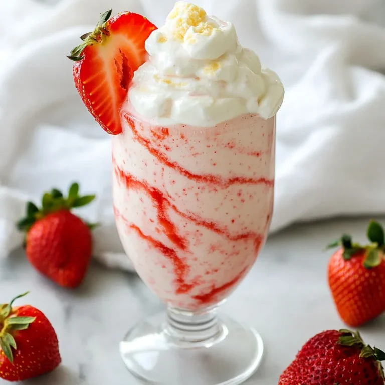 To make the strawberry cheesecake smoothie, you will need: Feel free to make this smoothie your own! Here are some easy swaps: This smoothie is not only tasty but also packs a healthy punch! Here’s a rough breakdown per serving: This smoothie is a great option for breakfast or a snack, giving you energy and nutrients. {{ingredient_image_2}} Start by gathering your ingredients. You need: First, hull and slice the strawberries. This means removing the green tops and cutting them up. Next, make sure your cream cheese is soft. If it’s cold, it won’t blend well. Let it sit out for a bit. Now, it’s time to blend! In your blender, add the sliced strawberries, cream cheese, Greek yogurt, and your choice of milk. If you want a creamier smoothie, use whole milk. Next, add the honey or maple syrup for sweetness. Remember, you can adjust the sweetness later. Add the vanilla extract for flavor and the oats if you want a thicker drink. Toss in the ice cubes. They make the smoothie nice and cold. Blend everything on high speed until it’s smooth and creamy. You might need to stop and scrape down the sides to mix well. Taste your smoothie. If it needs more sweetness, add a bit more honey or syrup and blend again. Once your smoothie is perfectly blended, pour it into chilled glasses. This keeps it cool longer. For a great look, garnish with extra sliced strawberries or a dollop of yogurt on top. You can also drizzle some honey on the yogurt for a sweet finish. Serve with striped straws for fun! Enjoy your rich and creamy strawberry cheesecake smoothie! To get the perfect smoothness, use fresh strawberries. Frozen berries can work, but they change texture. Adding rolled oats makes the smoothie thicker and creamier. Start with less ice if you want a lighter drink. Blend on high until everything is smooth. If it’s too thick, add more milk slowly. For a richer flavor, try adding a pinch of salt. This helps balance the sweetness. Use pure vanilla extract for a more natural taste. You can also mix in a banana for added creaminess. If you love spices, a hint of cinnamon can add warmth and depth. A high-speed blender is best for this smoothie. It blends fruits and cream cheese well. If you don't have one, a regular blender will work too, but blend longer. For easy serving, use tall glasses and a straw. A measuring cup is handy for precise ingredient amounts. Pro Tips Use Frozen Strawberries: For a colder and thicker smoothie, you can substitute fresh strawberries with frozen ones. This will also eliminate the need for additional ice cubes. Experiment with Flavors: Feel free to add other fruits like bananas or blueberries for a unique twist or use flavored Greek yogurt for extra taste. Adjust Sweetness to Taste: Start with the recommended amount of honey or maple syrup, then taste and adjust accordingly to suit your preference. Make it a Meal: Add protein powder or nut butter for a more filling smoothie that can serve as a quick breakfast or snack option. {{image_4}} To make your smoothie dairy-free, swap out the cream cheese and yogurt. Use a dairy-free cream cheese made from nuts or soy. Almond or coconut yogurt works well too. For milk, choose almond, oat, or coconut milk. This keeps the flavor rich and creamy without dairy. Want to boost the protein in your smoothie? Add a scoop of your favorite protein powder. Greek yogurt is already high in protein, but adding pea or whey protein can make it even better. You can also toss in a tablespoon of nut butter. It adds flavor and a creamy texture. You can change the fruit based on the season. In summer, use peaches or raspberries. In fall, consider pumpkin puree or apples for a fun twist. Each fruit will give the smoothie a different taste while keeping it creamy and delicious. To store your leftover smoothie, pour it into an airtight container. This helps keep it fresh. You can use a glass jar or a plastic container with a tight lid. Place it in the fridge for up to two days. When you're ready to drink it, give it a good shake. This helps mix everything back together. If you want to save your smoothie for later, freezing is a great option. Pour the smoothie into ice cube trays or freezer-safe bags. This way, you can take out just what you need. When you're ready to enjoy it, blend the frozen cubes with a bit of milk. This will bring back that creamy texture. Smoothies are best served cold, but if you want to warm it slightly, do so carefully. Pour the smoothie into a small pot. Heat it on low heat while stirring gently. Avoid boiling, as it can change the taste. Once it's warm, enjoy it right away. You can use regular yogurt if you want a smoother texture. It will still taste great. You can also try cottage cheese for a creamy feel. Silken tofu is another option. It adds protein and keeps it smooth. Yes, you can prepare this smoothie ahead of time. Blend the smoothie and pour it into a sealed container. Store it in the fridge for up to one day. When you're ready, give it a quick stir or shake. If it thickens, you can add a splash of milk to make it creamy again. To make this smoothie vegan, swap the cream cheese for a vegan cream cheese. Use coconut yogurt instead of Greek yogurt. Choose almond, soy, or oat milk for a non-dairy option. For sweetening, use maple syrup or agave nectar. This keeps your smoothie rich and creamy while being plant-based. This article covered the key ingredients, step-by-step instructions, and helpful tips for making a great smoothie. You can use various substitutions to fit your taste and health needs. Make sure to store leftovers properly to enjoy later. Remember, smoothies can be simple and fun! With these facts, you can create tasty drinks any time. Now go blend, enjoy, and share your results with friends!