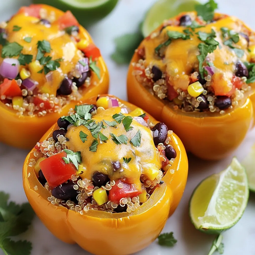 - 4 large bell peppers (any color) - 1 cup quinoa, thoroughly rinsed - 2 cups vegetable broth - 1 can (15 oz) black beans, drained and rinsed - 1 cup corn (fresh, frozen, or canned) - 1 cup diced tomatoes (fresh or canned) - 1 small red onion, finely chopped - 1 teaspoon ground cumin - 1 teaspoon smoked paprika - 1/2 teaspoon chili powder - Salt and black pepper to taste - 1 cup shredded cheese (cheddar or pepper jack) - Fresh cilantro, chopped for garnish - Lime wedges for serving You can add some extra flavor with these ingredients: - 1 teaspoon garlic powder for depth. - 1 small jalapeño, minced for heat. - Avocado slices for creaminess. - Sour cream or Greek yogurt for a tangy touch. If you need swaps, try these options: - Use brown rice instead of quinoa for a different grain. - Swap black beans for kidney beans or pinto beans. - Use chicken broth instead of vegetable broth for more flavor. - Try different cheese like mozzarella or feta for a unique twist. The right ingredients make your dish shine. Feel free to play around! {{ingredient_image_2}} Start by preheating your oven to 375°F (190°C). This ensures it’s hot when your peppers go in. Next, take four large bell peppers. Cut off the tops and remove the seeds and membranes. Set the empty peppers aside on a plate. They will hold all the yummy filling later. In a medium-sized saucepan, pour in two cups of vegetable broth and bring it to a boil. Once it bubbles, add one cup of rinsed quinoa. Cover the pot and lower the heat. Let it simmer for about 15 minutes. The quinoa will absorb all the broth. After 15 minutes, fluff the quinoa with a fork and set it aside to cool. Now, grab a large mixing bowl. Combine the cooked quinoa, one can of drained black beans, one cup of corn, and one cup of diced tomatoes. Add in one finely chopped red onion, one teaspoon of ground cumin, one teaspoon of smoked paprika, and half a teaspoon of chili powder. Don’t forget to season with salt and black pepper. Mix everything well until it’s all blended together. Now it’s time to stuff the peppers! Using a spoon, fill each bell pepper with the quinoa mixture. Pack it in tightly so each pepper is full. Place the stuffed peppers upright in a baking dish. Sprinkle one cup of shredded cheese over the top of each pepper. Cover the dish with aluminum foil to trap the moisture. Bake it in the preheated oven for 25 minutes. After 25 minutes, take off the foil and bake for another 10-15 minutes. Keep an eye on them. The peppers should be tender, and the cheese should be melted and golden. Once done, remove the dish from the oven. Let the stuffed peppers cool for a few minutes. Before serving, sprinkle fresh chopped cilantro on top and serve with lime wedges for a zesty kick! To cook quinoa just right, rinse it first. Rinsing removes any bitter taste. Use a ratio of 1 cup quinoa to 2 cups vegetable broth. Bring the broth to a boil before adding the rinsed quinoa. Once it boils, lower the heat and cover it. Let it cook for about 15 minutes. Check if the broth is absorbed. Fluff it with a fork to make it light and airy. When baking stuffed peppers, make sure to preheat your oven. Set it to 375°F (190°C) for best results. After filling the peppers, pack the mixture tightly. This helps them hold their shape. Cover them with foil for the first part of baking. This keeps them moist. Remove the foil later to let the cheese get bubbly and golden. Serve your stuffed peppers with fresh lime wedges. The lime adds a zesty kick. You can also pair them with a simple salad. A side of avocado or guacamole works great too. For extra flavor, try adding a dollop of sour cream or yogurt. Enjoy your meal with friends or family for a fun dining experience. Pro Tips Use Colorful Peppers: Choose a variety of bell pepper colors for a vibrant presentation and added nutrients. Cook Quinoa in Broth: Cooking quinoa in vegetable broth enhances its flavor and adds depth to the dish. Pack Tightly: Make sure to pack the quinoa mixture tightly into the peppers for a satisfying bite and to prevent them from collapsing. Add More Veggies: Feel free to incorporate other vegetables like zucchini or spinach to boost the nutritional value and flavor. {{image_4}} You can easily make this dish vegetarian or vegan. To do this, skip the cheese or use a dairy-free cheese. You can also add more veggies. Try using mushrooms, zucchini, or spinach for added nutrients. They blend well with the quinoa and beans. If you enjoy meat, feel free to add it to the filling. Ground turkey or chicken works great. You can also use shredded beef for a heartier meal. For a different twist, try adding tofu or tempeh for extra protein. Cook the meat or alternative protein before mixing it with the quinoa. Spice up your stuffed peppers by adding different seasonings. Chipotle powder can give a smoky heat. If you prefer something milder, try oregano or thyme. You can also add a dash of hot sauce to the mix for an extra kick. Experiment with spices to find your favorite flavor! To store leftover stuffed peppers, let them cool first. Place each pepper in an airtight container. Make sure to keep them in the fridge. They will stay fresh for about 3 to 5 days. If you want to keep them longer, freezing is a great option. If you want to freeze stuffed peppers, wrap each one tightly in plastic wrap. After wrapping, place them in a freezer-safe bag. Squeeze out all the air before sealing. You can freeze them for up to 3 months. When you are ready to eat, just thaw in the fridge overnight. To reheat, preheat your oven to 350°F (175°C). Place the stuffed peppers in a baking dish. Cover with foil to keep them from drying out. Heat for about 20 minutes or until warm. You can also microwave them for a quick option. Heat on high for about 2 to 3 minutes. Make sure they are hot all the way through. Yes, you can use different types of peppers. Bell peppers are common, but you can also try poblano or Anaheim peppers. Each pepper brings a unique taste. For more heat, opt for jalapeños. Just make sure they can hold the stuffing well. The peppers are done when they are soft and tender. Check if the cheese is melted and bubbly. You can also insert a fork to test their texture. If the fork goes in easily, they are ready to eat. You can serve these stuffed peppers with a fresh salad or some rice. A dollop of sour cream or a squeeze of lime adds great flavor. For a heartier meal, pair with grilled chicken or fish. Enjoy experimenting with your sides! Southwest Quinoa Stuffed Peppers are a delicious and healthy dish. You learned about the key ingredients and optional mix-ins that can boost flavor. I detailed step-by-step instructions for cooking, stuffing, and baking. You also discovered helpful tips for making perfect quinoa and baking techniques. Finally, I shared ways to store leftovers and enjoyed a variety of options. This dish is easy to customize and tastes great. Try it out and enjoy a fresh meal that will impress!