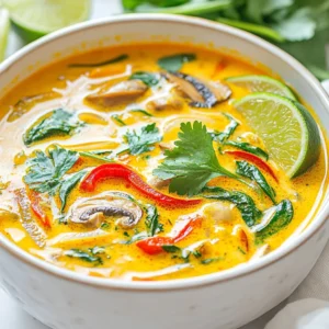 - 1 can (14 oz) coconut milk - 2 cups vegetable broth - 1 tablespoon red curry paste - 1 (1-inch) piece of fresh ginger, thinly sliced - 2 stalks of lemongrass, trimmed and lightly smashed - 1 cup shiitake mushrooms, thinly sliced - 1 vibrant red bell pepper, thinly sliced - 1 cup baby spinach, washed and dried - 2 tablespoons soy sauce - 1 tablespoon freshly squeezed lime juice - 1 tablespoon brown sugar - 1-2 Thai bird's eye chilies, whole {{ingredient_image_2}} To start, grab a large, sturdy pot. Combine one can of coconut milk and two cups of vegetable broth in the pot. Place it over medium heat. Stir gently to mix until you see a nice blend. Next, add one tablespoon of red curry paste, the sliced ginger, and the smashed lemongrass. Stir well and let it simmer gently. This creates a rich and flavorful base for your soup. Once your broth is simmering, it’s time to add some color and texture. Add one cup of thinly sliced shiitake mushrooms and one sliced red bell pepper. Toss in one to two whole Thai bird's eye chilies, depending on how spicy you like it. Cook these for about five to seven minutes. You want the veggies to soften and become tender but still have a bit of bite. Now, carefully remove the ginger slices and lemongrass stalks from the pot. They’ve done their job and are no longer needed. Stir in one cup of baby spinach, two tablespoons of soy sauce, one tablespoon of freshly squeezed lime juice, and one tablespoon of brown sugar. Cook for another one to two minutes. The spinach will wilt nicely into your soup. Taste it and adjust the seasoning if needed. You can add more soy sauce or lime juice for extra flavor. Serve your soup hot. Garnish with fresh cilantro and lime wedges on the side. Squeeze lime over your soup and add more chopped chilies if you wish. Enjoy your delicious and spicy Thai coconut soup! To get the spice just right, start with one bird's eye chili. This small chili packs heat. If you want more spice, add another chili. Taste the soup before adding more chilies. For those who like milder flavors, remove the seeds from the chilies. This helps lower the heat. You can also use sweet red bell peppers instead. They add flavor without the spice. Consider adding a splash of fish sauce for depth. This sauce adds umami and balances the soup. You can also try a dash of sesame oil for a nutty flavor. For garnishing, fresh cilantro brightens the soup beautifully. Thinly sliced green onions also add a nice touch. Lime wedges on the side give a zesty kick. When simmering, keep the heat low to avoid boiling. A gentle simmer helps blend the flavors well. Stir the soup occasionally to prevent sticking. To check if the vegetables are done, poke them with a fork. They should be tender but not mushy. The shiitake mushrooms and bell peppers cook fast, so check them often. Enjoy making this soup your own! Pro Tips Adjust the Spice Level: If you're sensitive to spice, start with just one bird's eye chili and add more later if desired. You can also remove the chilies before serving for a milder flavor. Fresh Herbs Make a Difference: Using fresh cilantro and lime not only enhances the flavor but also adds a vibrant touch to your presentation. Always garnish just before serving for the best flavor. Storing Leftovers: If you have leftovers, store the soup in an airtight container in the fridge. It can be reheated but may need a splash of broth or water to thin it out as it thickens when cooled. Experiment with Vegetables: Feel free to add other vegetables like zucchini, carrots, or snap peas to the soup. Just adjust the cooking time accordingly to ensure everything is tender. {{image_4}} You can easily change the protein in your soup. Chicken and shrimp are great options. To add chicken, simply cook diced chicken breast before you add the vegetables. For shrimp, toss them in five minutes before the soup is done. They cook fast and stay juicy. If you want a vegetarian option, use tofu or tempeh. Both soak up the soup's flavors. Cube the tofu and add it in with the vegetables. Tempeh adds a nice bite and cooks well, too. Want a lighter soup? Swap regular coconut milk for low-fat coconut milk. This keeps the creamy taste but cuts calories. If you're gluten-free, use tamari instead of soy sauce. Tamari gives a similar flavor without gluten. This makes the soup safe for those with gluten issues. You can mix it up with different veggies. Zucchini adds a mild taste and soft texture. Carrots bring sweetness and color. Chop them up and add them with the bell pepper. Don't be afraid to try different curry pastes. Green curry paste gives a fresh twist, while yellow curry paste offers warmth. Each type changes the soup's flavor, so experiment and find your favorite! To store leftovers of your Spicy Thai Coconut Soup, let it cool first. Use a clean container with a tight lid. This keeps the soup fresh. You can store it in the fridge for up to three days. Make sure to label your container with the date. This helps you know when to eat it. Freezing the soup is a great option too. First, cool it completely. Pour the soup into airtight containers or freezer bags. Leave some space at the top, as the soup will expand. It can stay frozen for up to three months. When you’re ready to eat, thaw it in the fridge overnight. Reheat in a pot over low heat, stirring often until hot. Check for signs of spoilage before eating. If the soup smells sour or off, it is best to throw it away. Look for changes in color or texture. If you see mold, discard it immediately. Always practice safe handling. Wash your hands and use clean utensils. This helps keep your soup fresh and safe to eat. Spicy Thai Coconut Soup, or Tom Kha Gai, comes from Thailand. This soup shows the blend of sour, spicy, and creamy flavors. It holds a special place in Thai meals. You often find it at local markets and street food stalls. Different areas in Thailand may have their own takes. Some use chicken, while others may add seafood or tofu. Many chefs add local herbs for unique tastes. Yes, you can make this soup ahead of time! It’s great for meal prep. Just follow the recipe and let it cool before storing. Keep it in an airtight container in the fridge. The soup tastes even better the next day. Flavors mix and deepen, creating a rich taste. Reheat it gently on the stove when you’re ready to enjoy. Absolutely! To make it vegan, swap the chicken broth for vegetable broth. Use tofu or extra vegetables for protein. You can also check for vegan curry paste brands. Look for ones without fish sauce or shrimp paste. Some good brands are Thai Kitchen or Maesri. This way, you can enjoy the same great taste while sticking to a vegan diet. You can make a tasty Spicy Thai Coconut Soup with simple ingredients and steps. Start with coconut milk and vegetable broth, adding the right spices and fresh veggies. By using tips for spice levels and flavor enhancements, you can create a dish just right for you. Don’t forget the variations, like adding proteins or trying new veggies. Storing your soup is easy, too. Follow the guidelines for fridge or freezer storage. Now, you have all the tools to enjoy this flavorful dish anytime. Enjoy exploring flavors and making this soup your own!