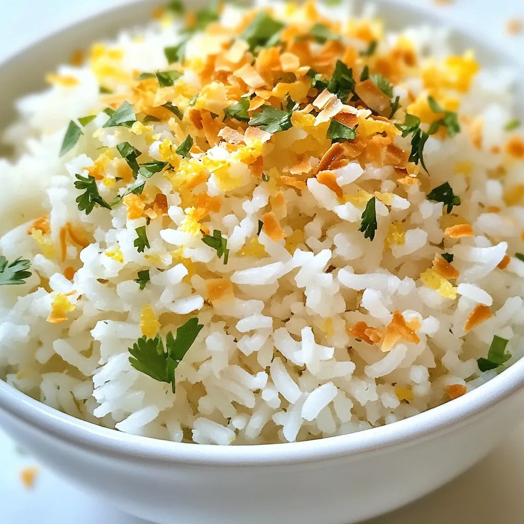 - 1 cup jasmine rice - 1 can (13.5 oz) coconut milk - 1 cup water - 1 lime (for zest and juice) - 2 tablespoons granulated sugar - 1 teaspoon fine sea salt - Fresh cilantro, finely chopped (for garnish) - Toasted coconut flakes (for garnish) - Medium saucepan - Measuring cups and spoons - Fork for fluffing rice The main ingredients for coconut lime rice start with jasmine rice, which gives it a lovely texture. I love using coconut milk for its rich and creamy flavor. The lime adds a fresh zing that brightens the dish. The sugar balances the flavors, while the sea salt enhances them. For garnish, fresh cilantro provides a pop of color and taste. The toasted coconut flakes add a delightful crunch. As for tools, a medium saucepan is essential for cooking the rice. Measuring cups and spoons help with accuracy. Finally, a fork is perfect for fluffing the rice after it's cooked. This simple list makes it easy to gather everything you need to create this dish. Enjoy making coconut lime rice; it's a delightful side or base for your meals! {{ingredient_image_2}} First, rinse the jasmine rice thoroughly. Place the rice in a bowl and cover it with cold water. Swirl the rice with your hand to remove excess starch. Keep rinsing until the water runs clear, then drain the rice well. Next, combine the rinsed rice with the following ingredients in a medium saucepan: - 1 cup jasmine rice - 1 can (13.5 oz) coconut milk - 1 cup water - Zest from 1 lime - 2 tablespoons granulated sugar - 1 teaspoon fine sea salt Stir gently to mix all the ingredients well. Now, it's time to cook the rice. Heat the saucepan over medium-high heat. Bring the mixture to a gentle boil. Once it starts bubbling, reduce the heat to low. Cover the saucepan tightly with a lid. Let it simmer for 15 to 18 minutes. The rice will absorb the liquid and become soft. After simmering, remove the saucepan from heat but keep it covered. Let it rest for another 5 minutes. This step allows the rice to steam and reach the perfect texture. Once the resting time is up, use a fork to fluff the rice gently. This helps separate the grains. Now, add the freshly squeezed lime juice to the rice. Stir slowly to mix it evenly throughout. Serve the coconut lime rice warm. For a lovely garnish, sprinkle with finely chopped fresh cilantro and toasted coconut flakes. These add a nice crunch and extra flavor. Enjoy your delicious coconut lime rice! Rinsing rice is key for great texture. It removes extra starch that can make rice sticky. Rinse until the water runs clear. This step makes your rice fluffy and light. After cooking, let the rice sit covered for five minutes. This helps it steam and become tender. Adjusting the lime juice is important for taste. You can make it more tangy or less, based on your preference. Fresh herbs like cilantro add great flavor. Dried herbs work too, but fresh herbs give a brighter taste. Try both to find your favorite. Serving the rice in coconut shells is fun and unique. It adds a tropical touch to your meal. You can also add lime wedges for extra color. This small detail makes your dish pop and look appealing. Pro Tips Rinse the Rice: Always rinse jasmine rice under cold water until the water runs clear to remove excess starch. This helps achieve a fluffy texture. Simmering Time: Cover the saucepan tightly while simmering to trap steam, which is crucial for the rice to cook evenly and become tender. Fresh Lime Juice: Add the lime juice at the end of cooking to preserve its vibrant flavor and acidity, enhancing the dish's overall taste. Garnish for Flavor: Don’t skip the cilantro and toasted coconut flakes; they add freshness and a delightful crunch that elevate the dish. {{image_4}} Coconut lime rice can easily fit into many diets. For a vegan option, use coconut milk as your only liquid. It adds creaminess without dairy. You can also make it gluten-free since all ingredients are naturally gluten-free. This rice dish is safe for gluten-sensitive eaters. If you don’t have coconut milk, you can swap it with almond milk or cashew milk. They add a nice flavor too. Just remember that this will change the taste slightly. If you want it creamier, add a bit more sugar. To make your coconut lime rice even more exciting, add spices. Ginger gives a warm kick, while chili adds heat. You can adjust the amount based on your taste. Start with a pinch and add more if you like it spicy! Another option is to mix in fresh herbs like mint. Mint adds a refreshing touch that pairs well with coconut and lime. Just chop it finely and fold it in before serving. Coconut lime rice pairs well with many proteins. Grilled chicken or fish brings out the dish's bright flavors. The sweetness of the rice balances savory meats. You can also serve it with fresh salads or rich curries. Salads provide crunch, while curries add creaminess. This makes a well-rounded meal that is satisfying and full of flavor. To store your coconut lime rice, let it cool first. Place it in an airtight container. This helps keep the rice fresh. You can store it in the fridge for up to four days. When you are ready to eat, reheat the rice. You can use the microwave or a stovetop. For the microwave, place the rice in a bowl. Add a splash of water to keep it moist. Heat for one to two minutes. If using the stovetop, add a bit of water in a pan. Heat it on low until warm. To enhance the flavor, squeeze fresh lime juice on top after reheating. You can freeze coconut lime rice too. Let it cool completely. Then, place it in a freezer-safe bag or container. Squeeze out any air to avoid freezer burn. It can last for up to three months in the freezer. When you want to eat it, thaw the rice in the fridge overnight. Reheat it as mentioned before. Enjoy the deliciousness of your coconut lime rice! Coconut lime rice is a bright, fragrant dish. It blends jasmine rice with coconut milk and lime. The coconut milk gives a creamy texture. The lime adds a fresh burst of flavor. You will taste sweet and tangy notes in each bite. This dish is perfect for adding a tropical twist to your meals. Yes, you can make coconut lime rice ahead of time. Cook the rice and let it cool. Store it in an airtight container in the fridge. It stays fresh for about 3 days. When ready to serve, reheat it on the stove or in the microwave. Add a splash of water or coconut milk to keep it moist. Coconut lime rice pairs well with many dishes. Here are some great options: - Grilled shrimp or fish - Spicy chicken or beef stir-fry - Vegetable curries or stews - Fresh salads with lime dressing - Tacos or burritos with a tropical twist This rice enhances the flavors of any meal. Coconut lime rice is easy and fun to make. You learned the key ingredients and steps. You can customize it with flavors and spices. Remember to store leftovers properly for later. Serve it as a side dish or enjoy it on its own. I hope you feel ready to create this dish. It will add a tasty twist to your meals. Enjoy the bright flavors with every bite!