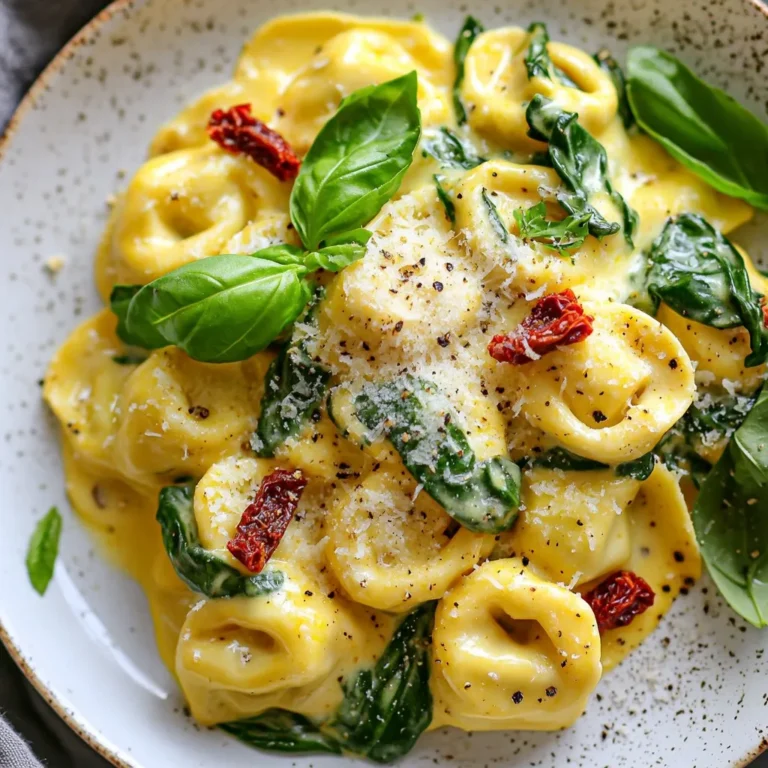 - Fresh cheese tortellini - Extra virgin olive oil - Garlic - Fresh baby spinach - Heavy cream - Grated Parmesan cheese - Freshly grated nutmeg - Salt and pepper - Optional ingredients (sun-dried tomatoes, basil) To make my creamy spinach tortellini, you need fresh cheese tortellini. This gives a soft and cheesy base. Next, grab some extra virgin olive oil. It adds a rich taste to the dish. You will also need garlic, which brings a wonderful aroma to the skillet. Fresh baby spinach is a must for this recipe. It wilts down nicely and adds color and nutrients. Heavy cream makes the sauce smooth and rich. Grated Parmesan cheese adds a salty flavor that pairs well with the cream. I like to use freshly grated nutmeg for a hint of warmth. Salt and pepper are essential for taste. You can add sun-dried tomatoes if you want a burst of flavor. Fresh basil leaves make a great garnish to finish the dish. With these ingredients, you will create a delightful meal that is both tasty and satisfying. {{ingredient_image_2}} - Boiling tortellini: First, fill a large pot with water and bring it to a boil. Add 12 oz of fresh cheese tortellini to the pot. Cook according to the package directions, which is usually 3-5 minutes. Once they are al dente, drain the tortellini and set them aside. - Sautéing garlic: In a skillet, pour in 2 tablespoons of extra virgin olive oil and heat it over medium. When the oil shimmers, add 3 cloves of finely minced garlic. Sauté for about 1 minute. You want the garlic fragrant, not browned. - Cooking spinach: Next, add 5 cups of fresh baby spinach to the skillet. Stir frequently and cook until the spinach is fully wilted. This takes about 2-3 minutes. - Adding cream and cheese: After the spinach wilts, pour in 1 cup of rich heavy cream. Add 1/2 cup of grated Parmesan cheese and stir well until the cheese melts. The sauce should turn velvety and creamy. - Incorporating seasonings: Now, sprinkle in 1/2 teaspoon of freshly grated nutmeg, along with salt and freshly ground pepper to taste. Mix well. If you like, fold in 1/4 cup of chopped sun-dried tomatoes for extra flavor and color. - Tossing tortellini with sauce: Carefully add the drained tortellini to the creamy spinach sauce. Gently toss to ensure each piece is evenly coated. Heat everything together for an extra 1-2 minutes until it's piping hot. - Garnishing and presentation tips: Finish off by adding fresh basil leaves on top. This adds a nice touch just before serving. For a beautiful presentation, serve in warm bowls and drizzle any leftover sauce over the top. A sprinkle of extra Parmesan elevates the dish even more. - To cook tortellini al dente, boil water and add the pasta. Follow the package time, usually 3-5 minutes. Drain and set aside. - For a creamy sauce, add the heavy cream slowly. Stir in the Parmesan cheese until it melts. This helps achieve a velvety texture. - Consider adding spices like garlic powder or crushed red pepper for more kick. - You can pair this dish with grilled chicken or shrimp for added protein. Both options blend well with the creamy sauce. - Serve with garlic bread or a fresh salad to balance the richness. A crisp side helps cleanse the palate. - The dish tastes best when hot. Serve it right after cooking for the best flavor and texture. Pro Tips Use Fresh Ingredients: Fresh baby spinach and high-quality cheese tortellini will elevate the flavors of your dish significantly. Always opt for the freshest options available. Adjust the Creaminess: If you prefer a lighter sauce, consider using half-and-half instead of heavy cream. This will reduce the richness while still providing a creamy texture. Customize with Proteins: For a heartier meal, add cooked chicken, shrimp, or even grilled sausage to the skillet for additional protein and flavor. Perfect the Seasoning: Always taste your sauce before serving. Adjust the salt and pepper to enhance the flavors, and consider adding a squeeze of lemon juice for brightness. {{image_4}} You can easily swap ingredients for your needs. If you want gluten-free tortellini, try a brand made from rice or chickpeas. They work just fine and taste great. For a dairy-free option, use coconut cream and nutritional yeast instead of heavy cream and Parmesan. This keeps the meal rich and flavorful. You can add other veggies for extra taste. Try kale, arugula, or broccoli for a fun twist. Seasonal veggies like zucchini or bell peppers also work well. These additions give you a new flavor and more nutrients in every bite. Want to boost protein? Add cooked chicken, shrimp, or even tofu. Cooked chicken or shrimp can be added right before you mix in the tortellini. If you use tofu, sauté it separately until golden. Adjust cooking times as needed to ensure everything warms through. This way, you create a hearty meal that's full of flavor and nutrition. Store leftovers in an airtight container. Glass or plastic containers work well. Allow the dish to cool before sealing. This helps maintain texture and flavor. Keep the dish in the fridge for up to three days. To freeze, place the cooled dish in a freezer-safe container. Leave some space at the top for expansion. Seal tightly and label it with the date. When ready to eat, thaw the dish in the fridge overnight. Reheat on the stove over low heat. Stir often to avoid burning. You may add a splash of cream if the sauce thickens. The creamy spinach tortellini can last up to three days in the fridge. After this, the quality may decline. Look for changes in smell or color. If it smells sour or looks off, discard it. Always trust your senses when checking for spoilage. How long does it take to make creamy spinach tortellini skillet? It takes about 25 minutes from start to finish. You spend 10 minutes prepping and 15 minutes cooking. Can I use frozen tortellini instead? Yes, frozen tortellini works great. Just follow the package instructions for cooking time. Is it possible to make this dish ahead of time? You can make it ahead. Just store it in the fridge for up to two days. What if I don’t have Parmesan cheese on hand? If you lack Parmesan, try using another cheese like Pecorino or even mozzarella. Can I add more vegetables or proteins to this recipe? Absolutely! You can add veggies like mushrooms or bell peppers. For protein, chicken or shrimp works well. Adjust cooking times as needed to ensure everything cooks well. This creamy spinach tortellini skillet is simple and satisfying. You learned about key ingredients like tortellini and spinach. We walked through easy steps for preparation and sauce creation. I shared tips to enhance flavors and suggested variations for your taste. Finally, I covered storage tips to keep your leftovers fresh. Keep this recipe handy. It's perfect for busy nights and offers a tasty meal everyone will love. Enjoy your cooking journey!