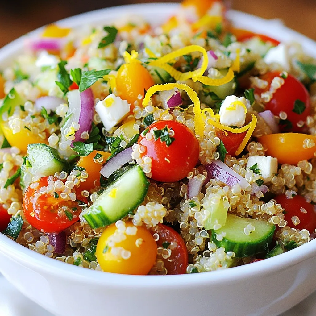 - 1 cup quinoa, thoroughly rinsed - 2 cups vegetable broth or fresh water - 1 cup cherry tomatoes, halved for a burst of sweetness - 1 crisp cucumber, diced into bite-sized pieces - 1/4 cup red onion, finely chopped for a hint of sharpness - 1/4 cup fresh parsley, chopped for a burst of color - 1/4 cup fresh mint, chopped to add refreshing notes - 1/4 cup feta cheese, crumbled (optional, but recommended) Quinoa is the star of this salad. It is high in protein and fiber. I love how it absorbs flavors well. The cherry tomatoes give a sweet pop. The cucumber adds a crunchy bite. Red onion gives a crisp, sharp taste. Fresh parsley and mint brighten the dish. Feta cheese adds creaminess and depth. You can skip the feta if you want a vegan dish. - 3 tablespoons extra-virgin olive oil for richness - 2 tablespoons freshly squeezed lemon juice for tanginess - Zest of 1 lemon to enhance the citrus flavor - Salt and pepper to taste, for seasoning The dressing is simple yet full of flavor. Olive oil brings richness and smoothness. Lemon juice adds brightness and tang. Lemon zest boosts the citrus taste. Finally, salt and pepper balance all the flavors. This dressing ties everything together. It makes each bite refreshing and zesty. {{ingredient_image_2}} 1. Rinse and Boil: Start by rinsing 1 cup of quinoa in cold water. This step removes the bitter coating. Then, add the rinsed quinoa to a medium saucepan with 2 cups of vegetable broth or fresh water. Bring this mixture to a rapid boil over high heat. 2. Simmering Process: After it boils, reduce the heat to low. Cover the pot with a lid and let it simmer for 15 to 20 minutes. It will absorb all the liquid, and the quinoa will become fluffy. 3. Fluffing the Quinoa: Once the quinoa is done, remove it from heat but keep it covered. Let it steam for 5 more minutes. Then, use a fork to fluff the quinoa gently. Transfer it to a large mixing bowl and let it cool to room temperature. 1. Chopping Vegetables: While the quinoa cools, chop up your vegetables. Use 1 cup of halved cherry tomatoes, 1 diced cucumber, and 1/4 cup of finely chopped red onion. Add 1/4 cup of chopped parsley and 1/4 cup of fresh mint. If you like, crumble in 1/4 cup of feta cheese for extra flavor. 2. Combining Ingredients: In a small mixing bowl, gently mix all your chopped vegetables together. This blend adds color and flavor to the salad. 1. Whisking Techniques: In another bowl, whisk together 3 tablespoons of extra-virgin olive oil, 2 tablespoons of freshly squeezed lemon juice, and the zest of 1 lemon. Add salt and pepper to taste. This dressing brings a zesty kick to your salad. 2. Adjusting Flavors: Once your dressing is well mixed, taste it. You can adjust the seasoning by adding more salt or pepper if needed. Now, you're ready to combine everything and enjoy a fresh, flavorful Lemon Herb Quinoa Salad! - Chilling the Salad: For the best taste, chill the salad for at least 30 minutes. This cooling time helps the flavors blend beautifully. Place it in the fridge after mixing. It will taste even better when cold. - Presentation Ideas: Serve the salad in a large bowl. Garnish it with lemon wedges and fresh mint on top. This adds color and makes the dish look inviting. Bright colors make food more appealing. - Perfectly Cooked Quinoa: Rinse the quinoa before cooking. This removes the bitter coating called saponin. Use a 2:1 ratio of broth to quinoa for best results. Cook on low heat until fluffy. Let it steam for 5 extra minutes after cooking. - Flavor Enhancement Tricks: Add the lemon zest to your dressing. This boosts the citrus flavor. You can also mix in a pinch of salt while cooking quinoa to enhance its taste. Fresh herbs like parsley and mint add freshness too. - Gluten-Free Options: Quinoa is naturally gluten-free. This makes it a great choice for those with gluten sensitivities. You can enjoy this salad without worry. - Vegetarian and Vegan Adaptations: This recipe is vegetarian as is. To make it vegan, simply skip the feta cheese or use a plant-based cheese. The salad still tastes great without it! Pro Tips Rinse the Quinoa: Always rinse your quinoa under cold water before cooking to remove its natural coating, called saponin, which can impart a bitter taste. Cool Down Quickly: To speed up the cooling process of quinoa, spread it out on a baking sheet. This will help it cool evenly and prevent clumping. Herb Variations: Feel free to experiment with different herbs like basil or cilantro instead of parsley and mint for a unique twist on the flavor. Make Ahead: This salad can be made a day in advance. Just add the fresh ingredients and dressing right before serving to keep it vibrant and fresh. {{image_4}} You can change the vegetables in this salad to match your taste. Try bell peppers, carrots, or even spinach. Each option adds a new flavor and texture. If you want more protein, add chickpeas or black beans. They boost the salad's heartiness. Grilled chicken or shrimp also work great if you prefer meat. Spices can take your salad to the next level. Try adding cumin or smoked paprika. Fresh herbs like basil or dill can bring a new twist. Nuts or seeds make a crunchy contrast. Toss in some chopped walnuts or pumpkin seeds for extra nutrition and flavor. In summer, use fresh corn or zucchini. These veggies taste great when they are in season. They add a sweet crunch to the salad. During winter, root vegetables like roasted sweet potatoes can warm up your dish. You can also use dried fruits like cranberries for a sweet touch. Always aim to use what is freshest for the best taste! Lemon Herb Quinoa Salad lasts about 3 to 5 days in the fridge. To keep it fresh, store it in an airtight container. This helps lock in flavor and moisture. If you're planning to enjoy it later, make sure to let it cool completely before sealing it up. This prevents condensation, which can make the salad soggy. You can freeze this salad, but it's best to do so without the dressing. To freeze, place the salad in a freezer-safe bag or container. Remove as much air as possible to prevent freezer burn. It will last for about 2 to 3 months in the freezer. When you're ready to eat, thaw it overnight in the fridge. After thawing, mix in fresh dressing to revive the flavors. You can also add a squeeze of lemon juice for a fresh taste. Reheat the quinoa gently in a microwave if you prefer it warm. Enjoy! Can I make this salad ahead of time? Yes, you can make this salad ahead of time. It tastes even better after chilling. Just store it in the fridge. The flavors mix well overnight. Is quinoa healthy? Quinoa is very healthy. It is high in protein and fiber. It also has many vitamins and minerals. This makes it a great choice for meals. What can I serve with Lemon Herb Quinoa Salad? You can serve this salad with grilled chicken, fish, or roasted veggies. It pairs well with many dishes. It's also great as a light lunch. What to do if quinoa is mushy? If your quinoa is mushy, you likely added too much liquid. Next time, use less broth or water. You can also try to drain excess water. Spread it on a baking sheet to cool and dry out. How to fix too much acidity in the dressing? To fix a dressing that is too acidic, add a pinch of sugar or honey. This will balance out the flavors. You can also add more olive oil to soften the acidity. Breakdown of calories, proteins, fats, and carbs This salad has about 250 calories per serving. It contains 8 grams of protein, 10 grams of fat, and 36 grams of carbs. This is a healthy side dish option. Health benefits of main ingredients - Quinoa: Good source of protein, fiber, and minerals. - Cherry tomatoes: High in vitamins C and K. - Cucumber: Hydrating and low in calories. - Parsley and mint: Packed with antioxidants and vitamins. - Feta cheese: Adds calcium and flavor, but use in moderation. This blog post covered the basics of making a Lemon Herb Quinoa Salad. We explored key ingredients like quinoa, fresh vegetables, and the perfect dressing. I shared clear steps on cooking quinoa and mixing in flavors. You learned tips for serving, storage, and variations to suit your taste. Remember, this salad is versatile and easy to adapt. You can enjoy a healthy dish that fits your diet. This recipe brings nutrition and taste together in a simple way. Happy cooking and enjoy your salad!
