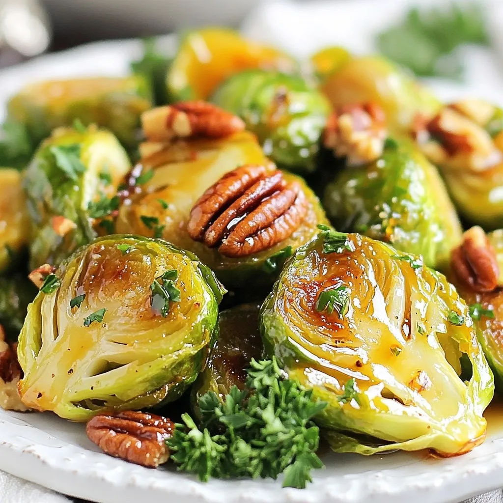 Gathering your ingredients is the first step. You want fresh Brussels sprouts for the best taste. I recommend choosing those that are firm and bright green. These small cabbages pack a lot of flavor and nutrients. Next, you need some good-quality extra-virgin olive oil. This oil adds richness and helps the sprouts roast evenly. Pure maple syrup brings a sweet touch. It balances the sharpness of Dijon mustard and adds depth to the dish. Garlic powder gives a nice punch, while sea salt and black pepper enhance all the flavors. If you like a bit of tang, balsamic vinegar is a great option. It adds a unique twist. For garnish, I suggest using chopped pecans and fresh parsley. The pecans add crunch, and the parsley brings a pop of color. Together, they make the dish look and taste fantastic. Now that you have your ingredients, you can enjoy the process of making this sweet and savory delight. The prep time is quick, and the total time is just 35 minutes. Perfect for a busy night! {{ingredient_image_2}} Set your oven to 400°F (200°C). This hot temperature helps the Brussels sprouts roast nicely. In a large bowl, whisk together: Mix these until smooth. This mixture adds a sweet and tangy taste to your sprouts. Add 1 pound of halved Brussels sprouts to the bowl. Toss them well in the maple-Dijon mixture. Make sure every piece is evenly coated. If you want a tangy twist, drizzle 1 tablespoon of balsamic vinegar over the sprouts. Toss them again to mix in the vinegar. Line a baking sheet with parchment paper. Spread the coated Brussels sprouts on the sheet. Make sure they are in a single layer and not overlapping. Place the baking sheet in the oven. Roast the sprouts for 20-25 minutes. Stir them halfway through cooking. This helps them get golden and crispy. While the sprouts roast, toast 2 tablespoons of chopped pecans in a skillet over medium heat. Stir them for about 3-4 minutes until they smell nice and are lightly golden. Be careful not to burn them! Once the Brussels sprouts are done, take them out of the oven. Sprinkle the toasted pecans and some chopped parsley on top for a beautiful finish. Enjoy the sweet and savory delight of your Maple Dijon Roasted Brussels Sprouts! To get crispy Brussels sprouts, lay them flat on the baking sheet. Avoid stacking them; this keeps the hot air flowing. Stir the sprouts halfway through roasting. This helps them brown evenly. For an extra touch of sweetness, drizzle more maple syrup just before serving. This will give your dish a glossy finish and make it even tastier. The added sweetness balances the Dijon mustard. If you don’t have balsamic vinegar, try lemon juice for a fresh taste. You can also swap Dijon mustard with whole grain mustard for a different texture. Use any nuts you have on hand instead of pecans. Walnuts or almonds work well too. Pro Tips Use Fresh Brussels Sprouts: Fresh Brussels sprouts will yield the best flavor and texture. Look for bright green, firm sprouts without any yellowing or soft spots. Adjust Sweetness to Taste: Feel free to modify the amount of maple syrup based on your preference for sweetness. You can start with less and add more if desired. Experiment with Seasonings: Don't hesitate to experiment with additional spices such as paprika or chili flakes for a kick, or herbs like thyme for a more aromatic profile. Ensure Even Roasting: Make sure to spread the Brussels sprouts in a single layer on the baking sheet and not overcrowd them. This will help them roast evenly and crisp up nicely. {{image_4}} You can spice up your Maple Dijon Roasted Brussels Sprouts in many ways. Try adding: Feel free to play with these flavors and make this dish your own! Maple Dijon Roasted Brussels Sprouts are great as a side. They pair well with: You can also serve them as an appetizer at gatherings. Their sweet and savory taste will impress everyone! You can prepare Brussels sprouts in different ways. Try air frying for a quicker method: Both methods make delicious Brussels sprouts. Choose your favorite based on time and texture! Store leftovers in an airtight container. This keeps the sprouts fresh and tasty. Place them in the fridge right away. Enjoy them within three days for the best flavor. To freeze, let the Brussels sprouts cool completely. Then, pack them tightly in a freezer-safe bag. Remove any extra air before sealing. When ready to eat, thaw them overnight in the fridge. Reheat in the oven or skillet until warm. This keeps their texture and taste. In the fridge, your Maple Dijon Roasted Brussels Sprouts last about three days. If you freeze them, they can stay good for up to three months. Always check for any off smells or changes before eating. Yes, you can make this recipe vegan. Use maple syrup as your sweetener. Instead of honey, maple syrup adds a rich flavor. For the Dijon mustard, check that it’s vegan, as most brands are. You can also replace the olive oil with avocado oil for a plant-based fat. This way, you keep all the sweet and savory flavors without any animal products. Brussels sprouts can be a bit bitter. To reduce this, cut off the stem ends and remove any yellow leaves. Rinsing them in cold water helps too. Roasting at a high heat, like 400°F, caramelizes the sugars. Adding maple syrup and balsamic vinegar also balances the bitterness. Try these tips for a sweeter taste! These roasted Brussels sprouts shine next to many dishes. They go well with roasted chicken or grilled salmon. Try them with quinoa salad for a healthy side. They also pair nicely with creamy mashed potatoes. Feel free to mix and match based on what you enjoy! You can use frozen Brussels sprouts, but fresh ones taste better. If you use frozen, thaw them first. Pat them dry to avoid sogginess. They may need a few extra minutes in the oven to roast well. Fresh sprouts offer a crunchier texture and richer flavor, so I recommend using them when you can. This blog post covered how to make Maple Dijon Roasted Brussels sprouts with ease. You learned about the simple ingredients, prep steps, and tips for perfecting the dish. Remember to toss the sprouts well and roast at the right temperature. This can make them crispy and tasty. Feel free to adjust flavors or try different cooking methods. With a few tweaks, you can enjoy this dish in many ways. Now, it’s your turn to experiment and enjoy these versatile sprouts!
