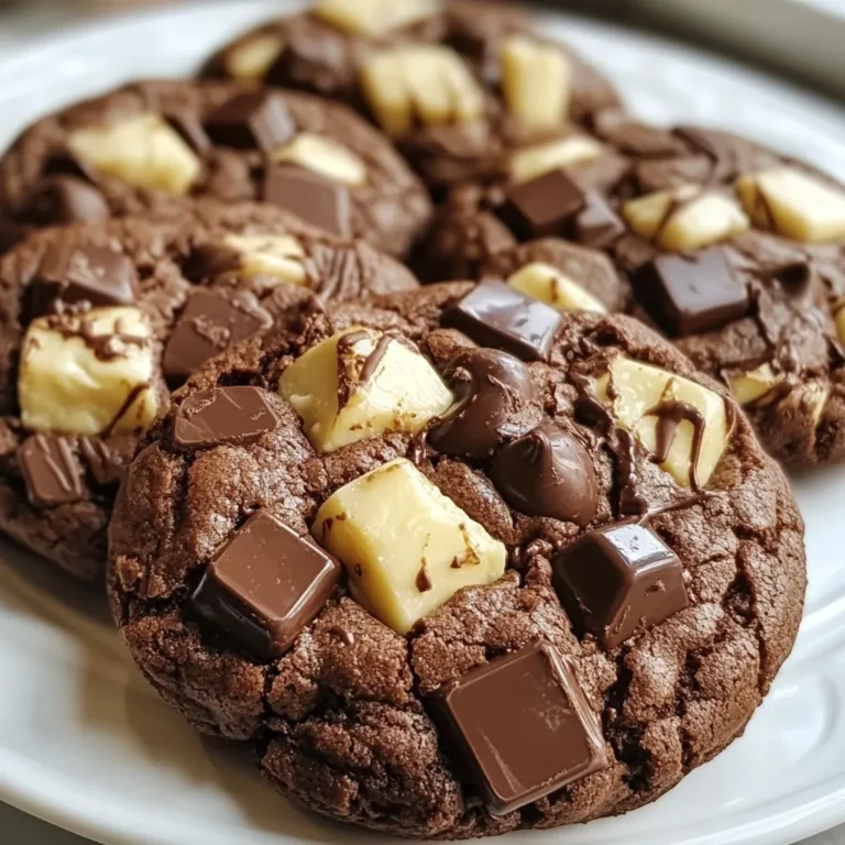 To make these triple chocolate brownie cookies, you will need: - 1 cup unsalted butter, melted - 1 cup packed brown sugar (light or dark) - 1/2 cup granulated sugar - 2 large eggs, at room temperature - 1 tablespoon pure vanilla extract - 1 cup all-purpose flour, spooned and leveled - 1/3 cup unsweetened cocoa powder - 1/2 teaspoon baking powder - 1/4 teaspoon fine sea salt - 1 cup semi-sweet chocolate chips - 1/2 cup white chocolate chips - 1/2 cup dark chocolate chunks Each ingredient has a specific measurement. Use these amounts to get the best results: - Unsalted butter: 1 cup (melted) - Brown sugar: 1 cup (packed) - Granulated sugar: 1/2 cup - Eggs: 2 large - Vanilla extract: 1 tablespoon - All-purpose flour: 1 cup (spooned and leveled) - Cocoa powder: 1/3 cup - Baking powder: 1/2 teaspoon - Sea salt: 1/4 teaspoon - Semi-sweet chocolate chips: 1 cup - White chocolate chips: 1/2 cup - Dark chocolate chunks: 1/2 cup If you need to make substitutions, here are some options: - Butter: Use coconut oil for a dairy-free option. - Brown sugar: You can use coconut sugar instead. - Granulated sugar: Try using raw sugar or maple sugar. - Eggs: Flax eggs work well for vegan cookies. Mix 1 tablespoon of ground flaxseed with 2.5 tablespoons of water. - All-purpose flour: Almond flour or oat flour can be gluten-free options. - Cocoa powder: You can use Dutch-processed cocoa for a different flavor. - Chocolate chips: Mix in your favorite nuts or dried fruit for added texture. These ingredients make your cookies rich, chewy, and full of chocolatey goodness. Enjoy the baking! {{ingredient_image_2}} First, preheat your oven to 350°F (175°C). This step is key to achieving the right texture. Line a baking sheet with parchment paper. This prevents the cookies from sticking and makes cleanup easy. Grab a medium bowl. In it, sift together these dry ingredients: - 1 cup all-purpose flour - 1/3 cup unsweetened cocoa powder - 1/2 teaspoon baking powder - 1/4 teaspoon fine sea salt Mix these well and set them aside. This helps to combine the flavors evenly. Now, take a large mixing bowl. Whisk together the melted unsalted butter (1 cup) with brown sugar (1 cup) and granulated sugar (1/2 cup). Mix until smooth. This step adds richness and sweetness. Next, add 2 large eggs, one at a time. Mix well after each egg. Then, pour in 1 tablespoon of pure vanilla extract for extra flavor. Gradually add the dry mixture into the wet mix. Stir gently until just combined. Avoid overmixing; you want a soft dough. Now, fold in the chocolates: - 1 cup semi-sweet chocolate chips - 1/2 cup white chocolate chips - 1/2 cup dark chocolate chunks Make sure the chocolates are evenly spread in the dough. This will make each bite rich and gooey. Use a cookie scoop or a tablespoon to portion the dough. Place the dough mounds on the prepared baking sheet, leaving about 2 inches of space between each. This allows them to spread while baking. Bake the cookies for 10-12 minutes. Look for set edges and soft centers. This keeps the chewy brownie-like texture. Once baked, remove the cookies from the oven. Let them cool on the baking sheet for 5 minutes. Then, carefully transfer them to a wire rack to cool completely. For serving, place the cookies on a nice platter. Drizzle some melted chocolate over the top for a special touch. Enjoy them with cold milk or a scoop of vanilla ice cream! To get the best texture, follow some key steps. First, use room temperature eggs. This helps them blend easily into the batter. Second, mix the wet and dry ingredients just until they combine. Overmixing can make the cookies tough. You want them to stay soft and chewy. Finally, bake them until the edges are set but the centers are still soft. This gives them that brownie-like texture we all love. If you have leftover cookies, store them properly. Place them in an airtight container at room temperature. They can stay fresh for up to a week this way. For longer storage, freeze them. Just wrap each cookie in plastic wrap and place them in a freezer bag. They will keep well for up to three months. When you're ready to enjoy them, let them thaw at room temperature. These cookies are perfect for any occasion. Serve them warm with a scoop of vanilla ice cream for a fun dessert. You can also place them on a pretty platter for a party. Drizzling melted chocolate over the top adds a nice touch. If you want to impress guests, pair them with fresh berries. This adds color and a burst of flavor that everyone will love. Pro Tips Use Room Temperature Eggs: Room temperature eggs blend more easily into the batter, creating a smoother dough and improving the overall texture of your cookies. Don't Overmix the Dough: Mix just until the dry ingredients are combined to prevent tough cookies. The less you mix, the better the texture! Chill the Dough: If you have time, chill the dough for 30 minutes before baking. This will help the cookies maintain their shape and enhance the flavors. Experiment with Chocolate: Feel free to mix different types of chocolate or add nuts for an extra crunch. Each variation can create a deliciously unique cookie! {{image_4}} You can easily make these cookies even richer. Try adding nuts like walnuts or pecans. Chop them up and mix them in with the chocolates. A half cup of nuts brings a nice crunch. You can also play with the types of chocolate. Use milk chocolate chips or even peanut butter chips to change the flavor and texture. This way, you can create your own special twist on triple chocolate brownie cookies. If you need a gluten-free option, swap out all-purpose flour for a gluten-free blend. Make sure it has xanthan gum for better texture. For vegan cookies, use a plant-based butter or coconut oil. Replace eggs with flaxseed meal or applesauce. Mix one tablespoon of flaxseed with three tablespoons of water and let it sit for a few minutes. This will help bind the cookies. These adaptations keep the cookies tasty while meeting your dietary needs. Want to add a pop of flavor? Try adding mint or orange zest. For mint, mix in a teaspoon of peppermint extract. This gives a fresh twist to your cookies. If you prefer orange, add the zest of one orange into the dough. This brightens the flavor and adds a nice scent while baking. Experiment with these flavors to find your favorite combination. It’s a fun way to make the cookies unique and exciting. To keep your cookies fresh, store them in an airtight container. You can use a cookie jar or a resealable plastic bag. Make sure to place parchment paper between layers if you stack them. This keeps them from sticking together. Store them at room temperature for up to one week. If you want to keep them longer, consider freezing. Freezing cookies is easy and a great way to save them. Start by letting the cookies cool completely. Then, place them in a single layer on a baking sheet. Freeze them for about an hour. After that, transfer the cookies to a freezer-safe bag or container. They can last up to three months in the freezer. Just remember to label the bag with the date. When you're ready to enjoy those frozen cookies, take them out and let them thaw. Leave them at room temperature for about 30 minutes. If you want them warm, you can heat them in the oven for a few minutes. This will revive their chewy texture. You can also microwave them for about ten seconds for a quick fix. Enjoy your cookies as if they were just baked! You will know the cookies are done when the edges set. The centers should still look soft and shiny. They will continue to firm up a bit as they cool. This gives you that rich, chewy texture. Yes, you can use melted chocolate instead of cocoa powder. For every 1/3 cup of cocoa powder, use about 2 ounces of melted chocolate. Just be sure to reduce the butter slightly to keep the dough from being too runny. Serve these cookies warm for the best taste. You can add a scoop of vanilla ice cream on top. Drizzling melted chocolate over the cookies makes them even more special. A glass of cold milk pairs perfectly with them, too. To keep the cookies soft, store them in an airtight container. You can also add a slice of bread to the container. The bread will help keep the cookies moist. If you want to enjoy them warm, microwave them for a few seconds before serving. We covered all you need to know for making great cookies. You learned about key ingredients, step-by-step baking instructions, and tips for perfect texture. I also shared fun variations and storage tips. With this guide, your cookies can delight anyone. Remember to share your cookie creations and enjoy baking! Happy baking!