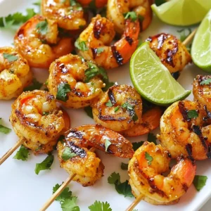 - 1 lb large shrimp (peeled and deveined) - 2 tablespoons olive oil - 2 tablespoons freshly squeezed lime juice - 1 tablespoon chipotle powder - 1 teaspoon garlic powder - 1 teaspoon smoked paprika - 1 teaspoon ground cumin - 1 teaspoon honey - Salt and pepper to taste - Fresh cilantro, chopped, for garnish - Lime wedges, for serving - Skewers (wooden or metal) For this recipe, I use large shrimp. They hold up well on skewers and taste great. You can find them easily at your local store. The olive oil helps the spices stick, while lime juice adds a bright taste. Chipotle powder gives a nice kick and smoky flavor. Garlic powder, smoked paprika, and cumin bring warmth and depth to the dish. Honey balances the spice with a hint of sweetness. I always recommend using fresh lime juice. It brightens up the shrimp. Don't forget salt and pepper to season! Fresh cilantro makes for a lovely garnish. It adds color and freshness. Lime wedges on the side give you a zesty option when serving. Make sure you have skewers ready. If you use wooden skewers, soak them in water first. This step prevents them from burning on the grill. With all these ingredients, you are set to make a tasty dish. {{ingredient_image_2}} To start, we need to prepare the marinade. In a large bowl, mix together: - 2 tablespoons olive oil - 2 tablespoons freshly squeezed lime juice - 1 tablespoon chipotle powder - 1 teaspoon garlic powder - 1 teaspoon smoked paprika - 1 teaspoon ground cumin - 1 teaspoon honey - Salt and freshly ground pepper to taste Whisk these ingredients well. This mix brings depth and flavor to our shrimp. Next, add the shrimp to the marinade. Make sure each shrimp is well coated. Cover the bowl with plastic wrap and place it in the fridge for at least 30 minutes. If you have time, let it marinate for up to 2 hours. This will enhance the flavor even more. If using wooden skewers, soak them in water for 30 minutes. Soaking helps prevent them from burning on the grill. While the skewers soak, preheat your grill or grill pan to medium-high heat. This ensures the skewers will cook the shrimp evenly and quickly. Now it’s time to assemble the skewers. Carefully thread about 5-6 marinated shrimp onto each skewer. Space them out to allow even cooking. Once the skewers are ready, place them on the preheated grill. Grill each skewer for about 2-3 minutes on one side. Then flip and grill for another 2-3 minutes. The shrimp will turn opaque when done. Be careful not to overcook them; they can become tough if left too long. Keep an eye on the color and texture to know they are ready. To get the best shrimp, avoid overcooking them. Shrimp cook fast, taking only 2-3 minutes per side. When they turn opaque and pink, they are ready. If you grill them too long, they will get tough. To keep shrimp moist, use a good marinade. Olive oil and lime juice work well. Let the shrimp soak in the marinade for at least 30 minutes. This adds flavor and helps the shrimp stay juicy while cooking. Garnishing with cilantro makes your dish pop. Fresh cilantro adds color and flavor. Just sprinkle it over the skewers before serving. For serving, lime wedges are great. They add freshness and a zesty kick. Place lime wedges around the skewers when you serve them. This makes the plate look nice and inviting. When picking skewers, you can use wooden or metal ones. Wooden skewers are cheap and good for grilling. Just soak them in water for 30 minutes to avoid burning. Metal skewers are reusable and heat up fast. They keep food from slipping off easily. If you don’t have skewers, you can use toothpicks for smaller pieces. Just make sure to soak them too if they are wooden. Pro Tips Marinate Longer for More Flavor: If time permits, marinate the shrimp for up to 2 hours to enhance the flavors. The longer the shrimp sit in the marinade, the more they absorb the delicious spices. Use Fresh Ingredients: Whenever possible, opt for fresh lime juice and high-quality olive oil. Fresh ingredients will elevate the taste of your skewers significantly compared to bottled alternatives. Monitor Cooking Time: Be sure to keep an eye on the shrimp while grilling. They cook quickly, usually in about 2-3 minutes per side, and can become tough if overcooked. Experiment with Vegetables: Feel free to add bell peppers, red onion, or zucchini to your skewers. They not only add color and texture but also complement the shrimp beautifully. {{image_4}} To add a kick to your skewers, mix in extra spices. You can use cayenne pepper or red pepper flakes. Start with a small amount and taste as you go. This way, you adjust the heat to your liking. The chipotle powder already brings some spice, but more can make it fiery. You can swap shrimp for other seafood like scallops or chunks of fish. Adjust cooking times based on what you choose. For instance, scallops cook faster than shrimp. Fish like tuna takes a bit longer. Always check for doneness; seafood should be opaque and flake easily. To make these skewers vegetarian, use fresh vegetables. Bell peppers, zucchini, and red onions work great. Cut them into bite-sized pieces for even cooking. Grill them for about 8-10 minutes, turning often. You can brush them with the same marinade for flavor. Enjoy a delicious, meat-free option! To keep your Chipotle Lime Shrimp Skewers fresh, refrigerate them right after serving. Place the cooked skewers in an airtight container. Make sure they cool down before sealing the container. This helps keep them juicy. They should last in the fridge for up to three days. You can freeze the marinated shrimp if you want to save time for later. Place the shrimp in a freezer-safe bag. Remove as much air as possible before sealing. They can stay in the freezer for up to three months. When you want to use the shrimp, take them out of the freezer. Put them in the fridge overnight to thaw. If you need them fast, you can thaw them in cold water for about 30 minutes. To reheat, grill them on medium heat for 2-3 minutes, flipping once. This keeps the shrimp tender and tasty. Enjoy your easy meal any day! Yes, you can prepare Chipotle Lime Shrimp Skewers in advance. Marinate the shrimp and keep them in the fridge. You can marinate them for up to two hours. If you want to save time, you can also skewer them ahead of time. Just cover them and store them in the fridge. Grill them just before serving for the best taste. You can tell the shrimp are done grilling when they turn opaque and curl slightly. This usually takes about 2-3 minutes per side. If you see a pink color and they feel firm, they are ready to eat. Be careful not to overcook them. Overcooked shrimp can become tough. Chipotle Lime Shrimp Skewers pair well with many sides. Here are some great options: - Cilantro lime rice - Grilled corn on the cob - Fresh guacamole and tortilla chips - A light salad with avocado and tomatoes - Roasted vegetables seasoned with lime These sides will add freshness and balance to your meal. You now have a clear path to making delicious Chipotle Lime Shrimp Skewers. We covered the needed ingredients, how to marinate and grill the shrimp, and tips for perfect results. You learned about variations, storage, and answers to common questions. These skewers are an easy and tasty dish for any occasion. Enjoy creating this fun meal that can impress family and friends. Happy grilling!
