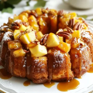 - 2 cans (16 oz each) refrigerated biscuit dough - 3 medium apples, peeled and diced into bite-sized pieces - 1 cup packed brown sugar - 1/2 cup granulated sugar The main ingredients are simple and easy to find. I love using refrigerated biscuit dough for a quick and tasty base. Apples add a fresh crunch and sweetness. Brown sugar gives a rich flavor, while granulated sugar helps with caramelizing. - 1/2 cup chopped pecans (optional for added crunch) - 1 cup caramel sauce (store-bought or homemade) If you want some extra crunch, add pecans. They bring a nice texture. Caramel sauce is a must. You can buy it or make it at home if you're feeling adventurous. - 1 tablespoon ground cinnamon - 1/2 teaspoon vanilla extract Cinnamon adds warmth and depth to your dish. I like to use a good amount to enhance the apple flavor. Vanilla extract adds a lovely aroma and ties all the flavors together. Now you know what ingredients to gather! Each one plays a part in making your Caramel Apple Monkey Bread tasty and fun. {{ingredient_image_2}} - Generously grease the bundt pan with non-stick spray or softened butter. This helps the monkey bread come out easily. - Preheat your oven to 350°F (175°C) so it's ready for baking. - In a large bowl, mix the diced apples with granulated sugar and half of the cinnamon. Toss them gently to coat well. - Set the mixture aside for a few minutes. This helps the flavors blend and taste better. - Open the cans of biscuit dough. Cut each biscuit into four pieces. - In another bowl, mix the biscuit pieces with melted butter, brown sugar, the rest of the cinnamon, and vanilla extract. Toss well to coat every piece. - If you want pecans, sprinkle half at the bottom of the greased bundt pan. - Start layering: add half of the coated biscuit pieces, then half of the apples. Layer the rest of the biscuit dough and finish with the remaining apples. - Pour the rest of the melted butter and caramel sauce over the top. This makes it extra tasty. - Bake for about 35-40 minutes. The top should turn golden brown. A toothpick should come out clean when you test it. - Let the monkey bread cool in the pan for about 10 minutes. Carefully invert it onto a serving platter. - Drizzle extra caramel sauce on top before serving. This adds sweetness and looks great. - Serve warm and consider adding a sprinkle of chopped pecans for texture. You can also offer a bowl of caramel sauce on the side. To get a great monkey bread, you need even cooking and browning. Start by greasing your bundt pan well. Use non-stick spray or soft butter. This helps the bread come out easily after baking. When cutting the biscuit dough, I like to use a sharp knife or kitchen scissors. Cut each biscuit into four pieces. Make sure they are about the same size. This helps them cook evenly. Spices can add a fun twist to your monkey bread. You can try adding a dash of nutmeg or allspice for a warm taste. Just remember, a little goes a long way! Choosing the right apples is key too. I love using Granny Smith apples. They add a nice tart flavor. You can also use Honeycrisp or Fuji apples for sweetness. Mix different types for more depth. For a special occasion, make your presentation pop! Serve the monkey bread warm on a pretty plate. You can sprinkle chopped pecans on top for some crunch. Pair this treat with a warm drink. A cup of apple cider or a latte works well. You can also serve it with extra caramel sauce for dipping. It makes every bite even sweeter! Pro Tips Use Fresh Apples: For the best flavor and texture, opt for firm, tart apples like Granny Smith. They hold up well during baking and provide a nice contrast to the sweetness of the caramel and sugar. Customize Your Nuts: Feel free to swap out pecans for walnuts or almonds based on your preference. Toasting the nuts before adding them enhances their flavor and crunch. Check for Doneness: Ovens can vary, so keep an eye on your monkey bread. It should be golden brown on top, and a toothpick inserted into the center should come out clean to ensure it’s fully baked. Storage Tips: Store any leftovers in an airtight container at room temperature for up to 2 days. Reheat in the microwave for a few seconds to enjoy it warm again! {{image_4}} You can make this caramel apple monkey bread even more fun with some tasty twists. One great option is a chocolate chip version. Just add half a cup of chocolate chips to the biscuit mixture. They melt and create a sweet surprise in every bite. Another fun idea is a cinnamon roll variation. Use cinnamon roll dough instead of biscuit dough. Slice the rolls into pieces and layer them with apples and caramel. This gives a nice twist to the classic recipe. You can switch up the fruits based on the season. If you have pears or peaches, feel free to use them. They bring a fresh taste that pairs well with caramel. Just make sure to chop them into small pieces, like the apples. Adding seasonal spices can also enhance the flavor. Nutmeg and allspice are great choices for fall. Just sprinkle in a little when mixing the apples. They add warmth and depth to the dish. If you need a gluten-free option, use gluten-free biscuit dough. Many brands offer this, so you have choices. Just follow the same steps for mixing and baking. For a vegan version, replace the butter with plant-based butter. Use a vegan caramel sauce too. Many stores carry these now, making it easy to enjoy this treat without dairy products. You can store leftover caramel apple monkey bread at room temperature for up to two days. If it is very warm or humid, put it in the fridge. Use an airtight container to keep it fresh. This will help prevent it from drying out. The best way to reheat monkey bread is in the oven. Preheat your oven to 350°F (175°C). Place the monkey bread on a baking sheet. Cover it loosely with foil to keep it moist. Heat for about 10-15 minutes. You can also use a microwave. Heat in short bursts of 15 seconds to avoid drying it out. If it seems a bit dry, drizzle a little caramel sauce on top before reheating. You can freeze the monkey bread if you want to save some for later. Wrap it tightly in plastic wrap and then in foil. This prevents freezer burn. It can last for up to three months in the freezer. When you're ready to eat it, take it out and let it thaw in the fridge overnight. To reheat, follow the oven method mentioned earlier. This will help restore its fresh taste and texture. Yes, you can use homemade biscuit dough. It can add a fresh taste to your monkey bread. When using homemade dough, make sure it's soft and not too sticky. Roll it into small balls to help with even cooking. If you prefer store-bought dough, it saves time and works well. Just ensure you follow the same cutting and coating steps. To prevent sticking, grease your bundt pan well. Use non-stick spray or softened butter. Make sure to cover all the corners and edges. You can also dust the greased pan with flour to create a barrier. This extra step helps the monkey bread slide out easily after baking. This dish pairs well with many sides and drinks. Here are some ideas: - Fresh fruit salad - Vanilla ice cream - Hot coffee or tea - Sweet cider - Whipped cream for dipping These options make your meal more fun and tasty. To check if the monkey bread is done, use a toothpick. Insert it into the center of the bread. If it comes out clean, your monkey bread is ready. The top should be golden brown too. If the toothpick has wet dough on it, bake for a few more minutes. In this post, we explored how to make delicious Caramel Apple Monkey Bread. You learned about key ingredients, including biscuit dough, apples, and spices. The step-by-step instructions guided you through prepping, baking, and serving. We also covered tips for perfecting your monkey bread and variations to try. As you dive into this tasty treat, remember that creativity makes cooking fun. Enjoy experimenting with flavors and share this delightful recipe with others. Happy baking!