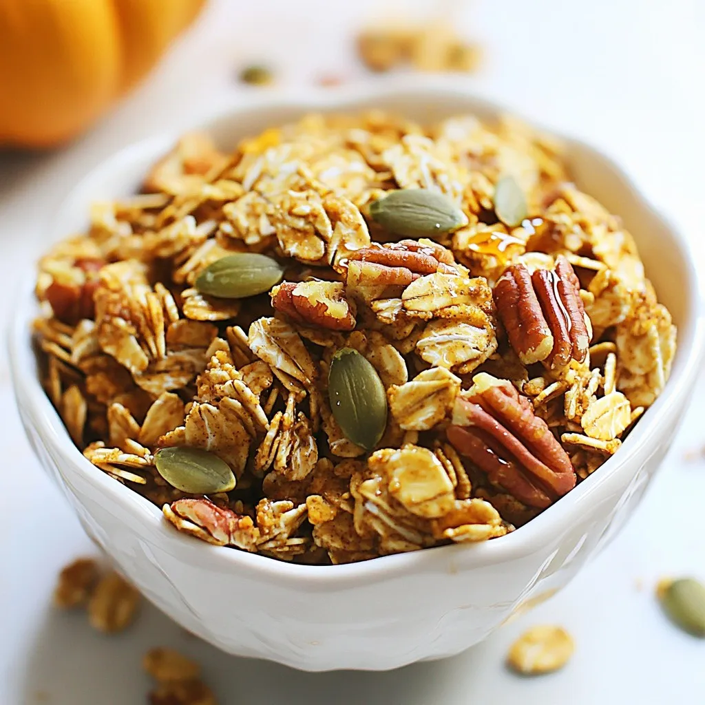 To make delicious pumpkin spice granola, gather the following ingredients: - 3 cups rolled oats - 1 cup pumpkin seeds - 1/2 cup chopped pecans - 1/2 cup unsweetened shredded coconut - 1/2 cup honey or maple syrup - 1/4 cup coconut oil, melted - 1 cup canned pumpkin puree - 1 teaspoon pure vanilla extract - 2 teaspoons pumpkin pie spice - 1/2 teaspoon sea salt - Optional: 1/2 cup dried cranberries or raisins Each ingredient plays a role in creating rich flavor and great texture. Rolled oats provide a hearty base. Pumpkin seeds add a nice crunch, while pecans give a sweet, nutty flavor. The coconut adds a chewy texture. Honey or maple syrup brings sweetness and binds everything together. Coconut oil adds healthy fats, and canned pumpkin puree gives moisture and that lovely pumpkin taste. Vanilla extract enhances the flavor, and pumpkin pie spice brings warmth and depth. Sea salt balances the sweetness perfectly. You can also mix in dried cranberries or raisins for extra sweetness if you like. These ingredients come together to form a tasty granola that is perfect for fall. Enjoy! {{ingredient_image_2}} - Set temperature to 350°F (175°C). - Prepare baking sheet with parchment paper. Start by preheating your oven. This step is key for the perfect bake. While the oven heats, grab a large baking sheet and line it with parchment paper. This makes cleanup easy and helps the granola cook evenly. - Combine oats, seeds, nuts, coconut, spices, and salt. - Ensure all dry ingredients are well mixed. Next, take a big mixing bowl. Add rolled oats, pumpkin seeds, and chopped pecans. Then, toss in the unsweetened shredded coconut, pumpkin pie spice, and sea salt. Use a spatula or spoon to mix well. You want every bite to have the same great flavor. - Whisk honey/maple syrup, coconut oil, pumpkin puree, and vanilla. - Create smooth pumpkin base for mixing. In another bowl, combine honey or maple syrup with melted coconut oil. Add canned pumpkin puree and pure vanilla extract. Whisk until smooth and creamy. This pumpkin mix is where the magic happens. - Gently fold wet mixture into dry ingredients. - Ensure full coating for flavor and texture. Now, carefully pour the wet mixture over the dry ingredients. Fold them together gently with a spatula. Make sure all the oats and nuts are well coated. This step is crucial for a tasty, crunchy granola. - Transfer to baking sheet and spread evenly. - Bake for 25-30 minutes, stirring halfway for even browning. Transfer your granola mix onto the prepared baking sheet. Spread it out evenly, pressing it down slightly. This helps it clump together while baking. Place the sheet in the oven and bake for 25-30 minutes. Remember to stir halfway through to achieve a golden brown color. - Cool completely before mixing in dried fruits. - Store in airtight container. Once baked, remove the granola from the oven. Let it cool completely on the baking sheet. Cooling helps it stick together in clusters. After it's cool, you can mix in dried cranberries or raisins if you like. Finally, store the granola in an airtight container. Enjoy the crunch for weeks! To get those perfect clusters in your granola, press it down before baking. This helps it stick together. Once it's done baking, let it cool completely on the sheet. Cooling helps keep those yummy clumps intact when you store it. Want to boost the flavor? Add a splash of vanilla or a dash of cinnamon. Both add a nice depth to your granola. You can also try different nuts or seeds. Almonds, walnuts, or sunflower seeds work great. This granola is super versatile. You can eat it with yogurt or milk for breakfast. It also makes a great snack on its own. For extra fun, add toppings like fresh fruit or more nuts. These add color and crunch, making your meal even more delightful. Pro Tips Use Fresh Spices: For the best flavor, always use fresh pumpkin pie spice. If you have the ingredients, consider making your own blend for a more vibrant taste. Customize Sweetness: Adjust the amount of honey or maple syrup according to your taste preference. You can also substitute with agave syrup for a vegan option. Storage Matters: Store your granola in an airtight container to keep it fresh. For added crunch, you can even keep it in the refrigerator. Mix and Match Nuts: Feel free to substitute or add other nuts like almonds or walnuts based on your preference. Each nut brings its unique flavor and texture to the granola. {{image_4}} If you want a gluten-free version, use gluten-free oats. They work just as well. This swap keeps your granola tasty without the gluten. If you have nut allergies, try using seeds instead of nuts. Sunflower seeds or pumpkin seeds can add crunch and flavor. To make it less sweet, reduce the honey or maple syrup. You can also try using agave syrup or stevia. These options can help balance the flavor without losing that yummy taste. For more fun flavors, try adding apple pie spice or nutmeg. These spices can give your granola a warm, cozy feeling. If you like chocolate, mix in some chocolate chips. They add a sweet touch that pairs nicely with pumpkin spice. To keep your pumpkin spice granola fresh, store it in an airtight container. This prevents air from making it stale. Place the container in a cool, dry spot. Avoid damp places to maintain that crunchy texture. You can enjoy your granola for up to two weeks. It tastes best when fresh. If you want to save it longer, consider freezing it. Just make sure you store it in a freezer-safe container. If you want to warm it up, lightly heat granola in the oven. Set the oven to a low temperature and watch closely. For quick heat, you can use the microwave. Just heat in short bursts to avoid overdoing it. Yes, you can use fresh pumpkin. Fresh pumpkin gives a nice texture. It has more moisture, which can change your granola's crunch. To use it, roast the pumpkin first. Cut it in half, scoop out seeds, and bake until soft. Then, blend it until smooth. This way, you still get that great pumpkin flavor. You can make this granola vegan easily. Just swap honey for maple syrup. It adds sweetness without animal products. For the coconut oil, use any plant-based oil. This keeps the granola rich and tasty. You can also skip any dairy toppings. Use almond milk or coconut yogurt for a creamy touch. Absolutely, this granola is great for meal prep! You can portion it into jars for easy grab-and-go breakfasts. Store it in an airtight container to keep it fresh. It can last for weeks without losing crunch. Make a big batch, and enjoy it all week long! This blog post covers how to make a delicious granola with rolled oats, pumpkin, and nuts. We discussed each step, from mixing dry and wet ingredients to baking and cooling the granola. I shared tips for creating clusters, enhancing flavor, and suggested sweetener options. You can store this granola easily and enjoy it for up to two weeks. Remember, you can customize it for your taste and dietary needs. Making your granola at home is simple and rewarding! Enjoy your tasty, homemade snack.