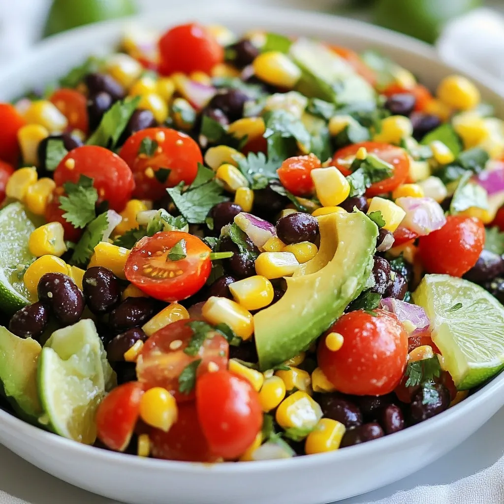 - 2 ripe avocados, diced into bite-sized pieces - 1 can (15 oz) black beans, thoroughly rinsed and drained - 1 cup cherry tomatoes, halved for sweetness - 1 medium red bell pepper, diced for crunch - 1 small red onion, finely chopped for flavor - 1 cup corn kernels (can be fresh, frozen, or canned) - 1/4 cup fresh cilantro, roughly chopped for freshness - Juice of 2 limes for tanginess - 2 tablespoons extra virgin olive oil for richness - 1 teaspoon ground cumin to add depth - 1/2 teaspoon chili powder for a hint of spice - Salt and pepper to taste for seasoning You can swap the avocados for diced mango if you want a sweeter taste. If you do not have black beans, use pinto beans instead. For a lighter flavor, try using lime zest instead of juice. You can also change the bell pepper color to yellow or green. If you prefer, use green onions instead of red onion for a milder flavor. Each serving of this salad contains about 250 calories. You get around 12 grams of protein and 15 grams of healthy fats. The salad is also high in fiber, with about 10 grams per serving. It is a great source of vitamins A and C, thanks to the bell pepper and tomatoes. Plus, it offers minerals like iron and potassium from the black beans and avocados. Enjoy this salad knowing it is not just tasty but also good for you! {{ingredient_image_2}} To make this salad, start by gathering your ingredients. You will need ripe avocados, black beans, cherry tomatoes, red bell pepper, red onion, corn, and fresh cilantro. You will also need lime juice, olive oil, ground cumin, chili powder, salt, and pepper. This salad is simple and quick, taking only about 15 minutes to prepare. In a large mixing bowl, carefully add the diced avocados. Next, add the rinsed black beans, halved cherry tomatoes, diced red bell pepper, and corn. Mix all these ingredients gently. Be careful not to mash the avocados. Once combined, fold in the finely chopped red onion and the cilantro. This adds color and flavor to your salad. In a small bowl, whisk together the lime juice, olive oil, ground cumin, and chili powder. Add a pinch of salt and pepper for taste. Whisk until everything blends well. This dressing will boost the flavors in your salad. Once the dressing is ready, drizzle it over the salad mixture. Use a gentle folding motion to mix it all together. Taste the salad and add more salt or pepper if you like. Serve your salad right away for the best flavor and freshness. To keep avocados fresh, store them properly. Place a whole avocado in the fridge. This slows down ripening. Once you cut it, keep the pit in. This helps reduce browning. Brush the cut surface with lime juice. Lime juice slows oxidation. Wrap the avocado tightly in plastic wrap. This limits air exposure. Enjoy your avocado in a day or two for the best taste. Serve the avocado black bean salad chilled. It tastes best fresh. Use a large bowl for sharing. For individual portions, use small bowls. Garnish with extra cilantro and lime wedges. This adds color and freshness. You can also add tortilla chips for crunch. They make a great side or topping. Pair this salad with grilled chicken or fish. The flavors blend well together. You can also serve it as a side dish. It goes well with tacos or burritos. For a light meal, add quinoa or brown rice. This makes it heartier. Enjoy the salad with a refreshing drink, like iced tea or lemonade. These drinks complement the salad's flavors beautifully. Pro Tips Choose Ripe Avocados: Select avocados that are slightly soft to the touch but not overly mushy for the best texture in your salad. Fresh Ingredients Matter: Whenever possible, use fresh ingredients, especially the corn and cilantro, to enhance flavor and nutrition. Customize Your Spice Level: Adjust the chili powder to your taste; for a milder salad, use less, or for more heat, add a pinch of cayenne pepper. Serve Immediately: For the best taste and presentation, serve the salad right after preparing to maintain the freshness of the ingredients. {{image_4}} To spice things up, add fresh jalapeños. Dice one or two, depending on your taste. You can mix them in with the other ingredients. This adds a nice kick to the salad. Another option is to use hot sauce in the dressing. Just a few drops can elevate the heat. Enjoy this version if you like it hot! For a fruity twist, add ripe mango. Dice one mango and mix it in. The sweet and juicy mango pairs well with the creamy avocado. It adds a tropical flavor that brightens the salad. You can also add a splash of orange juice to the dressing for more zest. If you want a low-carb option, swap out the corn for zucchini noodles. Use a spiralizer to create noodles from fresh zucchini. This keeps the salad light and fresh. Mix the zucchini noodles with all other ingredients. You’ll get all the flavors without the carbs. Enjoy this healthy twist without missing out on taste! To keep your avocado black bean salad fresh, store it in an airtight container. This helps keep the flavors intact. If you have leftover salad, try to eat it within two days. The avocado can brown over time, so it’s best to consume it quickly. When prepping, chop ingredients and store them separately. Keep the dressing in a small jar. Combine everything just before serving. This way, the salad stays fresh and tasty. You can prep veggies like bell peppers and onions a day ahead. This makes meal prep easier and quicker. I do not recommend freezing this salad. The texture of the avocado and other veggies will change once frozen. If you want to save some time, you can freeze the black beans and corn. Just thaw them before making your salad. This keeps your meal prep smooth and simple. To ripen avocados, place them in a brown paper bag. The bag traps ethylene gas, which speeds up ripening. Add an apple or banana for faster results. Check the avocados daily. They should feel soft but not mushy when ready. Yes, you can make this salad ahead. However, I recommend adding the avocado just before serving. This keeps the avocado fresh and green. If you make it early, store it in the fridge. Cover it tightly with plastic wrap to limit air exposure. The salad will last about 1 to 2 days in the fridge. After that, the avocado may turn brown. If you see browning, you can scrape it off. The other ingredients should stay fresh for a bit longer. Always check for taste and texture before eating. This blog post covered all you need for making a tasty avocado black bean salad. You learned about the ingredients, how to prepare them, and smart storage tips. I shared easy ways to keep avocados fresh and offered fun salad variations. Remember, this dish is flexible, so make it your own! Enjoy your salad now and save some for later. Whether you keep it simple or add your twist, this salad will always be a hit. Happy cooking!