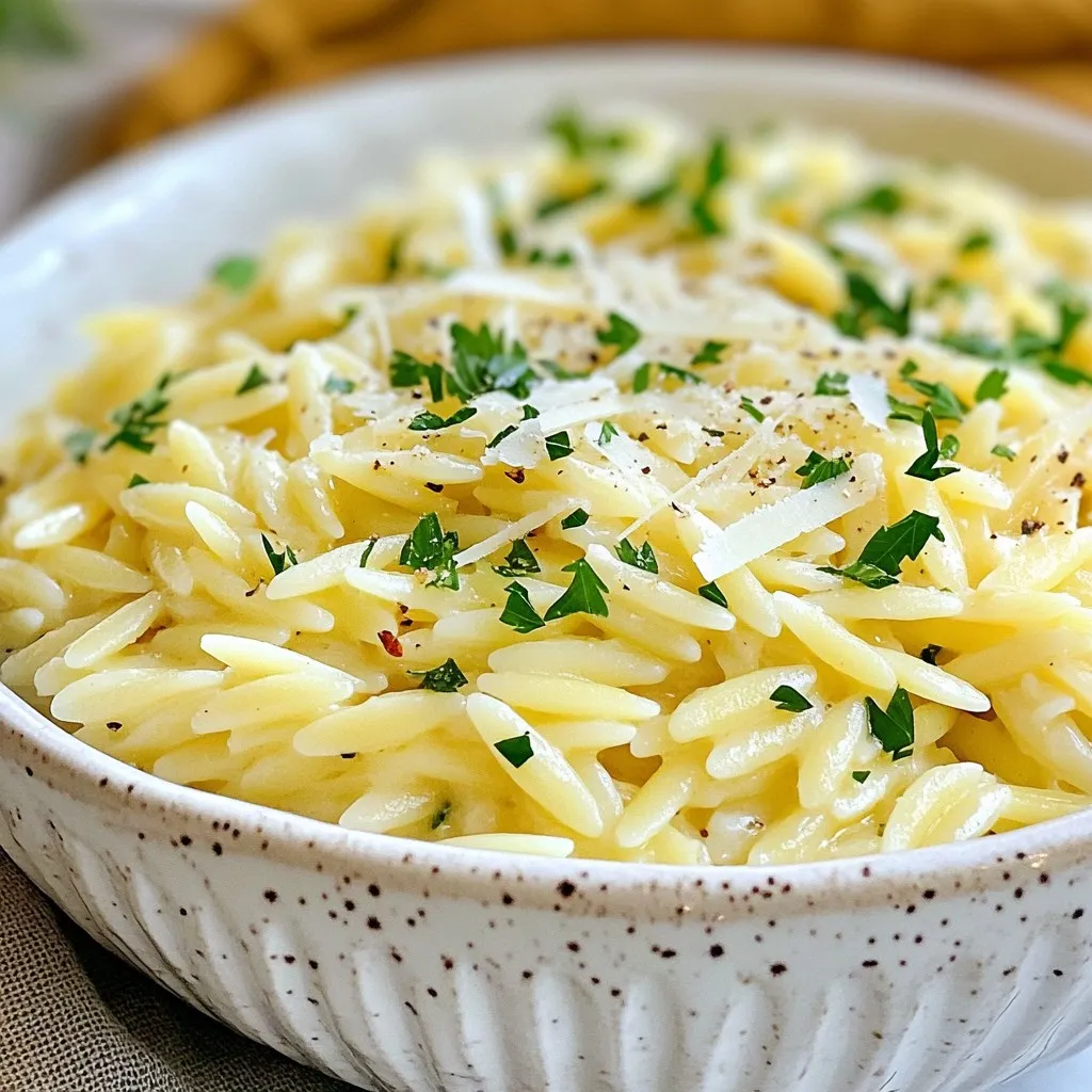 - 1 cup orzo pasta - 2 tablespoons extra virgin olive oil - 3 cloves garlic, finely minced - 2 cups low-sodium vegetable broth - 1 cup heavy whipping cream - 1 cup freshly grated Parmesan cheese - 1/2 teaspoon sea salt - 1/4 teaspoon freshly ground black pepper - 1/4 teaspoon crushed red pepper flakes (optional for heat) - 2 tablespoons fresh parsley, finely chopped (for garnish) Gather these ingredients to make creamy garlic parmesan orzo. Orzo pasta is the star of this dish. It cooks quickly and soaks up flavors well. Extra virgin olive oil adds richness and helps sauté the garlic. Fresh garlic gives a lovely aroma and taste. Low-sodium vegetable broth adds depth without being too salty. Heavy whipping cream makes it creamy and dreamy. Freshly grated parmesan cheese gives that cheesy goodness. Use sea salt and black pepper to enhance the flavor. You can add crushed red pepper flakes for a little heat. Finally, fresh parsley brightens the dish and adds color. Enjoy cooking this easy and tasty meal with these simple ingredients! {{ingredient_image_2}} Heating the Oil Start by getting a large skillet or saucepan. Pour in 2 tablespoons of extra virgin olive oil. Heat the oil over medium heat until it shimmers. This will help the flavors bloom. Sautéing the Garlic Next, finely mince 3 cloves of garlic. Add the minced garlic to the hot oil. Sauté it for about 1 minute. Stir it often until the garlic becomes fragrant and lightly golden. Be careful not to burn it! Toasting the Orzo Now, introduce 1 cup of orzo pasta to the skillet. Stir it well to coat the orzo with the oil. Toast the orzo for 1-2 minutes. This step brings out a nutty flavor that makes the dish special. Adding Broth and Simmering Carefully pour in 2 cups of low-sodium vegetable broth. Turn up the heat to bring it to a boil. Once it boils, reduce the heat to a simmer. Let it cook for about 10 minutes. Stir it occasionally until the orzo is al dente and most of the broth is absorbed. Incorporating Cream and Cheese Lower the heat again and mix in 1 cup of heavy whipping cream and 1 cup of freshly grated Parmesan cheese. Add 1/2 teaspoon of sea salt and 1/4 teaspoon of freshly ground black pepper. If you want a bit of heat, add 1/4 teaspoon of crushed red pepper flakes. Stir until the cheese melts and the sauce becomes creamy. Thickening the Sauce Remove the pan from the heat. Let the orzo rest for a couple of minutes. This will help the sauce thicken just right. Seasoning and Garnishing Finally, taste your dish. Adjust the seasoning with more salt or pepper if you need to. Just before serving, sprinkle 2 tablespoons of finely chopped fresh parsley on top. This adds a pop of color and freshness to your creamy orzo. - Achieving the perfect consistency: To get creamy orzo, use enough broth and cream. Stir often as it cooks. This keeps the orzo from sticking and helps it absorb the flavors. - Best practices for sautéing garlic: When you heat the oil, add garlic after it shimmers. Sauté for just one minute. Keep stirring to avoid burning. Golden garlic gives a great flavor. - Enhancing the flavor of orzo: Toast the orzo in the oil before adding broth. This step adds a nutty taste. You can also try adding a pinch of salt and red pepper flakes for extra flavor. - Pairing with proteins or vegetables: Creamy garlic Parmesan orzo works well with grilled chicken or roasted vegetables. It also pairs nicely with shrimp or sautéed greens. These add color and taste. - Creative presentation ideas: Serve orzo in shallow bowls for a nice look. Drizzle some olive oil on top. Add extra cheese and parsley for a pop of color. This makes the dish more inviting. Pro Tips Use Fresh Garlic: Fresh garlic will give your dish a more vibrant flavor compared to pre-minced options. Always opt for fresh when possible! Choose Quality Parmesan: For the best flavor, use a high-quality block of Parmesan cheese and grate it yourself rather than using pre-grated cheese. Adjust Consistency: If the sauce is too thick, you can thin it out with a splash of additional vegetable broth or cream to reach your desired consistency. Customize Your Dish: Feel free to add in cooked vegetables like spinach or mushrooms for extra nutrition and flavor. This will take your orzo to the next level! {{image_4}} You can change the cheese in this dish. Try using mozzarella or gouda for a different taste. Both melt well and add creaminess too. If you want to go vegan, use cashew cream instead of heavy cream. Nutritional yeast can replace Parmesan cheese for a cheesy flavor without dairy. Spices and herbs can really boost the flavor. Add a pinch of thyme or oregano for warmth. Fresh basil adds a nice touch too. You can also toss in some veggies like spinach or mushrooms. They add color and nutrients. Sauté them with the garlic for extra flavor. Try different combinations to find your favorite! To keep your creamy garlic Parmesan orzo fresh, store it in an airtight container. Place it in the fridge within two hours of cooking. It stays good for about three to four days. If you want to save it for longer, you can freeze it. Pour the orzo into a freezer-safe container, leaving space for expansion. It will last for about two months in the freezer. When you want to enjoy your leftovers, reheat them well. Add the orzo to a saucepan over low heat. Add a splash of broth or cream to keep it creamy. Stir it often until it gets warm. If using a microwave, place it in a bowl and cover it. Heat in short bursts, stirring in between. This way, your orzo stays creamy and delicious! How do I know when the orzo is perfectly cooked? You can tell the orzo is ready when it is al dente. This means it should be firm but not hard. Taste a piece to check. The orzo should have a slight bite to it. You should see that most of the broth is absorbed too. Can I make this dish ahead of time? Yes, you can make creamy garlic parmesan orzo ahead of time. Just cook it and let it cool. Then store it in the fridge in an airtight container. It stays fresh for about three days. When you are ready to eat, just reheat it on the stove. You may need to add a splash of cream or broth to keep it creamy. What can I serve with creamy orzo? Creamy orzo pairs well with many dishes. You can serve it with grilled chicken or roasted vegetables. It also tastes great with shrimp or a fresh salad. For a fun twist, try it with sautéed mushrooms or spinach. Each option adds flavor and makes your meal complete. This blog post walked you through making creamy garlic parmesan orzo. You learned about the key ingredients, step-by-step cooking methods, and important tips. We covered serving suggestions and variations for your orzo. Finally, I shared how to store and reheat leftovers. Use these ideas to bring flavor to your meals. Cooking this dish can be fun and rewarding! Enjoy your creamy garlic parmesan orzo and let your palate rejoice.