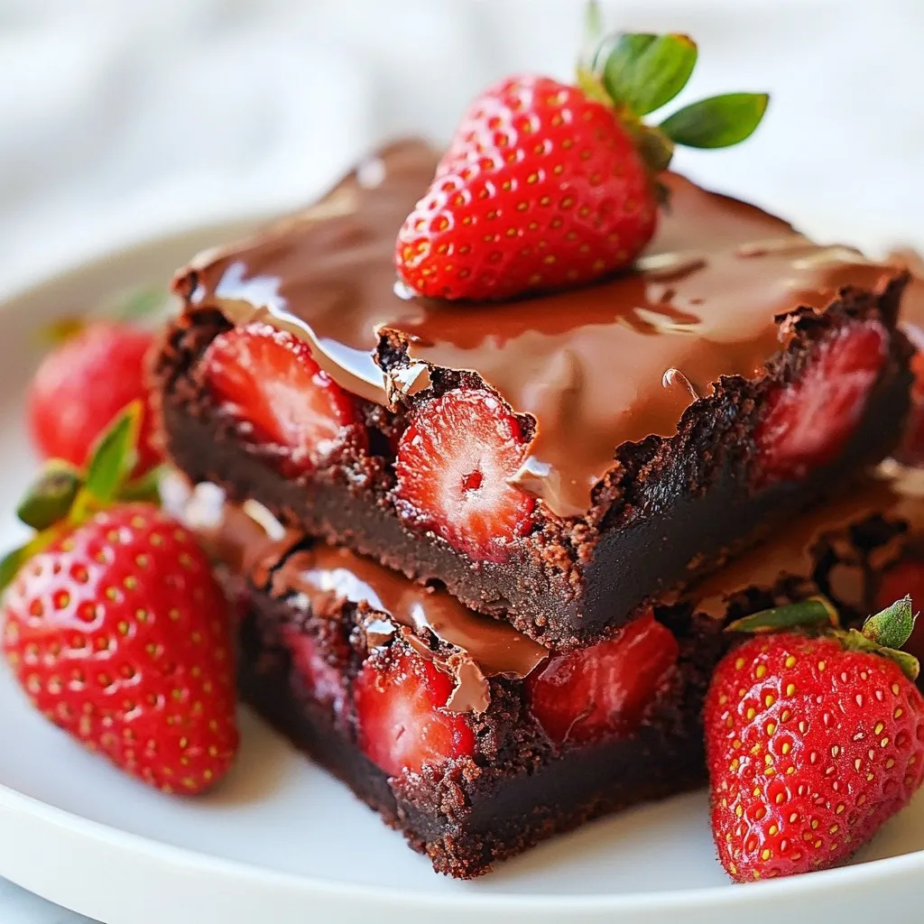 - 1 cup unsalted butter, melted - 2 cups granulated sugar - 4 large eggs - 1 teaspoon vanilla extract - 1 cup all-purpose flour - 1 cup cocoa powder - 1/2 teaspoon salt - 1/2 teaspoon baking powder - 1 cup strawberries, chopped - 1 cup semi-sweet chocolate chips - 1 tablespoon vegetable oil - Extra strawberries for garnish When making chocolate covered strawberry brownies, start with fresh ingredients. The quality of your butter and chocolate makes a big difference. I always use unsalted butter to control the salt level. Granulated sugar gives the brownies a nice sweetness. Eggs add moisture and help bind everything together. - Different chocolate types (dark, milk, white) - Additional fruits (raspberries, bananas) Feel free to customize! You can swap semi-sweet chocolate for dark or white chocolate. Adding fruits like raspberries or bananas can give a new twist to the flavor. - Mixing bowls - Whisk or spatula - 9x13 inch baking pan - Parchment paper - Wire rack Gather your tools before you start. A whisk helps mix the wet ingredients well. Using a spatula ensures you get every bit of batter into the pan. Parchment paper makes it easy to lift out the brownies when they are done. A wire rack cools them evenly. {{ingredient_image_2}} - Preheat oven to 350°F (175°C) - Prepare the baking pan with parchment paper Start by preheating your oven to 350°F (175°C). This step is key for even baking. Next, grab a 9x13 inch baking pan. Line it with parchment paper. Make sure to leave some paper hanging over the edges. This helps lift the brownies out later. - Combine melted butter and sugar - Add eggs and vanilla extract In a large bowl, mix melted butter and granulated sugar. Use a whisk or spatula. Blend until the mix is smooth and creamy. Now, add in four large eggs. Mix them in one by one. This helps add air, making the brownies fluffy. Don't forget to blend in the vanilla extract for extra flavor! - Whisk together dry ingredients - Fold dry ingredients into wet mixture In another bowl, whisk together the flour, cocoa powder, salt, and baking powder. Mix these dry ingredients well. Next, gently fold this dry mix into the wet mixture. Do this carefully. You want to combine them until no dry flour shows. Avoid overmixing to keep the brownies soft. - Gently fold in chopped strawberries - Spread batter in pan and bake Now, gently fold in the chopped strawberries. This adds bursts of fruit flavor. Pour the brownie batter into the prepared pan. Use a spatula to spread it evenly. Bake in the oven for 25-30 minutes. Check if they are done by inserting a toothpick. It should come out with a few moist crumbs. - Melt chocolate chips with vegetable oil While the brownies bake, it's time to melt the chocolate. Combine the chocolate chips and vegetable oil in a heat-safe bowl. You can melt it in the microwave or use a double boiler. Stir often until it's smooth and shiny. - Cool brownies and pour chocolate topping - Garnish with extra strawberries After baking, cool the brownies in the pan for about 10 minutes. Then, transfer them to a wire rack. Let them cool completely. Once cool, pour the melted chocolate over the brownies. Use a spatula to spread it all over. Decorate with extra strawberries on top. Allow the chocolate to set before slicing into squares. Enjoy every bite! To create the perfect brownie, avoid overmixing. This keeps the texture fudgy and rich. When you mix too much, the brownies can turn out dry. Use room temperature ingredients. This helps them mix better and creates a smooth batter. For melting chocolate, I recommend using a double boiler. This method heats the chocolate evenly. Stir the chocolate often to prevent burning. If you choose the microwave, melt in short bursts. Stir in between to keep it smooth. Dust the top with powdered sugar for a lovely touch. It adds a nice contrast to the dark chocolate. Serve the brownies with freshly whipped cream. This adds a light and fluffy texture that pairs well with the rich brownie. Pro Tips Use Room Temperature Ingredients: Allow your eggs and butter to come to room temperature before mixing. This will help create a smoother batter and improve the texture of your brownies. Don’t Overmix the Batter: When combining the wet and dry ingredients, mix just until no dry flour is visible. Overmixing can lead to tough brownies. Quality Chocolate Matters: Use high-quality semi-sweet chocolate chips for melting and topping. The better the chocolate, the richer the flavor of your brownies. Chill Before Serving: For even better flavor, chill the brownies in the refrigerator for a couple of hours after cutting. This allows the flavors to meld together beautifully. {{image_4}} You can easily change the flavor of your brownies. Here are a few fun ideas: - Add nuts: Chopped walnuts or pecans add a nice crunch. - Use flavored extracts: Try almond or mint extract for a twist. These small changes can make your brownies unique and exciting. Many people have different diets. You can easily adapt this recipe to fit those needs: - Gluten-free options: Use almond flour instead of all-purpose flour. This keeps the brownies tasty and safe for gluten-sensitive eaters. - Vegan substitutions: Replace the eggs with flax eggs. You can also swap butter for coconut oil. These changes keep the richness while being plant-based. These options help everyone enjoy delicious brownies. Presentation matters! Here are some creative ways to make your brownies pop: - Swirl in peanut butter or caramel: This adds a lovely design and extra flavor. - Drizzle with white chocolate: It brings a sweet contrast to the dark chocolate. These decorative ideas make your brownies look as good as they taste! To keep your brownies fresh, use an airtight container. This helps prevent them from drying out. Store the container in the refrigerator. This simple step keeps the chocolate covered strawberry brownies tasty for longer. You can freeze brownies for later use. First, let them cool completely. Wrap each brownie in plastic wrap. Then, place them in a freezer bag. This will keep them fresh for up to three months. When you want to eat one, take it out and let it thaw at room temperature. For a warm treat, microwave it for a few seconds. At room temperature, these brownies last about three days. Keep them in a cool, dry area. To maximize freshness, cover them well. Using parchment paper or a plate can help too. Enjoy your chocolate covered strawberry brownies at their best! To check if your brownies are done, use a toothpick. Insert it into the center of the brownies. If it comes out with a few moist crumbs, they are ready. If it comes out wet with batter, bake a little longer. Keep an eye on them, as overbaking can dry them out. Yes, you can make these brownies ahead of time. Bake them and let them cool completely. Once cooled, store them in an airtight container at room temperature. You can also freeze them for later. Just wrap them well in plastic wrap before placing them in the freezer. Thaw them overnight in the fridge when you are ready to serve. To cut brownies neatly, use a sharp knife. First, let them cool completely. You can also run the knife under hot water and then wipe it dry before slicing. This helps make clean cuts. For perfect squares, cut the brownies into rows and then into columns. Enjoy your beautifully cut brownies! These brownies combine rich chocolate and fresh strawberries for a tasty treat. We’ve covered everything from ingredients to tips for perfecting your brownies. Remember to store them right for the best taste. You can experiment with flavors and make your own unique twist. Enjoy baking these brownies, and impress your friends and family with your delicious creation!