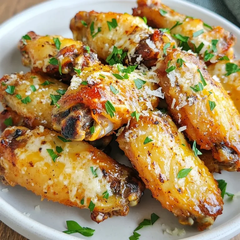 To make Garlic Parmesan Air Fryer Wings, gather these ingredients: - 2 lbs chicken wings (cut into flats and drumettes) - 4 tablespoons extra virgin olive oil - 4 cloves garlic, finely minced - 1 teaspoon onion powder - 1 teaspoon smoked paprika - 1 teaspoon Italian seasoning - 1 cup fresh grated Parmesan cheese - Salt and freshly ground black pepper to taste - Fresh parsley, chopped (for garnish) You can spice up the wings with these options: - Add cayenne pepper for heat. - Use lemon zest for a fresh kick. - Swap Italian seasoning for taco seasoning. Need replacements? Here are some easy swaps: - Olive oil can be replaced with melted butter. - Use garlic powder if you lack fresh garlic. - Grated Parmesan can be swapped for Pecorino Romano. {{ingredient_image_2}} First, rinse 2 pounds of chicken wings under cold water. Use paper towels to pat them dry. Dry wings help achieve that perfect crispiness. Make sure they are very dry before moving on. In a large mixing bowl, combine 4 tablespoons of extra virgin olive oil with 4 minced garlic cloves, 1 teaspoon of onion powder, 1 teaspoon of smoked paprika, and 1 teaspoon of Italian seasoning. Add salt and pepper to taste. Mix well until you smell the great aroma of garlic and spices. Place the dried chicken wings in the bowl with the marinade. Use your hands to toss the wings until they are fully coated. Let them sit for at least 30 minutes. If you can, refrigerate them for up to 2 hours for even better flavor. Preheat your air fryer to 380°F (190°C). Place the wings in a single layer in the air fryer basket. Cook for 25-30 minutes, flipping halfway through to ensure even cooking. Check that the internal temperature is 165°F (74°C). Once the wings are cooked, transfer them to a large bowl. Sprinkle 1 cup of fresh grated Parmesan cheese over the hot wings. Toss gently to coat each wing with cheese. For an extra crispy finish, return the wings to the air fryer for 2-3 minutes at 400°F (204°C). This adds a nice crunch to the cheese. Finally, serve the wings on a platter and garnish with chopped fresh parsley for a lovely touch! To get those crispy wings, start with dry chicken. Rinse them well, then pat them dry. This step helps the skin crisp up in the air fryer. You can also add a bit of baking powder to the marinade. This helps to create a golden, crunchy texture. Cook your wings at 380°F (190°C) for about 25 to 30 minutes. Flip them halfway through to make sure they cook evenly. For a final crispy touch, briefly raise the temperature to 400°F (204°C) and cook for 2 to 3 extra minutes. This gives a perfect finish to the wings. Serve your wings hot with tasty dipping sauces. Ranch and blue cheese are classic choices. You can also try spicy sriracha or garlic aioli for something different. Fresh veggies like celery and carrot sticks add a nice crunch on the side. Arrange them around the wings for a great presentation. Pro Tips Dry Wings for Crispiness: Ensure your wings are thoroughly dried before marinating. This helps achieve that perfect crispy texture when air frying. Marinate Longer for Flavor: For maximum flavor, marinate your wings for at least 30 minutes. If time allows, refrigerate for up to 2 hours for an even deeper flavor infusion. Don't Overcrowd the Air Fryer: Cook the wings in a single layer in the air fryer basket. Overcrowding can lead to uneven cooking and less crispy wings. Final Crisp with Parmesan: After coating the wings with Parmesan, return them to the air fryer for a few more minutes. This will enhance the flavor and give them a delightful crispy finish. {{image_4}} For those who enjoy a kick, add some heat! Mix in a teaspoon of cayenne pepper or chili powder to the marinade. You can also toss the wings in your favorite hot sauce after cooking. This will give you that spicy garlic flavor with a cheesy twist. I love how the heat complements the garlic and Parmesan. If you prefer a fresh taste, try adding lemon zest and juice to the marinade. Use a tablespoon of lemon juice and a teaspoon of zest. Toss in some fresh rosemary or thyme for extra flavor. This brightens the dish and pairs well with the garlic and cheese. The zestiness will make your taste buds dance! For a smoky-sweet flavor, mix in your favorite BBQ sauce with the marinade. Use about half a cup, and adjust to your taste. After cooking, you can drizzle more BBQ sauce over the wings. This adds a nice glaze and depth to the garlic and Parmesan. It's a fun twist that everyone will love! To store leftover wings, let them cool down first. Place them in an airtight container. You can keep them in the fridge for up to 3 days. Make sure to layer them with parchment paper if you stack them. This keeps the wings from sticking together. When you want to enjoy your leftover wings, the air fryer is the best choice. Preheat your air fryer to 350°F (175°C). Place the wings in the basket and cook for about 5 to 7 minutes. This helps to keep them crispy. Check that they are warmed through before serving. You can also use an oven if you prefer, but the air fryer works magic. If you want to save wings for later, you can freeze them. Make sure they are fully cooled before freezing. Wrap them tightly in plastic wrap, then place them in a freezer bag. They can last up to 3 months in the freezer. When you're ready to eat, thaw them in the fridge overnight before reheating. You should marinate the wings for at least 30 minutes. This allows the flavors to soak in. For even better taste, feel free to marinate them for up to 2 hours in the fridge. Yes, you can use frozen chicken wings. Just remember to thaw them first. Thawing helps the marinade stick better and enhances the flavor. The best way to reheat air fryer wings is to use the air fryer again. Preheat the air fryer to 350°F (175°C) and cook the wings for about 5-7 minutes. This keeps them crispy and tasty. You can prepare the wings ahead by marinating them. After marinating, place them in the fridge for up to 2 hours. This saves time when you’re ready to cook. Just remember to cook them fresh for the best texture and flavor. In this post, we covered how to make tasty air fryer wings from start to finish. We discussed key ingredients, cooking steps, and tips for crispiness. You learned about flavor variations and how to store leftovers. Air fryer wings are quick and fun to make. Try different seasonings to find your favorite. Enjoy your delicious wings any day of the week!