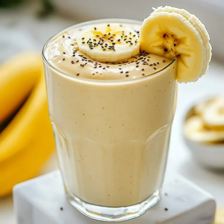 To make the Peanut Butter Banana Smoothie, you will need: - 2 ripe bananas, peeled and sliced - 2 tablespoons creamy peanut butter - 1 cup unsweetened almond milk (or your preferred milk) - 1 tablespoon honey or maple syrup (optional, adjust for sweetness) - 1 tablespoon chia seeds - ½ teaspoon pure vanilla extract - A pinch of ground cinnamon (optional, for warmth) - Ice cubes (optional, for a frosty texture) You can use many types of milk in this smoothie. Almond milk adds a light taste. Soy milk gives a creamy texture and extra protein. Oat milk is thick and sweet. Coconut milk brings a tropical flavor. Choose what you like best! If you want your smoothie sweeter, honey and maple syrup work well. You can also use agave syrup for a light flavor. If you prefer, try mashed dates or stevia. Adjust the amount based on your taste. {{ingredient_image_2}} First, gather all your ingredients. You need two ripe bananas, which add natural sweetness. Peel and slice them into smaller pieces for easy blending. Next, measure out two tablespoons of creamy peanut butter. This adds flavor and protein. For the liquid, pour one cup of unsweetened almond milk into a measuring cup. If you want extra sweetness, you can grab one tablespoon of honey or maple syrup. You will also need one tablespoon of chia seeds for added nutrition. Lastly, get half a teaspoon of pure vanilla extract and a pinch of ground cinnamon if you like a warm taste. You can add ice cubes later if you want a frosty drink. Now it’s time to blend. In a high-speed blender, add the sliced bananas, peanut butter, almond milk, honey or maple syrup, chia seeds, vanilla extract, and cinnamon. Start blending on high speed. Blend until everything is smooth and creamy. You may need to stop and scrape down the sides of the blender to mix all the ingredients well. If you want a colder smoothie, toss in a handful of ice cubes. Blend again until the mix is frothy and smooth. Taste your smoothie. If it’s not sweet enough, add more honey or maple syrup. Blend again briefly to mix it in. Pour the smoothie into clear glasses. This shows off the lovely, creamy texture. For a special touch, sprinkle some chia seeds on top or place a slice of banana on the rim of each glass. You can also use colorful straws for added fun. Enjoy your nutritious energy boost! To get the best texture, start with ripe bananas. They add natural sweetness and creaminess. Use a high-speed blender for a smooth blend. If your smoothie is too thick, add more almond milk. For a frosty drink, add ice cubes during blending. Blend until it is creamy and smooth, and don’t forget to scrape the sides of the blender if needed. Add flavor with a pinch of ground cinnamon. It gives warmth and depth. You can also try vanilla extract for a sweet touch. If you want extra sweetness, drizzle in more honey or maple syrup. For a fun twist, add a scoop of cocoa powder for a chocolatey treat. Experiment with flavors to find your favorite mix! If you have leftover smoothie, store it in a sealed jar in the fridge. It stays fresh for about 24 hours. Shake or stir well before drinking. If you want to save it longer, freeze it in ice cube trays. You can blend the cubes later for a quick snack. Just remember to drink it soon after blending for the best taste! Pro Tips Use Frozen Bananas: For an even creamier texture, freeze your bananas ahead of time. This will also make your smoothie frosty without needing extra ice. Experiment with Milk Alternatives: Try different milk alternatives such as oat milk or coconut milk for unique flavors and creaminess. Add Protein: For a protein boost, consider adding a scoop of protein powder or Greek yogurt, making this smoothie a perfect post-workout snack. Garnish Creatively: Elevate presentation by garnishing with crushed nuts or a drizzle of honey on top, making it visually appealing and even more delicious. {{image_4}} You can boost your smoothie with extra protein. This helps keep you full longer. Here are some great options: - Greek yogurt: Adds creaminess and flavor. - Protein powder: Choose your favorite type, like whey or plant-based. - Silken tofu: Adds protein without changing the taste much. These additions make your smoothie a great post-workout snack. You get energy and recovery all in one cup. Want to mix up the flavors? Adding fruits can make it fun and tasty. Here are some ideas: - Berries: Strawberries, blueberries, or raspberries add sweetness and color. - Spinach: This leafy green is mild and packs nutrients. - Mango: For a tropical twist, add fresh or frozen mango. Each fruit brings its own unique taste and health benefits. Get creative and find your favorite combo! If you want to switch up the nut butter, there are many options. Each one has its own flavor and nutrition profile: - Almond butter: A great choice for a nutty taste. - Cashew butter: Creamy and slightly sweet. - Sunflower seed butter: A good nut-free option that is also tasty. These alternatives keep your smoothie exciting and cater to different diets. Enjoy exploring new flavors! A Peanut Butter Banana Smoothie packs a punch of energy. Each serving has about 300 calories. This number can change based on your choices. If you add honey or ice, that will change the count. The bananas and peanut butter give most of the calories. - Bananas: They provide potassium and vitamin C. Two bananas add fiber and natural sweetness. - Peanut Butter: This ingredient offers healthy fats and protein. Two tablespoons give about 8 grams of protein. - Almond Milk: A cup gives you calcium and vitamin E. It keeps the smoothie creamy. - Chia Seeds: These tiny seeds add omega-3s and fiber. One tablespoon gives you extra nutrients. - Honey or Maple Syrup: They add sweetness. If you use them, adjust the amount for your taste. - Vanilla Extract: This gives it a nice flavor. Just a small amount boosts the taste. - Cinnamon: This optional spice adds warmth and flavor. It has antioxidants and gives a cozy feel. This smoothie is not just tasty; it's also good for you. The bananas help with digestion. The fiber keeps you full longer. Peanut butter gives you energy and helps repair muscles. Chia seeds add nutrients and support heart health. Almond milk is low in calories but high in nutrients. Drinking this smoothie can help you feel good and ready for your day! Yes, you can use frozen bananas. They add a nice chill to the smoothie. Frozen bananas make it creamy and thick. Just peel and slice them before freezing. They work great in this recipe. Use them instead of fresh bananas for a frosty treat. You can make your smoothie thinner by adding more liquid. Try adding extra almond milk. You can also use water or any milk you like. Start with a small amount and blend. Check the thickness and add more liquid as needed. Yes, this smoothie can easily be vegan. Use maple syrup instead of honey for sweetness. Choose almond milk or any plant-based milk. All the other ingredients are already vegan-friendly. Enjoy this tasty treat without any animal products! This blog post covered the key steps to making a great smoothie. We looked at ingredients, preparation, blending, and serving tips. I shared ways to enhance flavor and maintain texture. Variations and nutritional facts showed how to customize your drink. Use these tips to create a smoothie you will love. Experiment with flavors and enjoy the health benefits each ingredient offers. Happy blending!