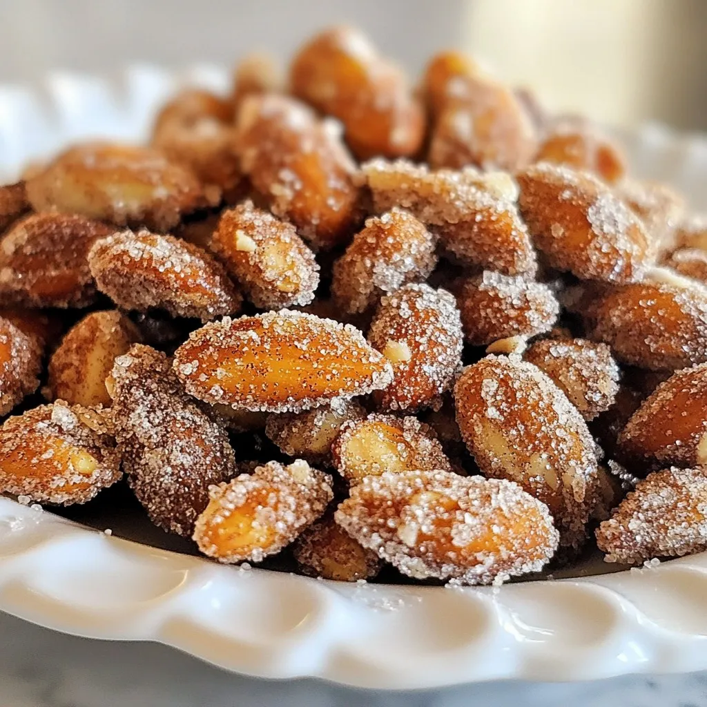 - 2 cups raw almonds - 1/2 cup granulated sugar - 2 teaspoons ground cinnamon - 1/4 teaspoon salt - 1 egg white (from a large egg) - 1 teaspoon pure vanilla extract Using good ingredients makes a big difference. Fresh almonds taste better. Pure vanilla extract adds depth. Granulated sugar and ground cinnamon should be fresh. This ensures a good balance of flavor. It helps your snack turn out great. Quality ingredients lead to a perfect treat. You can change sugar to make it healthier. Use coconut sugar or maple syrup if you prefer. For nuts, try walnuts or pecans instead of almonds. Each nut gives a unique taste. You can also make it nut-free by using seeds like pumpkin or sunflower. {{ingredient_image_2}} First, preheat your oven to 350°F (175°C). This warm-up helps the almonds roast evenly. Line a baking sheet with parchment paper. This makes cleaning up easy later. In a large bowl, add the egg white and vanilla extract. Now, take a whisk and beat them together. You want the mix frothy, not too stiff. This froth helps the sugar stick. Next, add the raw almonds to the frothy egg white mix. Stir gently but well. Make sure each almond gets coated. This is key for a good flavor. In another bowl, mix the granulated sugar, ground cinnamon, and salt. Stir it well. This blend gives your almonds that sweet and spicy kick. Sprinkle the cinnamon-sugar mix over the coated almonds. Stir carefully until all almonds are covered. This step ensures every bite is sweet and tasty. Spread the almond mix in an even layer on the baking sheet. This space allows them to roast properly. Place the sheet in the oven and roast for 15-20 minutes. Stir them halfway through. Look for a golden brown color and a yummy smell. After roasting, take the baking sheet out of the oven. Let the almonds cool completely on the sheet. As they cool, the coating hardens, giving them a nice crunch. To coat your almonds well, start with a frothy egg white mix. Whisk the egg white and vanilla until it’s bubbly. This helps the sugar blend stick well. Pour in the almonds and stir gently. Make sure every almond gets covered. This step is key for a tasty bite. To roast almonds evenly, spread them out on your baking sheet. Don’t overcrowd them; give each almond space. Roast them in a preheated oven at 350°F. Halfway through, stir the almonds to ensure they cook on all sides. Watch for a golden color and smell for a sweet aroma. This means they are ready. If you have leftovers, let them cool completely before storing. Place them in an airtight container. This keeps them crunchy and fresh. Store in a cool, dry place. For longer freshness, you can keep them in the fridge. They can last up to two weeks, but I bet they won’t last that long! Pro Tips Use Fresh Spices: Ensure your ground cinnamon is fresh for the best flavor. Old spices can lose their potency and affect the taste of your almonds. Experiment with Flavors: Try adding a pinch of nutmeg or a splash of almond extract to the egg white mixture for a unique twist on the classic flavor. Cooling is Key: Allow the almonds to cool completely on the baking sheet. This helps the coating harden and achieve the perfect crunch. Storage Tips: Store your cinnamon sugar bliss almonds in an airtight container to keep them fresh and crunchy for longer. {{image_4}} You can enhance your roasted almonds by adding different flavors. For instance, you might mix in a bit of nutmeg. Just a pinch can bring warmth to the mix. You can also add extra vanilla extract. This makes the almonds taste even richer. Experiment with spices like cardamom or allspice. The key is to find the balance that you enjoy. If you prefer less sweetness, you can reduce the sugar amount. Start with 1/3 cup of sugar. Taste the mixture to see if it meets your needs. You can also use natural sweeteners like honey or maple syrup. Just remember to adjust the egg white for moisture. This way, your almonds stay crunchy and tasty. You can make this recipe nut-free by using seeds. Try sunflower seeds or pumpkin seeds instead of almonds. These seeds roast well and take on flavors nicely. Follow the same steps in the recipe for coating and baking. This way, you get a tasty snack that everyone can enjoy. Once your cinnamon sugar roasted almonds cool, store them in an airtight container. This keeps them fresh. You can use glass jars or plastic containers. I prefer glass jars for their charm and durability. Make sure to seal them tightly to avoid moisture. When stored properly, these almonds last about two weeks. They remain crunchy and tasty. If you notice any soft spots or changes in smell, toss them out. Freshness matters for the best taste. You can freeze your roasted almonds if you want to keep them longer. Place them in a freezer-safe bag. Remove as much air as you can before sealing. When ready to eat, let them thaw in the fridge overnight. They will still taste great! Cinnamon sugar roasted almonds can last up to two weeks when stored properly. Keep them in an airtight container at room temperature. This helps keep them fresh and crunchy. Avoid exposing them to moisture or heat, as this can make them soggy. Yes, you can use other nuts! Try pecans, walnuts, or cashews for a fun twist. Each nut has a unique flavor. Just remember to adjust the roasting time if needed, as different nuts may cook at different rates. To reheat roasted almonds, use your oven. Preheat it to 350°F (175°C) and spread the almonds on a baking sheet. Heat for about 5 to 10 minutes, stirring halfway through. This helps restore their crunch without burning them. No, it's not strictly necessary. The egg white helps the coating stick better to the almonds. If you want to skip it, you can use a light spray of cooking oil instead. This will still help the sugar and cinnamon adhere to the nuts. Absolutely! To make these almonds vegan, simply skip the egg white and use a plant-based binding agent. You can try aquafaba, which is the liquid from canned chickpeas. It works well as a substitute and helps the coating stick. In this post, we explored the key ingredients and their quality. We discussed how to prepare cinnamon sugar roasted almonds step-by-step. Tips and tricks can help you achieve the best results. We also looked at fun variations and storage info for your almonds. Remember, using fresh ingredients makes a big difference. Try different flavors and enjoy your tasty treat! Keep experimenting, and you’ll master this simple recipe in no time.