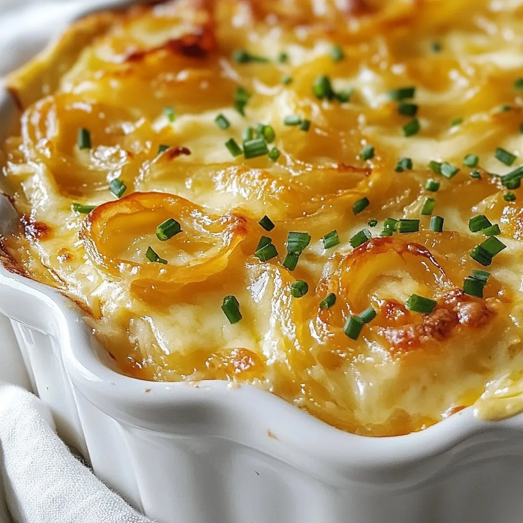 - 3 large onions, thinly sliced - 2 tablespoons olive oil - 1 tablespoon unsalted butter - 1 teaspoon granulated sugar - 1 cup Gruyere cheese, shredded - 1/2 cup cream cheese, softened - 1/2 cup sour cream - 1/4 cup mayonnaise - 1 teaspoon garlic powder - Salt and freshly ground black pepper to taste - Fresh chives, finely chopped (for garnish) This dip starts with three large onions. Slice them thinly for the best texture. The next key ingredients are two tablespoons of olive oil and one tablespoon of unsalted butter. Together, they create a rich base for your onions. You then add one teaspoon of granulated sugar. This sugar helps with caramelization, giving the onions a sweet and rich flavor. For the creamy part of the dip, gather one cup of shredded Gruyere cheese, half a cup of softened cream cheese, half a cup of sour cream, and a quarter cup of mayonnaise. These ingredients blend together to create a silky texture. To add flavor, include one teaspoon of garlic powder, along with salt and freshly ground black pepper to taste. Finally, fresh chives make a bright garnish. Their green color will pop against the creamy dip. With these ingredients, you have everything you need for a delightful Caramelized Onion Gruyere Dip. {{ingredient_image_2}} First, heat 2 tablespoons of olive oil and 1 tablespoon of butter in a large skillet. Use medium heat until they melt and bubble. Next, add 3 large, thinly sliced onions to the skillet. Stir them often for about 10 minutes. You want the onions to soften and turn clear. After they soften, add 1 teaspoon of granulated sugar. Keep cooking for another 15-20 minutes. Stir frequently until the onions turn a deep brown. They should be soft and sweet. Once done, take the skillet off the heat and let the onions cool a bit. In a mixing bowl, combine 1/2 cup of softened cream cheese, 1/2 cup of sour cream, and 1/4 cup of mayonnaise. Mix these well until they become creamy. Now, season this mixture with 1 teaspoon of garlic powder, salt, and freshly ground black pepper. Stir again until everything is blended nicely. Gently fold the caramelized onions into the creamy mixture. Add 1 cup of shredded Gruyere cheese, mixing well. Transfer the dip into an oven-safe baking dish. Smooth the top, then sprinkle the remaining Gruyere cheese over the surface. Preheat your oven to 350°F (175°C). Bake the dip for 25-30 minutes. You want it hot, bubbly, and the cheese on top to be golden brown. After baking, let it cool for a few minutes before serving. Enjoy your dip with toasted baguette slices or crunchy pita chips! To get the best caramelized onions, use medium heat. Start by cooking the onions for about 10 minutes. This makes them soft and translucent. Then, sprinkle granulated sugar over them. This sugar helps with browning. Cook for another 15-20 minutes. Stir often to avoid burning. Look for a deep, rich color. This shows they are ready. You can add more depth to your dip. Consider using fresh herbs like thyme or rosemary. They add a nice aroma. For a twist, try adding smoked paprika. If you want a different taste, swap Gruyere with cheeses like cheddar or fontina. Each cheese brings its own flavor. Pair this dip with toasted baguette slices or pita chips. Fresh veggies like carrots or bell peppers also work great. They add a nice crunch. For a pretty touch, garnish the dip with chopped chives. This adds color and a fresh taste. Serve warm for the best experience! Pro Tips Use Sweet Onions: For a milder and sweeter flavor, opt for Vidalia or Walla Walla onions. They caramelize beautifully and enhance the dip's overall taste. Low and Slow: Caramelizing onions takes patience. Cook them on low heat to develop a deep, rich flavor without burning. It’s worth the wait! Cheese Variations: While Gruyere is fantastic, feel free to mix in other cheeses like Fontina or mozzarella for a different flavor profile and texture. Serving Temperature: This dip is best served warm. If it cools down, pop it back in the oven for a few minutes to reheat before serving. {{image_4}} You can make this dip lighter by swapping some ingredients. - Use low-fat cream cheese instead of regular. - Try low-fat mayo to cut down on calories. - For gluten-free options, serve with veggie sticks or gluten-free crackers. Spice up your dip with fresh herbs or spices. - Add thyme or rosemary for a fragrant touch. - For heat, mix in a pinch of cayenne or crushed red pepper. Gruyere is great, but you can play with other cheeses too. - Try mixing in sharp cheddar for a tangy bite. - Blue cheese can add a rich and bold flavor. - Blend different cheeses for a unique taste profile. Store your leftover dip in an airtight container. This keeps it fresh and tasty. The dip lasts about 3 to 5 days in the fridge. Always check for any off smells before using. You can freeze the dip for longer storage. Use a freezer-safe container to prevent freezer burn. Make sure to leave some space at the top for expansion. The dip can last up to 3 months in the freezer. To reheat, use the oven for best results. Set it to 350°F (175°C). Place the dip in an oven-safe dish and cover it with foil. Heat for about 20 minutes. This keeps the texture creamy and smooth. You can also microwave it in short bursts, stirring in between. Avoid high heat to prevent drying it out. Gruyere cheese is a Swiss cheese. It has a smooth texture and a nutty taste. It melts well, making it perfect for dips. Gruyere adds depth to the caramelized onion dip. You can find it in most grocery stores. Yes, you can use different onions! Yellow onions are the best for flavor. Sweet onions like Vidalia also work well. Red onions add a nice color but have a milder taste. Each type brings a unique flavor to the dip. You can keep the dip in the fridge for about five days. Make sure it’s in a sealed container. If you notice any change in smell or color, toss it out. Enjoy it while it's fresh for the best taste. Yes, this dip is vegetarian-friendly! It contains no meat or animal by-products. You can enjoy it with chips, bread, or veggies. It's a great choice for a gathering or snack. Absolutely! You can prepare the dip a day before. Just store it in the fridge without baking. When you’re ready, bake it as directed. This saves time and lets the flavors blend well. This caramelized onion dip combines rich flavors and creamy textures for a perfect treat. We explored the key ingredients, step-by-step instructions, and useful tips to enhance your dish. Remember, practice makes perfect, especially with caramelizing onions and blending flavors. Use your creativity to personalize this recipe. Don't forget to store leftovers properly for future enjoyment. Dive into this dip at your next gathering, and it will surely impress your guests! Enjoy the mix of flavors, and happy cooking!