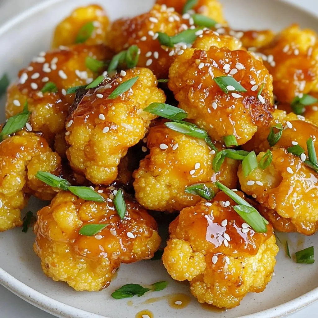 To make tasty Honey Sriracha Cauliflower Bites, gather these simple ingredients: - 1 medium head of cauliflower, cut into bite-sized florets - 1/2 cup all-purpose flour - 1/2 cup water - 1/4 teaspoon garlic powder - 1/4 teaspoon onion powder - 1/4 teaspoon salt - 1/4 teaspoon black pepper - 1 tablespoon olive oil - 1/4 cup honey - 1/4 cup Sriracha sauce - 1 tablespoon apple cider vinegar - Sesame seeds and finely chopped green onions for garnish Using fresh ingredients makes a big difference. Choose a firm cauliflower head with no dark spots. For flour, all-purpose is best, but you can use whole wheat for a healthier twist. Look for pure honey, as it gives the best flavor. For Sriracha, go for a brand you love. This will enhance the taste of your bites. Fresh sesame seeds and green onions will add a nice touch to your dish. You can swap some ingredients if needed. If you’re gluten-free, use almond flour or a gluten-free blend instead of all-purpose flour. For a vegan option, replace honey with maple syrup. If you want less heat, use a mild chili sauce instead of Sriracha. You can also skip the olive oil if you want a lighter option. Make it your own! {{ingredient_image_2}} Start by washing a medium head of cauliflower. Cut it into bite-sized florets. Make sure the pieces are even for cooking. This helps them bake uniformly. Set the florets aside. They are the star of this dish! In a bowl, mix 1/2 cup of all-purpose flour with 1/2 cup of water. Add 1/4 teaspoon of garlic powder, onion powder, salt, and black pepper. Whisk the mixture until it is smooth. You want a nice, lump-free batter. This helps the cauliflower stick well. Preheat your oven to 425°F (220°C). Line a large baking sheet with parchment paper. This keeps the bites from sticking. Dip each cauliflower floret in the batter. Make sure they are all coated well. Place them in a single layer on the baking sheet. Bake for 20 minutes. Look for a lovely golden color and a crispy texture. While the cauliflower bakes, make the honey Sriracha sauce. In another bowl, mix 1/4 cup honey, 1/4 cup Sriracha sauce, 1 tablespoon olive oil, and 1 tablespoon apple cider vinegar. Stir until it is smooth. After 20 minutes, take the cauliflower out of the oven. Transfer the hot florets to a big bowl. Pour the honey Sriracha sauce over them. Toss gently to coat each piece. Return the sauced cauliflower to the baking sheet. Bake for another 10 minutes. This makes the sauce sticky and delightful. Once done, let the bites cool for a few minutes. This helps the flavors settle in. Now, they are ready to enjoy! To get your cauliflower bites super crispy, follow these steps: - Use a dry cauliflower head. Pat it dry with a towel after washing. - Coat the florets evenly with the batter. This helps them crisp up nicely. - Spread the florets out on the baking sheet. Give them space to breathe. - Bake at a high temperature. 425°F (220°C) is perfect for a golden finish. - Double bake them. Bake once to get a base crisp, then add the sauce and bake again. Want to boost the taste of your Honey Sriracha Cauliflower Bites? Try these ideas: - Add fresh ginger to the batter for a warm flavor. - Mix in lime juice for a zesty kick in the sauce. - Experiment with spices. Cumin or smoked paprika can add depth. - Add a pinch of brown sugar to the sauce for extra sweetness. - Use a variety of hot sauces for different heat levels. These bites make a great snack or appetizer. Here’s how to serve them: - Serve on a large platter for sharing. - Drizzle with extra honey Sriracha sauce before serving. - Top with sesame seeds and chopped green onions for a pop of color. - Pair with a cooling dip like ranch or yogurt. - Enjoy with drinks for a fun party snack. These tips will help you create the best Honey Sriracha Cauliflower Bites that will impress your guests! Pro Tips Use Fresh Ingredients: Fresh cauliflower will yield the best flavor and texture. Look for florets that are firm and free of blemishes. Adjust the Heat: If you prefer a milder sauce, reduce the amount of Sriracha or mix in a little more honey to balance the heat. Make It Vegan: Substitute the honey with maple syrup or agave nectar to create a completely plant-based version of this dish. Perfectly Crispy Bites: For extra crunch, broil the cauliflower bites for the last 2-3 minutes of baking, keeping a close eye to prevent burning. {{image_4}} To make a vegan version, swap honey with maple syrup. It gives a nice sweetness. For the batter, use plant-based milk instead of water. This small change keeps the bites tasty and light. You can also add a pinch of nutritional yeast in the batter for a cheesy flavor. If you like heat, add more Sriracha to the sauce. You can also mix in chili paste for extra spice. For a sweeter touch, try adding brown sugar or agave syrup to the glaze. This blend of heat and sweetness will make your taste buds dance! Beyond honey Sriracha, you can try different sauces. A teriyaki glaze works well if you want a savory flavor. For a tangy twist, use a lime and cilantro sauce. You can even serve the bites with ranch or blue cheese dressing for dipping. These options keep your snack exciting and fresh! To keep your Honey Sriracha Cauliflower Bites fresh, store them in an airtight container. Make sure they cool down first. This helps prevent them from getting soggy. You can use glass or plastic containers for this. If you plan to eat them later, try to layer them with parchment paper. This way, they don’t stick together. To reheat your cauliflower bites, the oven is the best way. Preheat the oven to 375°F (190°C). Spread the bites on a baking sheet. Heat them for about 10 minutes. This keeps them crispy. You can also use an air fryer. Set it to 350°F (175°C) and cook for 5-7 minutes. Both methods will bring back their crunch and flavor. When stored properly, Honey Sriracha Cauliflower Bites last about 3 to 4 days in the fridge. If you want to keep them longer, consider freezing. They can go into the freezer for up to 2 months. Just remember to thaw them in the fridge before reheating. This helps maintain their taste and texture. Yes, you can make these bites in an air fryer. Start by following the same steps to coat your cauliflower. Preheat your air fryer to 375°F (190°C). Place the battered florets in a single layer in the basket. Cook for about 15 minutes, shaking the basket halfway through. This method gives you a crunchy texture with less oil. Honey Sriracha Cauliflower Bites pair well with many dishes. You can serve them as a snack or appetizer. Try them with a side of rice or quinoa for a complete meal. They also taste great with a dipping sauce, like ranch or blue cheese. Fresh veggies or a salad can add a nice contrast. Yes, you can freeze these bites. To freeze, let them cool completely after baking. Place them in an airtight container or freezer bag. They can stay in the freezer for up to three months. To reheat, bake them in the oven at 400°F (200°C) for about 15-20 minutes. This will help restore their crispiness. In this post, we explored the tasty recipe for Honey Sriracha Cauliflower Bites. I shared the ingredients you need, along with substitutes to fit your taste. We went through the steps to prep and bake them perfectly. You learned tips for extra crispiness and great flavor. I also suggested variations and storage tips to help you enjoy leftovers. I hope you feel inspired to make these bites. They are fun to prepare and great to share. Enjoy your cooking!