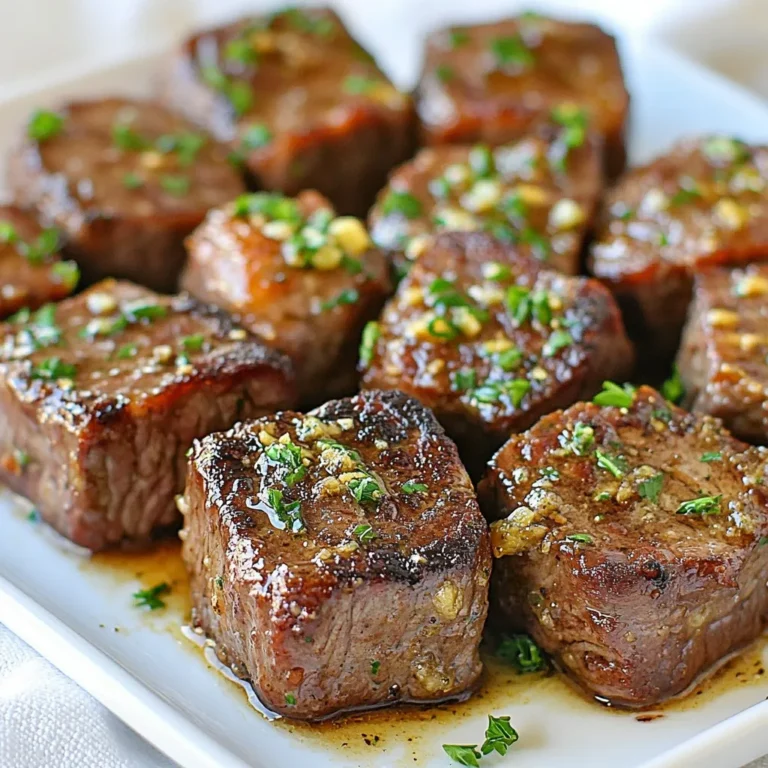 - 1 lb sirloin steak, cut into 1-inch cubes - 4 tablespoons unsalted butter - 4 cloves garlic, minced - 1 teaspoon fresh thyme leaves - 1 teaspoon fresh rosemary, finely chopped - Salt and pepper to taste - 2 tablespoons olive oil - Fresh parsley, chopped (for garnish) Using high-quality ingredients makes a big difference in this dish. Fresh herbs like thyme and rosemary add bright flavors. Good sirloin steak ensures a tender bite. Fresh garlic gives a strong aroma and taste. When you use fresh, high-quality items, your dish will shine. You can taste the love and care in every bite. If you lack certain items, don’t worry! Here are some swaps: - Steak: Use ribeye or tenderloin for a richer taste. - Butter: Olive oil can replace butter for a lighter dish. - Herbs: Dried herbs can work, but use less (1/3 of the amount). - Garlic: Garlic powder can be used if you don’t have fresh garlic. These substitutions can help you keep cooking without stress. {{ingredient_image_2}} Start by cutting the sirloin steak into one-inch cubes. This size helps them cook evenly. Next, season the steak pieces. Use salt and freshly cracked black pepper on all sides. Let the seasoned steak sit at room temperature for about 15 minutes. This step helps ensure the bites cook more evenly. Heat a large, heavy-bottomed skillet over medium-high heat. Add two tablespoons of olive oil. You want the oil to shimmer, showing it's ready. Carefully add the steak cubes in a single layer. Avoid overcrowding the pan to keep them from steaming. Sear each side for about 2 to 3 minutes. Look for a nice brown crust. Once done, transfer the steak bites to a plate. In the same skillet, lower the heat to medium. Add four tablespoons of unsalted butter. Toss in the four minced garlic cloves, one teaspoon of fresh thyme, and one teaspoon of chopped rosemary. Stir this mix for about 1 to 2 minutes. Wait until the garlic becomes fragrant and light golden. Be careful not to burn it. Now, return the steak bites to the skillet. Toss them in the garlic butter to coat evenly. Let them cook together for one more minute, blending all those rich flavors. Remove the skillet from the heat. Plate the garlic butter steak bites. Sprinkle chopped parsley over them for color and freshness. For a nice touch, serve the steak bites in a warm cast-iron skillet or on a rustic wooden board. Offer toothpicks for easy serving. A sprinkle of flaky sea salt on top can really boost the flavor. Enjoy! Choose a sirloin steak for this dish. It has a good balance of flavor and tenderness. Look for cuts with some marbling. This fat adds moisture and richness. You can also use ribeye or tenderloin for a more tender bite. Always pick fresh meat from a trusted source. Doneness is key for steak bites. For medium-rare, aim for an internal temperature of 130°F. Use a meat thermometer for accuracy. Cook the steak bites for 2-3 minutes on each side. Adjust time based on your preference. Remember, carryover cooking continues after you remove the steak from heat. Avoid overcrowding the pan. This causes steaming instead of searing. Cook in batches if needed. Don't rush the garlic in the butter. Burnt garlic tastes bitter. Lastly, let the meat rest after cooking. This helps juices redistribute for a juicy bite. These tips will elevate your garlic butter steak bites! Pro Tips Resting Time: Letting the seasoned steak sit for about 15 minutes before cooking allows the meat to come to room temperature, promoting even cooking. Don’t Overcrowd: Cook the steak in batches if necessary to ensure that each piece sears properly instead of steaming, which keeps them juicy and flavorful. Mind the Garlic: Keep an eye on the garlic while it’s sautéing; it can go from perfect to burnt very quickly, affecting the flavor of the garlic butter. Finish with Freshness: A sprinkle of fresh parsley not only adds a pop of color but also enhances the dish’s flavor, making it more vibrant and appealing. {{image_4}} You can use various cuts for garlic butter steak bites. Sirloin is great, but ribeye adds rich flavor. Tenderloin gives a melt-in-your-mouth feel. Flank steak is lean and tasty, though it needs care when cooking. Skirt steak works well too, with a nice texture. Each cut offers a unique taste and texture. Choose based on your preference and budget. You can take garlic butter steak bites to new heights with spices and herbs. Add a pinch of smoked paprika for warmth. Chili flakes bring heat if you like spice. Fresh oregano or basil can add a burst of freshness. Experiment with different herbs like dill or cilantro. You can even try adding lemon zest for a bright twist. These additions can enhance the flavor profile. Pair your steak bites with sides for a great meal. Creamy mashed potatoes work well, soaking up the garlic butter. Serve with crispy roasted vegetables for a healthy touch. A fresh salad with a tangy dressing balances the richness of the steak. Garlic bread is another perfect side, adding more garlic goodness. You can even serve them as appetizers for parties! To store leftover garlic butter steak bites, place them in an airtight container. Let the steak bites cool to room temperature before sealing the container. This keeps them fresh and safe to eat. Store them in the fridge for up to three days. If you want to keep them longer, consider freezing. When you’re ready to enjoy the leftovers, you can reheat them easily. Place the steak bites in a skillet over low heat. Add a little butter or olive oil to keep them moist. Heat until warmed through, about 5 minutes. You can also use a microwave; just cover the dish to prevent drying out. Heat in short bursts, checking often. If you want to freeze garlic butter steak bites, first cool them completely. Spread them in a single layer on a baking sheet. Freeze until firm, about an hour. Then, transfer the bites to a freezer-safe bag. Remove as much air as possible before sealing. They can last in the freezer for up to three months. When ready to eat, thaw in the fridge overnight before reheating. Yes, you can use other cuts of steak. Flank steak or ribeye works well. Just remember to cut them into 1-inch cubes. The key is to choose a cut that is tender and flavorful. This helps ensure your bites are juicy and tasty. Some great sides include: - Garlic mashed potatoes - Steamed broccoli - Roasted asparagus - Caesar salad - Crusty bread These sides balance the rich flavors of the steak bites. They add freshness and texture to your meal. You can prep the steak bites and season them a few hours before cooking. Just keep them in the fridge. When ready to cook, follow the recipe steps. This way, you save time and still enjoy great flavor. You can also make the garlic butter ahead and store it in the fridge. Just reheat it when you cook the steak bites. This blog post guides you through making garlic butter steak bites. We covered key ingredients, cooking steps, and tips for success. You learned about selecting the right steak and avoiding common mistakes. Variations allowed for creativity, letting you explore different cuts or flavors. Storage info keeps leftover bites fresh. In closing, you can enjoy these bites in many ways. Follow the steps and impress your friends with this tasty dish.