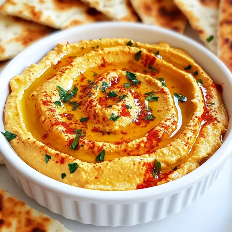 To make Roasted Red Pepper Hummus, gather these key items: - 1 can (15 oz) chickpeas, thoroughly drained and rinsed - 1 large roasted red pepper, ideally either jarred or homemade for optimal flavor - 2 tablespoons creamy tahini - 2 tablespoons fresh lemon juice, preferably from a lemon for brightness - 2 cloves garlic, finely minced - 2 tablespoons extra virgin olive oil, plus extra for drizzling - 1 teaspoon ground cumin for a warm spice note - Sea salt and freshly cracked black pepper, to taste - Water, as needed for achieving the perfect consistency - Fresh parsley leaves, finely chopped, for a vibrant garnish - Paprika, for a pop of color and flavor You can personalize your hummus with these optional extras: - A pinch of cayenne for heat - A tablespoon of sun-dried tomatoes for a tangy twist - A dash of smoked paprika for a deeper flavor - A teaspoon of lemon zest for extra brightness To make this hummus, you need the following tools: - A food processor for blending - A spatula for smooth serving - A measuring cup for precise ingredient amounts - A serving bowl for a beautiful presentation {{ingredient_image_2}} To start, gather all your ingredients. You need: - 1 can (15 oz) chickpeas, drained and rinsed - 1 large roasted red pepper - 2 tablespoons tahini - 2 tablespoons fresh lemon juice - 2 cloves garlic, minced - 2 tablespoons olive oil - 1 teaspoon ground cumin - Sea salt and black pepper, to taste - Water, as needed - Fresh parsley, chopped for garnish - Paprika for color Make sure your roasted red pepper is ready. You can use jarred or roast your own. If you roast, just char the skin over a flame and then peel it off. This adds great flavor. In a food processor, add all the ingredients except water. Start by adding the chickpeas, roasted red pepper, tahini, lemon juice, garlic, olive oil, cumin, and a pinch of salt and pepper. Secure the lid tightly. Turn the processor on high speed. Blend until the mix is creamy and smooth. It should take about one minute. If it seems thick, slowly add water. Do this one tablespoon at a time. Blend well after each addition until it reaches your desired consistency. Once blended, taste your hummus. This is important! If it needs more flavor, add salt, pepper, or extra lemon juice. Blend again to mix in your adjustments. When it’s just right, transfer the hummus to a serving bowl. Use a spatula to smooth the top. For a nice touch, make a small well in the center. Drizzle a bit of olive oil into this well. Sprinkle paprika and chopped parsley on top for color and freshness. Now, your roasted red pepper hummus is ready to serve! To get the best texture, blend the hummus well. Start with the chickpeas and roasted red pepper. If it’s too thick, add water slowly. Blend after each addition. Aim for a creamy, smooth mix. The right consistency makes it easy to scoop with pita or veggies. Want more flavor? Try adding a bit of lemon zest. This gives a fresh kick. You can also mix in a pinch of smoked paprika for a deeper taste. Fresh herbs like cilantro can add a unique twist. Adjust salt and pepper to match your taste. Make your hummus look inviting. After blending, use a spatula to smooth the top. Create a small well in the center. Drizzle olive oil in it for a glossy finish. Sprinkle paprika and chopped parsley on top for color. Serve with warm pita bread and fresh veggies. This adds a fun touch and makes it more appealing. Pro Tips Use Fresh Ingredients: Opt for fresh lemons and high-quality tahini for the best flavor, elevating your hummus to the next level. Experiment with Spices: Don’t hesitate to add other spices like smoked paprika or cayenne pepper for a unique twist and added depth of flavor. Customize Consistency: Adjust the amount of water based on your preference for a thicker or creamier hummus, ensuring it’s just right for dipping. Chill Before Serving: Allow your hummus to chill in the refrigerator for about 30 minutes before serving to enhance the flavors and improve the texture. {{image_4}} You can change the taste of your Roasted Red Pepper Hummus. Try adding herbs like basil or cilantro for a fresh twist. You can also mix in spices like smoked paprika or chili powder for heat. If you want a sweeter touch, add a bit of roasted garlic or a splash of maple syrup. These little changes can bring new life to a classic dish. If you're looking for swaps, there are many options. Use sunflower seed butter instead of tahini for a nut-free alternative. For a low-carb version, try using cauliflower instead of chickpeas. You can also skip the olive oil and use water or vegetable broth for a lighter hummus. Each swap can help suit different diets and tastes. Serving this hummus can be fun and creative. Pair it with warm pita bread or crunchy veggie sticks like carrots and cucumbers. You can also use it as a spread on sandwiches or wraps for extra flavor. For a party, arrange your hummus with assorted olives or a sprinkle of feta cheese. This adds flair and makes your dish look even more inviting. After enjoying your Roasted Red Pepper Hummus, you may have some left. To store it, transfer the hummus to an airtight container. Make sure the lid seals well to keep air out. Place the container in the fridge. This way, it stays fresh for about five days. If you want to keep it longer, freezing is a great option. To freeze your hummus, use a freezer-safe container. Leave some space at the top. The hummus will expand as it freezes. You can also freeze it in small portions using ice cube trays. Once they are frozen, pop them out and place them in a zip-top bag. This method makes it easy to thaw just what you need later. When you're ready to enjoy your frozen hummus, take it out of the freezer. Let it thaw in the fridge overnight. If you need it fast, you can also microwave it. Just heat it in short bursts, stirring in between. Add a little olive oil or water to bring back its creamy texture. Yes, you can make hummus without tahini. Just skip it and add more olive oil. This change keeps the creamy texture. You can also use nut butter or yogurt for added flavor. Experiment with what you like best! Homemade hummus lasts about 4 to 7 days in the fridge. Store it in an airtight container. Always check for off smells or mold before eating. If you see any, it’s best to toss it out. You can serve Roasted Red Pepper Hummus with many tasty options. Here are some ideas: - Warm, fluffy pita bread - Fresh vegetable sticks, like carrots and cucumbers - Crispy crackers - A sprinkle of crumbly feta cheese - A small bowl of assorted olives These pairings make a fun and colorful platter. Enjoy mixing and matching for your perfect snack! Now you know how to make hummus from scratch. We covered key ingredients, optional add-ins, and equipment. I shared step-by-step instructions to prep, blend, and adjust flavor. Helpful tips can give you the perfect consistency and enhance taste. Explore variations for different flavors and dietary needs. Lastly, I explained proper storage and answered common questions. Making hummus is easy, fun, and rewarding. Enjoy your tasty creations and share them with others!