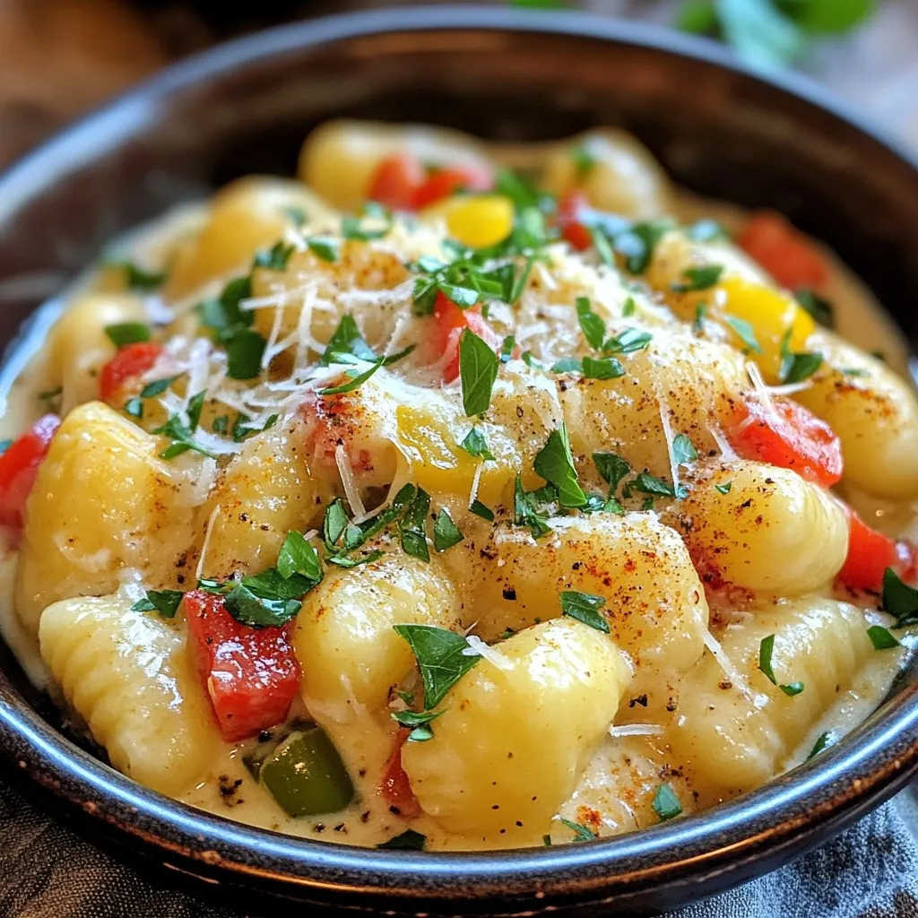 To make Creamy Cajun Gnocchi, you will need these key ingredients: - 1 package (16 oz) gnocchi - 1 tablespoon olive oil - 1 small onion, finely chopped - 2 cloves garlic, minced - 1 red bell pepper, diced - 1 green bell pepper, diced - 1 cup heavy cream - 1 tablespoon Cajun seasoning - 1 cup freshly grated Parmesan cheese - Salt and pepper to taste - Fresh parsley, chopped (for garnish) These ingredients create a rich and flavorful dish. The gnocchi serves as a soft base, while the cream and cheese give it a nice texture. The Cajun seasoning adds warmth and spice. You can enhance the dish with a few optional ingredients: - Cooked protein (chicken, shrimp, or sausage) - Extra vegetables (spinach or mushrooms) - Hot sauce for added heat - Lemon juice for brightness These extras can add depth and excitement. They allow you to customize the dish to your taste. If you have dietary needs, here are some substitutions: - Use gluten-free gnocchi for a gluten-free option. - Replace heavy cream with coconut cream for a dairy-free version. - Swap Parmesan cheese with nutritional yeast for a vegan option. These changes keep the dish delicious while catering to various diets. You can enjoy Creamy Cajun Gnocchi no matter your preferences! {{ingredient_image_2}} To start, boil a big pot of salted water. Once it bubbles, add the gnocchi. Cook them until they float to the top, which means they are done. This usually takes about 2-3 minutes. Drain the gnocchi and set them aside for later. Next, heat olive oil in a large skillet over medium heat. Once the oil is hot, add the chopped onion. Sauté for about 2-3 minutes until the onion looks clear. Then, add the minced garlic and cook for one more minute. Watch it closely so it does not burn. Now, add the diced red and green bell peppers. Cook this mix for about 5-7 minutes. You want the peppers to be tender and bright in color. Reduce the heat to low. Pour in the heavy cream while stirring. Add the Cajun seasoning and mix it in well. Let the sauce simmer for about 3-4 minutes. You want it to thicken just a bit. Gently fold the cooked gnocchi into the sauce. Stir carefully until every piece is coated. Gradually add the grated Parmesan cheese. Mix until it melts and forms a rich, creamy texture. Taste it and adjust the salt and pepper if needed. When everything is well combined and hot, take the skillet off the heat. Garnish your dish with fresh parsley for color and flavor. Serve the creamy Cajun gnocchi in bowls. For an extra touch, add more Parmesan on top. Enjoy it with some crusty bread to soak up all that delicious sauce! To make the sauce creamy, use heavy cream. It adds richness and thickness. Stir continuously when you add the cream. This helps blend it well. Cajun seasoning adds a nice kick. Simmer the sauce gently for a few minutes. This allows the flavors to mix perfectly. For extra creaminess, add more Parmesan cheese. It melts well and enhances the flavor. Start with a large pot of salted water. Bring it to a boil before adding the gnocchi. Cook them until they float to the top. This shows they are done. Drain the gnocchi carefully, so they don’t break. Avoid overcooking, as this can make them mushy. Toss them gently in the sauce to coat. This keeps them intact and boosts the taste. Add a squeeze of lemon juice for brightness. This cuts through the richness of the dish. Try using smoked paprika for a different flavor. It pairs well with the Cajun seasoning. Fresh herbs like basil or thyme can add freshness. Serve the dish with crusty bread to soak up the sauce. A simple side salad can balance the meal nicely. Pro Tips Perfect Gnocchi Cooking: Ensure the water is at a rolling boil before adding gnocchi, and avoid overcrowding the pot for even cooking. Custom Cajun Flavor: Adjust the amount of Cajun seasoning based on your spice tolerance; you can also add a dash of hot sauce for an extra kick. Cheese Melting Tip: For a smoother sauce, add the Parmesan cheese gradually and stir continuously until fully melted. Garnish for Appeal: Use fresh herbs like basil or cilantro in addition to parsley for a flavor twist and vibrant color contrast. {{image_4}} To spice things up, add more Cajun seasoning. You can use a blend with cayenne pepper. This adds heat and depth. If you prefer a kick, try diced jalapeños in the sauté. They provide a fresh, spicy flavor. A dash of hot sauce can also enhance the dish. Adjust the spice to your taste for a bold twist. For a vegetarian option, remove any meat. You can add more veggies instead. Consider mushrooms, zucchini, or spinach for added texture. These vegetables blend well with the creamy sauce. Use vegetable broth instead of chicken broth for flavor. It keeps the dish rich and satisfying without meat. If you need a gluten-free option, look for gluten-free gnocchi. Many brands offer great alternatives made from potatoes or rice. You can also make your own gnocchi using gluten-free flour. This ensures everyone can enjoy this creamy dish. Just follow the same cooking steps for a delicious meal. To store leftover creamy Cajun gnocchi, place it in an airtight container. Let it cool down first. Once cooled, cover it tightly to keep out air. This will help it stay fresh. You can store it in the fridge for up to three days. When you are ready to eat the gnocchi again, you have a few options. The easiest way is to use the microwave. Place the gnocchi in a bowl and cover it with a damp paper towel. Heat it in short bursts of 30 seconds. Stir between each burst until hot. You can also reheat it on the stove. Just add a splash of cream or broth to a skillet. Heat it over low until warmed through. Stir gently to keep it creamy. You can freeze this dish if you want to save some for later. First, let the gnocchi cool completely. Then, divide it into portions and place each portion in a freezer-safe bag. Press out any air before sealing. You can freeze it for up to three months. To thaw, move it to the fridge overnight before reheating. Yes, you can make Creamy Cajun Gnocchi ahead. Cook the gnocchi and sauce, then mix them. Store in the fridge for up to three days. When ready to serve, just reheat it on the stove. If it seems thick, you can add a splash of cream to loosen it up. You can add various proteins to this dish. Shrimp works great for a seafood twist. Chicken adds heartiness, while sausage brings extra flavor. You can also use tofu for a vegetarian option. Just cook the protein first, then combine it with the sauce and gnocchi. Absolutely! To make it vegan, swap the heavy cream for coconut cream. Use nutritional yeast instead of Parmesan for a cheesy taste. Choose plant-based gnocchi and make sure your Cajun seasoning is vegan-friendly. This way, you can enjoy all the flavors without dairy. To adjust the spice level, you can change the Cajun seasoning amount. Start with less if you prefer mild flavors. You can also add more cream to tone down the heat. For extra spice, try adding cayenne pepper or hot sauce. Just remember, a little goes a long way! This blog post covered the key ingredients for creamy Cajun gnocchi and how to prepare it. We discussed cooking steps, tips for a creamy sauce, and variations for different diets. Remember, you can customize the recipe to suit your taste, whether you prefer it spicy, vegetarian, or gluten-free. Store leftovers properly and reheat for another enjoyable meal. Use the tips shared to create the best dish possible. Enjoy your cooking journey and make this gnocchi a favorite in your home!