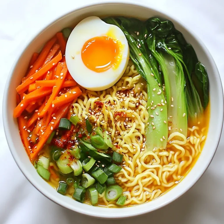- 2 packets of instant ramen noodles (discard the seasoning packets) - 4 cups chicken or vegetable broth - 3 tablespoons chili garlic sauce - 1 tablespoon soy sauce - 1 tablespoon sesame oil - 1 tablespoon vegetable oil - 2 cloves garlic, finely minced - 1-inch piece ginger, finely grated - 1 cup bok choy, roughly chopped - 1 medium carrot, cut into thin matchsticks (julienned) - ½ red bell pepper, sliced thinly - 2 green onions, sliced - 1 boiled egg (optional, for garnish) - Sesame seeds for garnish - Extra green onion slices - Sliced jalapeños for heat - Fresh cilantro leaves - Crushed peanuts for crunch - Use tofu instead of eggs for a vegan option. - Swap bok choy with spinach or kale for different greens. - Replace chicken broth with mushroom broth for more flavor. - Use sriracha instead of chili garlic sauce for a different spice kick. {{ingredient_image_2}} Start by gathering all your ingredients. This makes cooking easier. Place the vegetable oil in a large pot. Heat it over medium heat. Once hot, add the minced garlic and grated ginger. Sauté for about 1 minute. You want the kitchen to smell great, but don’t let them burn. Next, toss in the bok choy, julienned carrot, and sliced red bell pepper. Stir the veggies for about 3 to 4 minutes. They should start to soften. Keep stirring to blend those lovely flavors. Your kitchen will smell amazing. Pour in the chicken or vegetable broth. Turn up the heat to bring it to a gentle boil. This step helps the flavors mix well. Add the chili garlic sauce, soy sauce, and sesame oil. Lower the heat and let it simmer for 2 minutes. The flavors will meld together. Now, add the ramen noodles directly into the broth. Cook them according to package instructions. This usually takes about 3 to 4 minutes. Stir gently to ensure even cooking. Once the noodles are tender, remove the pot from heat. Stir in the chopped green onions for a fresh touch. To serve, ladle the ramen into bowls. If you like, add a halved boiled egg on top. Finish with a sprinkle of sesame seeds for crunch. Enjoy your bold and flavorful chili garlic ramen noodles! To make the best chili garlic ramen noodles, focus on fresh ingredients. Use high-quality broth for rich flavor. I like to heat the vegetable oil until it shimmers before adding garlic and ginger. This step brings out their full taste. Cook the vegetables just enough to soften them. This way, they keep some crunch. Stir gently while the noodles cook in the broth. This helps them absorb all the flavors. If you love spice, add more chili garlic sauce. Start with a little, then taste. You can always add more, but you can't take it out! For a milder dish, use less sauce. You can also add a splash of coconut milk to cool down the heat. Another option is to serve the ramen with lime wedges. Squeezing lime on top adds flavor without more heat. To make this dish healthier, add more vegetables. You can toss in mushrooms, spinach, or snap peas. These add vitamins and fiber. You can also swap out the ramen for whole grain noodles. This adds more nutrients. If you want protein, try using tofu or grilled chicken. Lastly, use low-sodium broth to cut down on salt. This keeps the dish tasty and healthier! Pro Tips Use Fresh Ingredients: Always opt for fresh vegetables whenever possible. They enhance the overall flavor and texture of your ramen. Customize the Spice Level: Adjust the amount of chili garlic sauce according to your heat preference. Start with less and add more to avoid overwhelming the dish. Perfecting the Broth: For an even richer broth, consider simmering the broth with additional aromatics like star anise or a dash of fish sauce. Garnish for Flavor: Don’t skimp on the garnishes! Fresh herbs or a squeeze of lime can elevate the dish, adding freshness and brightness to the flavors. {{image_4}} You can easily make this dish vegetarian or vegan. Just swap chicken broth for vegetable broth. Use chili garlic sauce that is vegan. Replace the boiled egg with extra veggies or tofu. Tofu adds great texture and protein. You can use firm tofu for a nice bite. For added protein, try chicken, shrimp, or tofu. Cook the chicken before adding it to the broth. Shrimp can cook quickly and adds a lovely taste. If you choose tofu, cut it into small cubes. Add it to the pot when you add the noodles. This way, it absorbs all the flavors. You can try different broths for unique flavors. Miso broth adds a nice depth. Bone broth gives a rich taste, perfect for ramen. If you want a lighter flavor, use a simple vegetable broth. Each broth choice changes the dish, so feel free to experiment. To store leftover chili garlic ramen noodles, let them cool first. Use an airtight container to keep them fresh. Place the noodles and broth together to avoid drying out. Store them in the fridge for up to three days. When ready to eat, pour the leftover ramen into a pot. Heat it over medium heat until it simmers gently. Stir often to warm everything evenly. You can also use a microwave. Place the ramen in a microwave-safe bowl and cover it. Heat for one to two minutes, stirring midway. If you want to freeze the ramen, separate the noodles from the broth. This keeps the noodles from getting mushy. Place the broth in a freezer-safe bag or container. Label and date it before freezing. You can freeze the broth for up to three months. When you want to enjoy it, thaw the broth overnight in the fridge. Reheat it, add fresh noodles, and enjoy! I recommend using instant ramen noodles. They cook quickly and soak up flavor well. You can choose any brand you like. Just make sure to toss away the seasoning packets. This way, you keep the dish healthy and control the flavor. Yes, fresh noodles work great in this recipe! They cook faster than instant noodles. Just adjust the cooking time. Add them to the broth when it starts to bubble. Fresh noodles give a nice, chewy texture that enhances the dish. You can find chili garlic sauce in most grocery stores. Check the Asian food section. Many brands offer this sauce. You can also buy it online for convenience. Look for a brand that suits your taste, as they vary in heat and flavor. This blog post covered the key ingredients for making ramen, including substitutes and garnish options. I walked you through the step-by-step process, from preparing the veggies to serving your dish. You learned expert tips for adjusting spice levels and making the meal healthier. We also explored delicious variations and storage tips to enjoy your ramen later. Ramen is versatile, and with these guides, you can tailor it to your taste. Enjoy crafting your own tasty bowl!