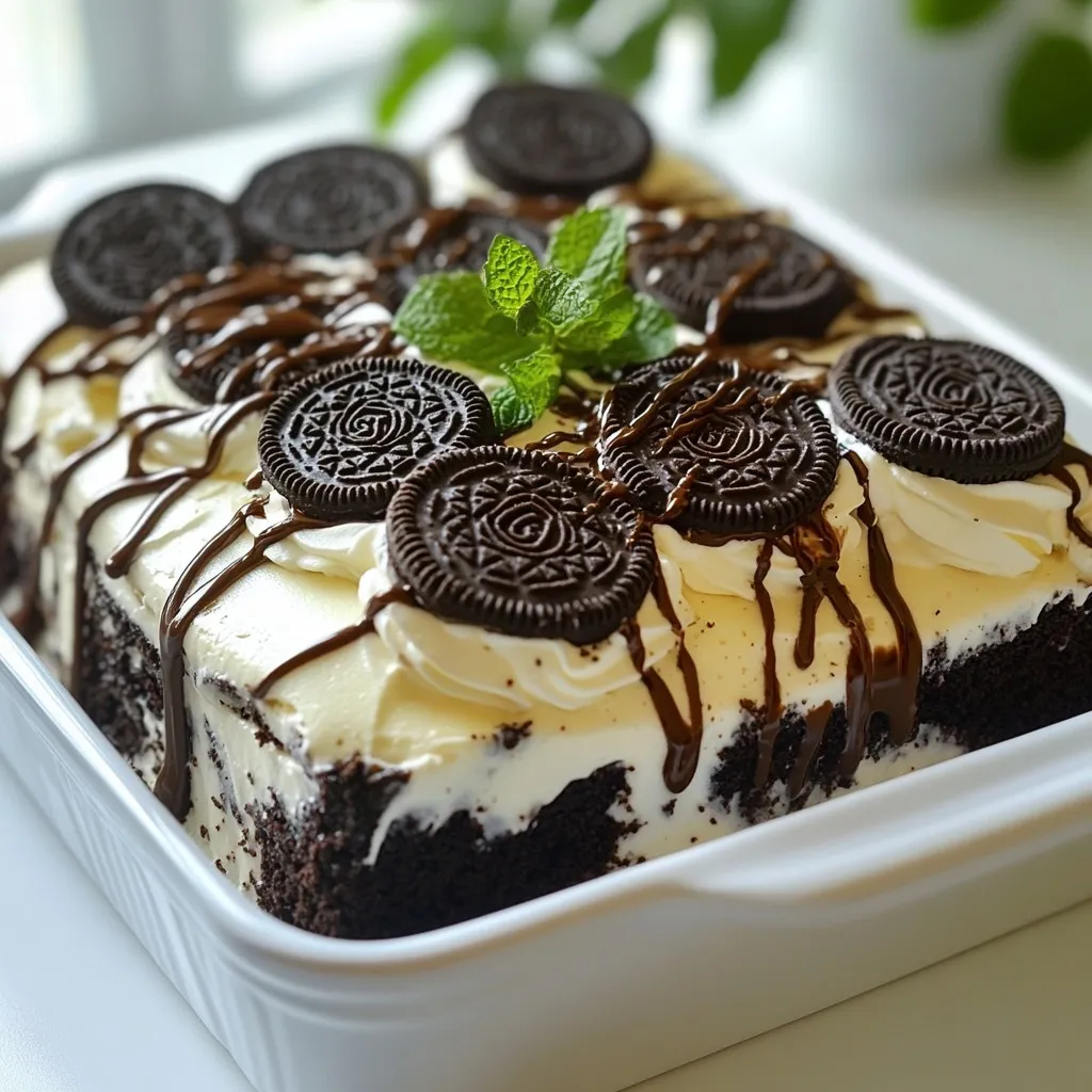 - 2 packs of Oreo cookies (regular or double stuffed) - 2 cups heavy whipping cream - 1 cup powdered sugar - 1 teaspoon vanilla extract - 1 cup chocolate syrup - 1 cup crushed Oreos (for garnish) - Fresh mint leaves (for decoration, optional) Quality matters! For Oreos, I suggest using double stuffed for a richer flavor. When choosing heavy cream, look for brands with a high fat content. This helps create a rich and fluffy whipped cream. You can make this cake fit your needs. Use gluten-free Oreos if needed. If you prefer a dairy-free version, try coconut whipped cream. For added flair, top with fresh berries or drizzle caramel sauce over the cake. You could also add crushed nuts for a nice crunch. Feel free to get creative! Each variation can give your Chocolate Oreo Icebox Cake a new twist. {{ingredient_image_2}} To start, you need to make the whipped cream. In a large mixing bowl, combine 2 cups of heavy whipping cream, 1 cup of powdered sugar, and 1 teaspoon of vanilla extract. Using an electric mixer, beat the mixture on high speed for about 3 to 5 minutes. You want to whip it until stiff peaks form. This means the cream holds its shape well when you lift the whisk. If you see it start to look fluffy and thick, you’re almost there! Use a large bowl and a whisk attachment for the best results. This helps mix the cream evenly and quickly. Now, let’s layer the cake! Grab an 8x8 inch baking dish. You will need to dip each Oreo cookie into 1 cup of chocolate syrup. Just give each cookie a quick dunk on both sides. You don’t want them soaked, just lightly coated. Begin by placing the dipped Oreos in a single layer at the bottom of your dish. Make sure to cover the bottom completely. After that, carefully spread an even layer of the whipped cream mixture over the Oreos. Use a spatula to smooth it out. Next, repeat the layering process. Add another layer of dipped Oreos followed by more whipped cream. Keep layering until you run out of either Oreos or whipped cream. The last layer should always be whipped cream for a nice finish. Chilling is key for this cake! Once you’re done layering, cover the dish tightly with plastic wrap. Place it in the refrigerator for at least 4 hours. For best taste, chill it overnight. This step allows the cookies to soften and the flavors to mix. When you’re ready to serve, sprinkle the top with crushed Oreos. You can also add fresh mint leaves for a pop of color and freshness. Cut the cake into squares and serve it chilled. A drizzle of extra chocolate syrup can make it look even better! If you over-whip the cream, it can turn grainy. To fix this, gently fold in a little more heavy cream to smooth it out. Watch your mixing speed to avoid this problem. To avoid soggy cookies, don't soak the Oreos in chocolate syrup. Just a quick dip is enough. This keeps them crisp and adds a nice flavor. For even layers, use a spatula to spread the whipped cream smoothly. Make sure each layer of cookies is flat and aligned. This makes your cake look neat and tasty. To achieve a polished finish, smooth the top layer of whipped cream carefully. A clean spatula helps here. For a final touch, sprinkle crushed Oreos evenly on top. Prep your ingredients in advance to save time. You can measure the cream and sugar before starting. This makes the workflow smooth and quick. To save more time, chill the cake overnight. This allows the flavors to blend well. Plus, it makes cutting the cake easier when it’s firm. Pro Tips Tip for Whipped Cream: Make sure to use chilled heavy cream for better whipping results. Cold cream whips up faster and achieves a better texture. Tip for Layering: For a more decadent flavor, consider adding a layer of chocolate ganache between the Oreo and whipped cream layers. Tip for Dipping Oreos: Don’t soak the Oreos in chocolate syrup; a quick dip on both sides is enough to add flavor without making them soggy. Tip for Presentation: Before serving, lightly dust the top with cocoa powder for an elegant finish, in addition to the crushed Oreos. {{image_4}} You can switch up the Oreo flavor to create fun twists. Try using mint Oreos for a refreshing touch. Birthday cake Oreos add a festive feel, while peanut butter Oreos give a nutty kick. To enhance flavors, consider adding a splash of liqueur like Kahlua or Irish cream. You can also mix in a drop of almond extract or orange zest for an extra layer of taste. If you want a vegan option, use coconut cream instead of heavy cream. You can find dairy-free Oreos, which work great in this recipe. For gluten-free needs, look for gluten-free Oreo brands. Just make sure to check the labels carefully to ensure they fit your diet. While crushed Oreos are classic, you can get creative here. Try adding chocolate shavings, sprinkles, or fresh fruit like strawberries or raspberries. In summer, berries shine bright, while in fall, a sprinkle of cinnamon or nutmeg brings warmth. These simple changes can make your cake feel new and exciting. To keep your Chocolate Oreo Icebox Cake fresh, store it in the fridge. Place any leftovers in an airtight container. If you do not have one, wrap the dish tightly with plastic wrap. This keeps the cake moist and flavorful. Make sure to seal it well to prevent any air from getting in. In the fridge, this cake will stay fresh for about four to five days. You can freeze this cake if you have leftovers. To freeze, first cut the cake into individual squares. This makes it easier to thaw later. Wrap each piece tightly with plastic wrap. Then, place the wrapped pieces in a freezer-safe bag. This will help keep the cake fresh for about one to two months. When you are ready to enjoy it again, take it out of the freezer. Allow it to thaw in the fridge for several hours. This helps keep the texture and flavor intact. Freezing may make the whipped cream a bit softer, but the chocolate and Oreo flavors will still shine. Enjoy your delicious treat anytime! The Chocolate Oreo Icebox Cake lasts about 3 to 4 days in the fridge. Keep it covered to avoid drying out. Check for signs of spoilage, like an off smell or changes in texture. If it looks or smells strange, it's best to throw it away. Yes, you can make this cake ahead of time. I recommend preparing it a day in advance. This allows the flavors to blend well and the cookies to soften. The cake tastes even better when chilled overnight. If you need an alternative to heavy whipping cream, try coconut cream or whipped coconut milk. Both options are dairy-free and great for vegan diets. You can also use a store-bought non-dairy whipped topping. Just make sure it fits your dietary needs. This blog post guides you through making a delicious Chocolate Oreo Icebox Cake. We covered the key ingredients, explained step-by-step whipping and layering, and shared useful tips and tricks. With variations for dietary needs, you'll find options that work for everyone. Remember to chill your cake well for the best flavor. Enjoy your baking adventure! You now have all the tools to impress with this simple, tasty dessert. Go make your chocolate dream a reality!
