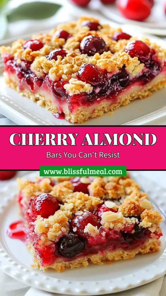 Indulge in these delightful cherry almond crumble bars, the perfect treat for cherry dessert lovers! Easy to whip up, these crumble bars combine fresh cherries and a hint of almond extract for a satisfying flavor. Whether you're looking for cherry baking recipes or almond extract recipes, this is a must-try! Save this recipe for your next baking adventure! #CherryAlmondCrumbleBars #EasyCrumbleBars #CherryDessertRecipes #AlmondExtractRecipes