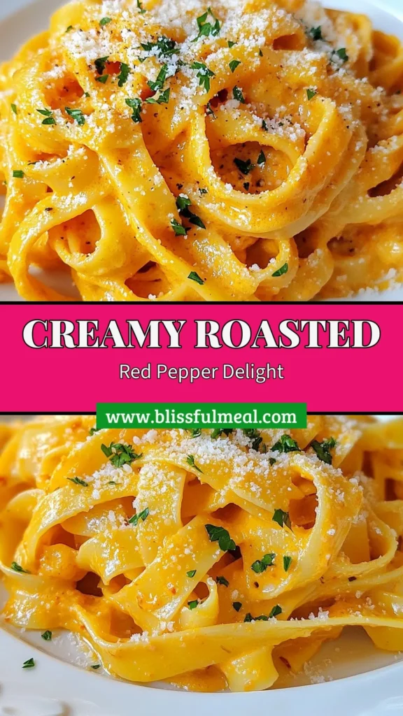 Indulge in this creamy roasted red pepper pasta, a delightful vegetarian pasta dish that's both rich and satisfying. Made with a luscious roasted red pepper sauce, it's perfect for easy pasta recipes and can be tailored as a dairy-free pasta option using coconut cream. Whether it's a weeknight dinner or a special occasion, this recipe promises to impress! Try it today and save for later! #CreamyRoastedRedPepperPasta #EasyPastaRecipes #VegetarianDish #DairyFreePasta