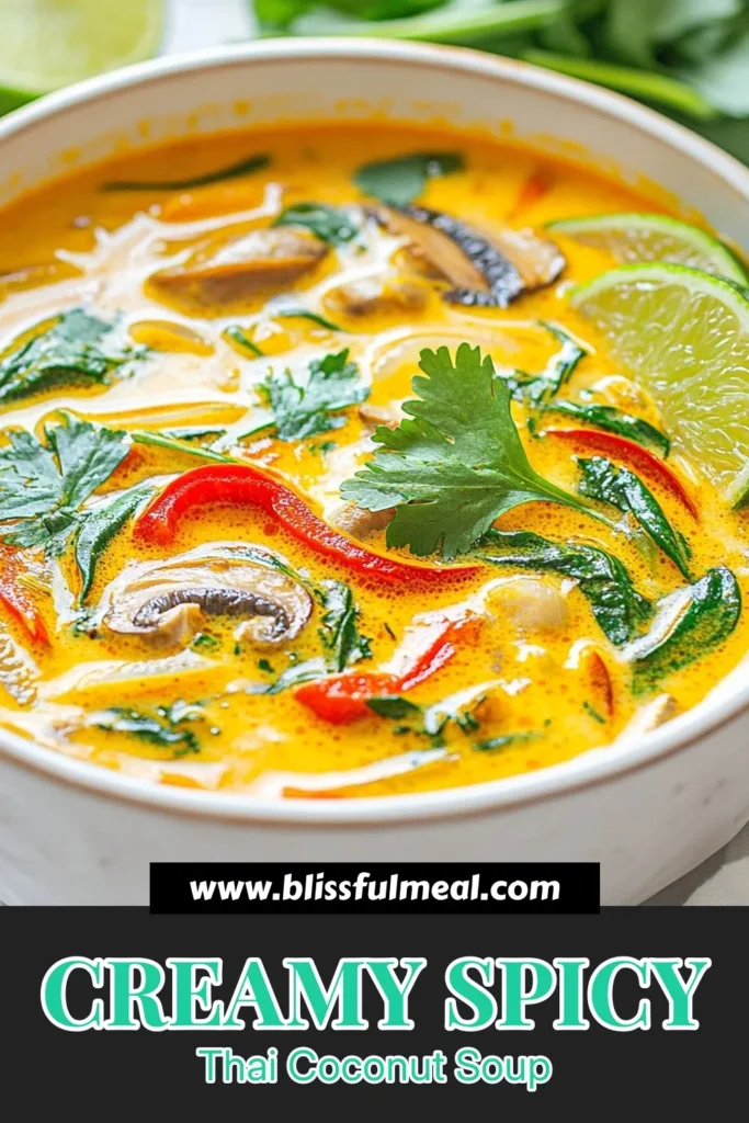 Discover the ultimate comfort dish with this Spicy Thai Coconut Soup! This vegetarian Thai soup recipe combines creamy coconut milk soup with a kick from red curry and fresh vegetables. It's an easy Thai soup recipe that's perfect for any occasion. Made with shiitake mushrooms, red bell pepper, and baby spinach, this creamy soup is packed with flavor. Click to save this recipe and elevate your cooking game! #SpicyThaiCoconutSoup #ThaiRecipe #VeganCooking #SoupLovers