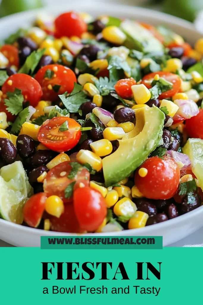 Discover the deliciousness of Avocado Black Bean Salad, a vibrant Healthy Fiesta Salad perfect for any occasion. This Vegetarian Bean Salad combines fresh avocados, black beans, cherry tomatoes, and corn for a delightful burst of flavor. Perfect as a side or main dish, it’s one of the freshest avocado recipes out there. Try this easy Corn Salad with Black Beans today and enjoy the colorful, nutritious goodness! Save for later! #AvocadoBlackBeanSalad #HealthyFiestaSalad #VegetarianBeanSalad #FreshAvocadoRecipes