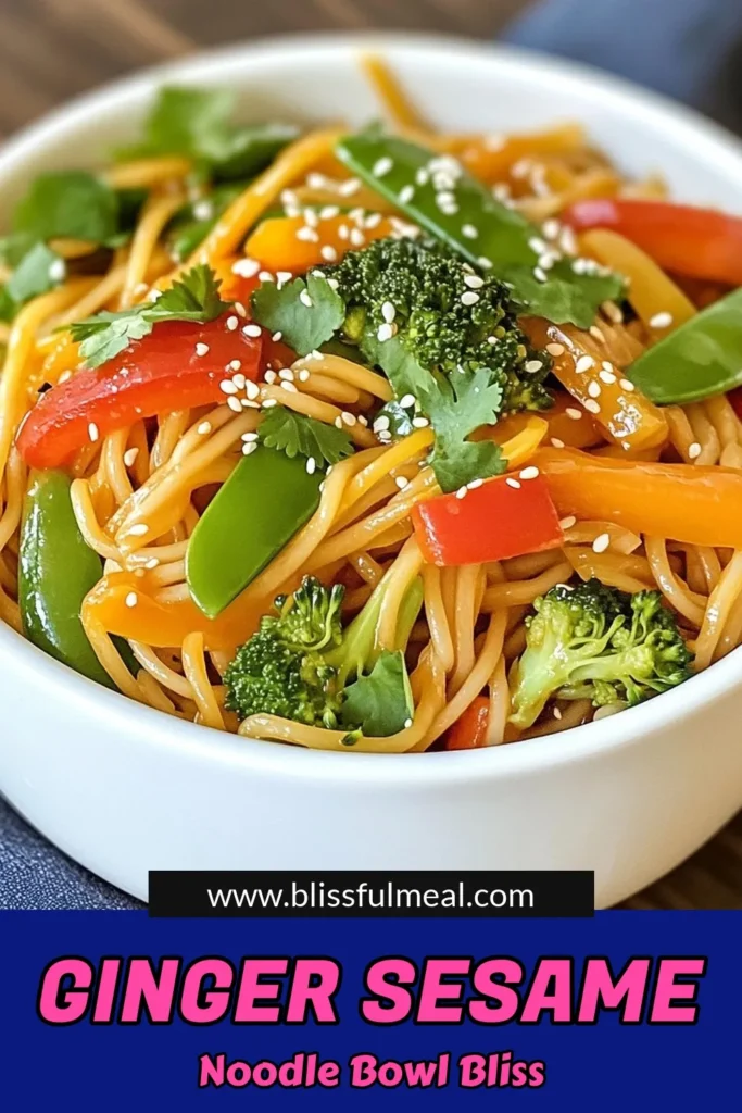 Discover a delightful Sesame Ginger Noodle Bowl, the perfect quick Asian noodle dish that's bursting with flavors! This healthy noodle recipe features colorful veggies like red bell pepper and broccoli, all tossed in a zesty ginger sauce. Enjoy a vegetarian noodle salad that’s also gluten-free when using tamari. Ready in just 25 minutes, it's a nourishing meal for any day. Try this fun dish and save it for later! #SesameGingerNoodleBowl #HealthyNoodleRecipes #VegetarianNoodleSalad #GlutenFreeGingerNoodles