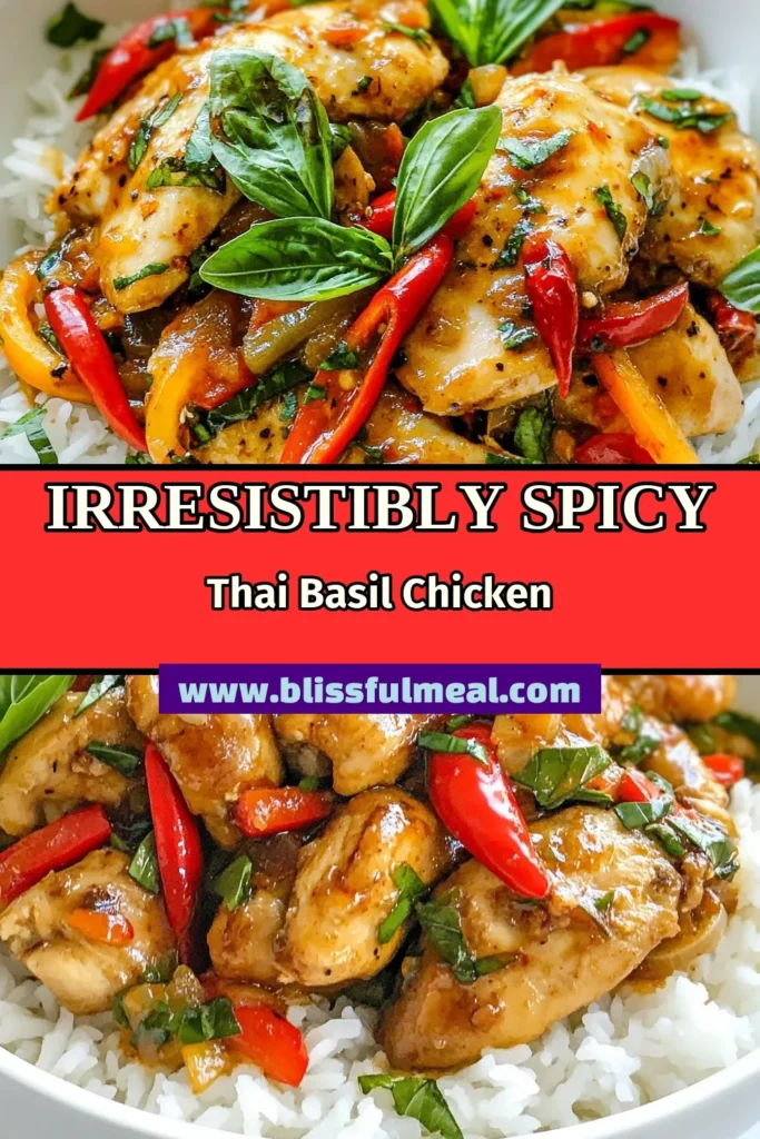 Discover the bold flavors of this Spicy Thai Basil Chicken recipe that will elevate your dinner game! This easy Thai chicken stir fry combines juicy chicken thighs with vibrant bell peppers and fresh Thai basil, creating an authentic Thai basil chicken experience. Serve it over aromatic jasmine rice for a delightful meal. Perfect for spice lovers craving spicy chicken with basil. Save this dish for your next dinner night! #ThaiRecipe #SpicyChicken #QuickDinner #ComfortFood