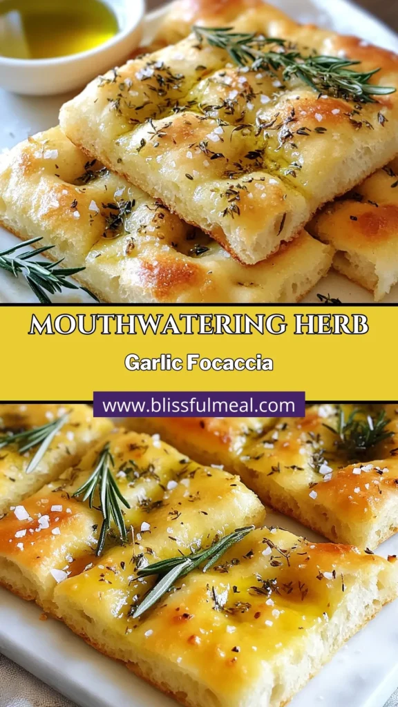 Discover the ultimate Herb Garlic Focaccia recipe that transforms simple ingredients into delicious homemade focaccia bread. This easy focaccia recipe combines warm, fluffy bread with aromatic garlic and fresh herbs, drizzled with olive oil for a perfect gourmet touch. Enjoy it fresh out of the oven or as garlic bread with herbs alongside your favorite dishes. Try this olive oil bread recipe today for an irresistible treat! #HerbGarlicFocaccia #EasyFocacciaRecipe #HomemadeFocaccia #GarlicBreadWithHerbs