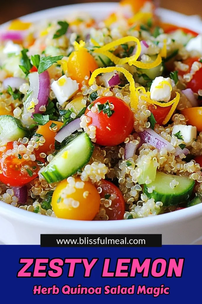 Discover this refreshing Lemon Herb Quinoa Salad that’s perfect for any meal! This vegetarian quinoa salad combines fluffy quinoa with sweet cherry tomatoes, crisp cucumbers, and fresh herbs for a Mediterranean delight. It’s an easy herb quinoa salad recipe that you can whip up in no time. Enjoy the zing of lemon with every bite! Save this delicious lemon quinoa salad recipe for your next healthy dish! #QuinoaSalad #HealthyEats #MediterraneanRecipes #VegetarianDelights