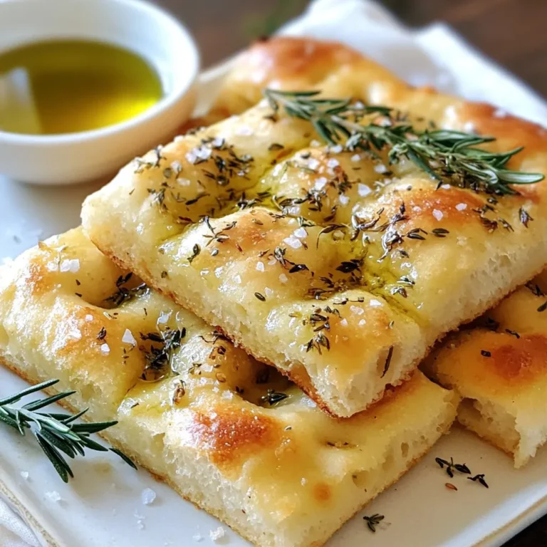 To make this tasty herb garlic focaccia bread, you'll need: - 4 cups all-purpose flour - 2 teaspoons active dry yeast - 1 tablespoon sugar - 1 ½ cups warm water (approximately 110°F or 43°C) - 1 teaspoon salt - ¼ cup olive oil (plus additional for drizzling) - 1 tablespoon fresh rosemary, finely chopped - 1 tablespoon fresh thyme leaves - 5 cloves garlic, minced - Coarse sea salt for topping These basic ingredients work together to create a soft, flavorful bread that will impress everyone. You can add extra flavors to your focaccia. Consider these options: - Sun-dried tomatoes for a rich taste - Olives for a briny kick - Parmesan cheese to add a nice cheesy layer - A sprinkle of red pepper flakes for heat These enhancements will create a unique twist on the classic recipe. To make this focaccia bread, gather these tools: - A large mixing bowl for combining ingredients - A wooden spoon or your hands for mixing - A 13x9 inch baking pan for shaping the dough - A damp cloth for covering the dough during rising - A wire rack for cooling the bread after baking Having the right tools will make the process smooth and enjoyable. {{ingredient_image_2}} Start by mixing warm water and sugar in a small bowl. Then, sprinkle the active dry yeast on top. Let it sit for 5 to 10 minutes. You will see it become frothy. This shows the yeast is alive and ready to work. In a large bowl, whisk together the flour and salt. Make a well in the center. Pour in the frothy yeast mixture and ¼ cup of olive oil. Mix the ingredients with a wooden spoon or your hands until a shaggy dough forms. Transfer the dough to a lightly floured surface. Knead it for about 5 to 7 minutes. The dough should feel smooth and elastic. Next, lightly grease a bowl and place the dough inside. Cover it with a damp cloth and let it rise in a warm spot for about 1 hour. It should double in size. Once the dough has risen, gently punch it down to remove air. Move the dough to a greased baking pan, about 13x9 inches. Use your fingers to stretch the dough to fit the pan. Then, press your fingertips into the surface to create dimples. In a small bowl, mix minced garlic, chopped rosemary, and thyme. Spread this herb-garlic mix over the dimples in the dough. Drizzle more olive oil over the top to coat the herbs. Finally, sprinkle coarse sea salt on the surface. Cover the pan with a cloth and let it rise for another 30 minutes. During this time, preheat your oven to 400°F (200°C). Bake the focaccia for 20 to 25 minutes. It should turn golden brown and crisp at the edges. After baking, cool it slightly on a wire rack before slicing into squares. - Use warm water, about 110°F, to wake up the yeast. - Knead the dough for 5-7 minutes until it feels smooth. - Let the dough rise in a warm spot to double in size. - Create deep dimples in the dough before adding toppings. - Drizzle olive oil generously to keep it moist. These tips will help you achieve a soft, airy focaccia with a crispy crust. - Don’t skip the yeast proofing step; it ensures your bread will rise. - Avoid over-kneading; it can make the dough too tough. - Don’t rush the second rise; it adds to the flavor and texture. - Using too much flour can lead to a dry loaf. Being aware of these mistakes can save you from a flat or dry focaccia. - Add olives or sun-dried tomatoes for a savory twist. - Sprinkle cheese like feta or parmesan for richness. - Mix in different herbs like basil or oregano for unique flavors. - Try adding a drizzle of balsamic glaze before serving. These additions can elevate your focaccia, making it even more delightful! Pro Tips Fresh Herbs Matter: Using fresh herbs like rosemary and thyme enhances the flavor significantly compared to dried herbs. Temperature is Key: Ensure your water is at the right temperature (110°F or 43°C) to activate the yeast effectively for a good rise. Don't Skip the Dimples: Creating dimples in the dough not only makes for a beautiful presentation but also allows for more olive oil and flavor to soak in. Cooling Time: Let the focaccia cool slightly before slicing to retain its shape and texture; this allows the interior to set properly. {{image_4}} You can change the herbs in your focaccia. Try using fresh basil for a sweet touch. Oregano gives a classic Italian taste. If you want a bolder flavor, use sage or dill. Mix and match herbs to suit your taste. You can even use dried herbs if fresh ones are not available. Just remember, dried herbs are stronger, so use less. Adding toppings makes focaccia fun and unique. You can mix in sliced olives for a briny kick. Feta cheese crumbles add creaminess and tang. Try sun-dried tomatoes for a burst of flavor. You can also sprinkle fresh cheese like mozzarella on top before baking. This creates a gooey, melty layer that everyone loves. Explore toppings that excite your taste buds! For a gluten-free version, swap all-purpose flour for gluten-free flour. Look for a blend made for baking. Add a bit more water if the dough feels dry. Another option is to use almond flour or chickpea flour. These add a nice flavor, but will change the texture. Make sure to check that your yeast is gluten-free too. Enjoy experimenting with gluten-free focaccia! To store your focaccia bread, let it cool first. Once cool, wrap it in plastic wrap or foil. This keeps it fresh and soft. Place it in a bread box or a cool, dry spot. If you keep it at room temperature, it will last about 2-3 days. For longer storage, consider freezing. When you want to enjoy your focaccia again, preheat your oven to 350°F (175°C). Unwrap the bread and place it on a baking sheet. Heat it for about 10-15 minutes. This will bring back its lovely texture and warmth. You can also use a toaster oven for smaller pieces. To freeze focaccia, slice it first. Wrap each slice tightly in plastic wrap. Place the wrapped slices in a freezer bag. This way, you can take out one or two slices at a time. Focaccia can stay fresh in the freezer for up to 3 months. When you’re ready, simply reheat as mentioned above. You will know your dough has risen enough when it has doubled in size. This usually takes about one hour. You can also poke a finger into the dough. If it springs back slowly, it’s ready. If it doesn’t spring back at all, it may have over-risen. Yes, you can use instant yeast. It works well in this recipe. You do not need to proof it in warm water first. Just add it to the flour and mix with the other ingredients. To make your focaccia more flavorful, try adding more herbs, like oregano or basil. You can also mix in some grated cheese or olives into the dough. Drizzling more olive oil on top before baking adds flavor too. The best way to serve focaccia is warm. Slice it into squares and serve with olive oil and balsamic vinegar for dipping. You can also garnish it with extra herbs for a nice touch. Focaccia bread lasts about 2-3 days at room temperature. Keep it in an airtight bag to stay fresh. If you want to keep it longer, you can freeze it for up to three months. Just thaw it before serving! We explored the key ingredients and tools needed for perfect herb garlic focaccia. You learned how to make the dough, shape it, and bake it to golden perfection. Tips and tricks helped you avoid common mistakes, while variations opened doors to new flavors. Lastly, proper storage kept your bread fresh longer. Enjoy experimenting with this easy and tasty recipe. Happy baking!
