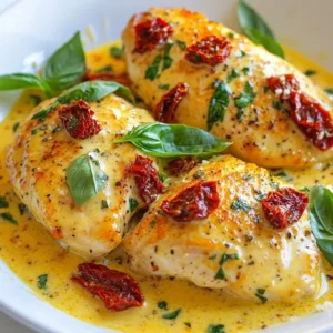- Chicken: 4 skinless chicken breasts - Seasoning: Sea salt and freshly cracked black pepper - Cooking Oil: 2 tablespoons extra virgin olive oil - Sun-Dried Tomatoes: 1 cup packed in oil - Aromatics: 3 cloves garlic, finely minced - Cream Base: 1 cup heavy cream - Chicken Broth: 1 cup low-sodium - Dried Herbs: 1 teaspoon dried basil, 1 teaspoon dried oregano - Cheese: ½ cup freshly grated Parmesan cheese - Fresh basil leaves for finish Gather these bright and tasty ingredients to make your dish pop! Start with chicken breasts, seasoned simply with salt and pepper. The olive oil will help sear them to golden perfection. Then, sun-dried tomatoes bring a rich and tangy flavor. The garlic adds a nice bite, while the heavy cream creates that dreamy sauce. For depth, low-sodium chicken broth keeps the dish light. Dried basil and oregano add warmth and herbal notes. Finally, freshly grated Parmesan cheese melts in beautifully, providing a creamy texture. Don’t forget fresh basil leaves for a vibrant garnish. These ingredients will come together for a delightful meal you’ll enjoy! {{ingredient_image_2}} First, take your chicken breasts and season both sides with sea salt and freshly cracked black pepper. This step adds a nice flavor to the meat. Make sure to cover every inch to get the best taste. Next, heat 2 tablespoons of extra virgin olive oil in a large skillet over medium-high heat. Once the oil is hot, place the seasoned chicken breasts in the pan. Sear them for about 5-7 minutes on each side. The goal is to achieve a golden brown color. Once cooked, move the chicken to a plate and set it aside. In the same skillet, keep the flavorful oil. Add 3 cloves of finely minced garlic and sauté for about 30 seconds. You want to smell the garlic but not let it brown. Then, add 1 cup of sun-dried tomatoes, including a tablespoon of their oil. Cook for an additional 2 minutes while stirring. This blends the flavors. Now, pour in 1 cup of low-sodium chicken broth and 1 cup of heavy cream into the skillet. Stir the mixture gently. Allow it to come to a gentle simmer. Add 1 teaspoon of dried basil, 1 teaspoon of dried oregano, and ½ cup of freshly grated Parmesan cheese. Keep stirring until the cheese melts and the sauce becomes creamy. It’s time to return the seared chicken to the skillet. Nestle the chicken in the creamy sauce. Spoon some sauce over the chicken and let everything simmer together for about 3-5 minutes. This step allows the flavors to meld beautifully. Carefully plate the chicken and drizzle the creamy sun-dried tomato sauce over the top. For a fresh touch, add some fresh basil leaves as garnish. This not only looks beautiful but also adds a burst of flavor. Enjoy your delightful meal! - Cook the chicken until it is fully done but not dry. - Use a meat thermometer. Aim for 165°F (75°C) inside. - Let the chicken rest for a few minutes after cooking. - Use the oil from the sun-dried tomatoes to boost taste. - This oil adds a rich flavor to your dish. - Mixing in herbs like basil and oregano will deepen the taste. - Serve the chicken with creamy mashed potatoes for a cozy meal. - You can also place it over pasta to soak up the sauce. - Don’t forget to sprinkle extra Parmesan on top for flair! Pro Tips Rest the Chicken: After cooking, let the chicken rest for a few minutes before serving. This helps retain the juices and keeps the meat tender. Use Fresh Herbs: For an even more vibrant flavor, consider using fresh basil and oregano instead of dried. Add them at the end of cooking to preserve their freshness. Adjust the Creaminess: If you prefer a lighter sauce, you can substitute half of the heavy cream with low-fat milk or a non-dairy alternative. Pairing Suggestions: This dish pairs beautifully with a crisp white wine, such as Sauvignon Blanc, which complements the sun-dried tomatoes and creamy sauce. {{image_4}} If you want to change up the protein, you have great options. Try using turkey instead of chicken. Turkey breasts are lean and cook similarly to chicken. Pork is another tasty choice. Pork chops or tenderloin work well in this recipe. If you prefer plant-based options, tofu makes a great substitute. Press it to remove water, and then cook it like chicken. Each option brings its own flavor and texture. You can make this dish even better by adding veggies. Spinach is a fantastic choice. It wilts nicely into the sauce, adding color and nutrients. Simply stir in a couple of handfuls at the end. Mushrooms are another great addition. They bring a nice earthiness to the dish. Slice them and sauté with the garlic and sun-dried tomatoes. Both options enhance taste and make the meal more filling. For a creamy sauce without dairy, you can swap heavy cream for coconut cream or cashew cream. Coconut cream adds a hint of sweetness. It pairs well with the sun-dried tomatoes. Cashew cream gives a rich, creamy texture. To make it, blend soaked cashews with water until smooth. This way, you can enjoy the creamy goodness without any dairy. Both options keep the dish delicious and rich. Let the creamy sun-dried tomato chicken cool down first. This step helps keep the flavors intact. After cooling, transfer it to an airtight container. Make sure to seal it well to prevent air from getting in. You can store the chicken in the fridge for about 3 to 4 days. Just make sure it stays in the airtight container. This way, it will stay fresh and tasty for your next meal. When you're ready to eat, just reheat it gently. This dish freezes well for up to 3 months. To freeze, place the cooled chicken in a freezer-safe container. When you want to enjoy it again, just thaw it in the fridge overnight. Reheat gently on the stove or in the microwave. This will help keep the creamy sauce smooth and delicious. You can use fresh tomatoes, but the taste will change. Sun-dried tomatoes are richer and sweeter. If you choose fresh, chop about 2 cups and cook them down. This will help remove excess moisture. You may also need to add more seasoning to enhance the flavor. Creamy Sun-Dried Tomato Chicken pairs great with many sides. Here are some ideas: - Rice: A fluffy white or brown rice works well. - Bread: Serve with crusty bread to soak up the sauce. - Steamed Vegetables: Broccoli or green beans add a nice crunch. Yes, this recipe is perfect for meal prep. You can cook and store the chicken in the sauce. Divide it into containers for easy lunches. Just reheat gently in the microwave or on the stove. This dish keeps well in the fridge for 3-4 days. Yes, you can make this dish without heavy cream. Use coconut cream or cashew cream instead. These options will change the flavor slightly but still taste great. You can also use Greek yogurt. Just mix it in at the end to keep it creamy. This blog post covered a tasty and simple creamy sun-dried tomato chicken recipe. We discussed key ingredients, cooking steps, tips, and variations to personalize your dish. Remember, using fresh herbs will boost flavor and using good quality ingredients makes a difference. This recipe works well for meal prep and pairs nicely with rice or vegetables. You can easily adjust it to fit your dietary needs. Enjoy cooking and sharing this delicious dish with friends and family!