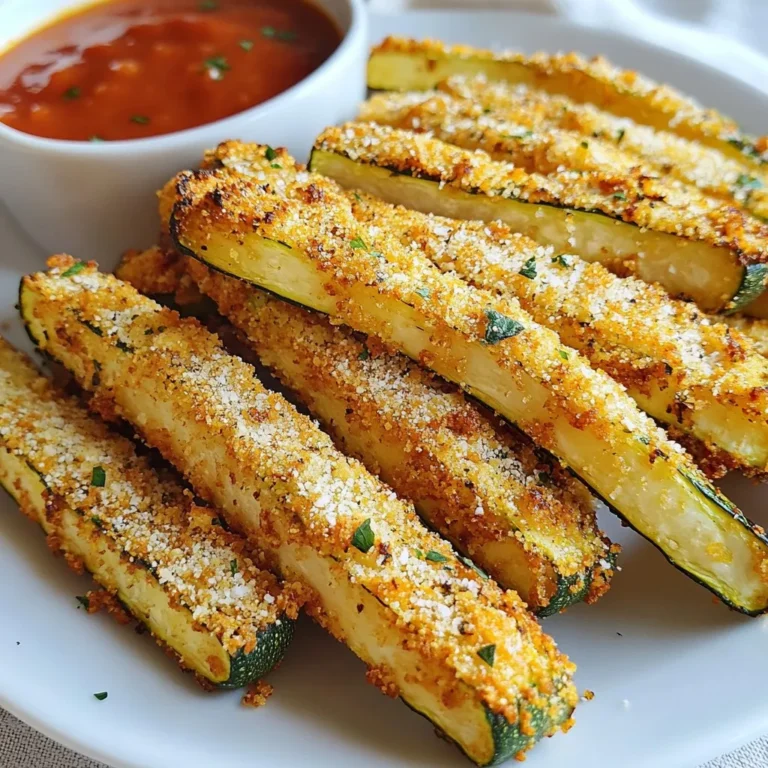 To make Air Fryer Parmesan Zucchini Fries, you need fresh, quality ingredients. Here’s what you will need: - 2 medium zucchinis, trimmed and cut into fry shapes - 1 cup panko breadcrumbs - ½ cup freshly grated Parmesan cheese - 1 teaspoon garlic powder - 1 teaspoon onion powder - ½ teaspoon dried oregano - ½ teaspoon paprika - Salt and freshly ground pepper to taste - 2 large eggs, beaten until smooth - Olive oil spray Each ingredient plays a key role in creating that crispy, flavorful bite. The panko breadcrumbs deliver a satisfying crunch. Freshly grated Parmesan adds rich, cheesy goodness. The garlic and onion powders bring depth to the flavor, while oregano and paprika add a delightful hint of spice. The eggs help the crumbs stick, ensuring every fry gets that perfect coating. Using salt and pepper to taste lets you adjust the flavor to your liking. Finally, the olive oil spray gives the fries a beautiful golden color and extra crispiness. Having all these ingredients ready makes the cooking process smooth and enjoyable. {{ingredient_image_2}} Start by preheating your air fryer to 400°F (200°C). This heat helps the zucchini fries get crispy. Preheating makes a big difference in texture. In a large mixing bowl, mix together the following dry ingredients: - 1 cup panko breadcrumbs - ½ cup freshly grated Parmesan cheese - 1 teaspoon garlic powder - 1 teaspoon onion powder - ½ teaspoon dried oregano - ½ teaspoon paprika - Salt and freshly ground pepper to taste Stir well to combine these ingredients. This mix gives your fries flavor and crunch. Set up your breading station for easy coating: - Place the beaten eggs in one bowl. - Put the breadcrumb mix in another bowl. This setup helps coat the zucchini fries quickly. Take one zucchini fry and dip it into the beaten eggs. Make sure it is fully coated. Let the excess egg drip off. Now, move the fry to the breadcrumb bowl. Press down gently to make sure the breadcrumbs stick well. Repeat this step for each fry until they are all coated. Arrange the coated zucchini fries in a single layer in your air fryer basket. Make sure not to overcrowd them. If they are too close, they won’t crisp up well. Lightly spray the tops of the fries with olive oil spray. This helps them turn golden and crispy. Cook the zucchini fries for 10-12 minutes. Flip them halfway through the cooking time. This step ensures they cook evenly and get crispy on all sides. When they look golden and crispy, remove them from the air fryer. Let them cool for a few minutes before serving. This cooling time keeps them crunchy. To make your fries extra crispy, always use olive oil spray. This helps create a nice, golden crust. Just a light spray on top before cooking works wonders. It adds flavor and crunch. Batch cooking is another great tip. If you overcrowd the air fryer, the fries won't crisp well. Cook them in small batches. This way, each fry gets enough air for perfect crispiness. For dipping, I recommend marinara sauce or creamy garlic aioli. Both pair well with the fries' flavors. You can also try ranch dressing for a fun twist. Garnish your fries with fresh parsley. It adds color and a nice touch. You can even sprinkle some extra Parmesan cheese on top for added flavor. One common mistake is not ensuring even coating. Make sure each zucchini fry is well-coated with eggs and breadcrumbs. This step is vital for a crispy finish. Another mistake is not checking cooking times. Every air fryer is different. Keep an eye on your fries and flip them halfway through. This helps them cook evenly and prevents burning. Pro Tips Choose Firm Zucchini: Select medium-sized zucchinis that are firm to the touch. Avoid oversized zucchinis, as they tend to be watery and less flavorful. Customize Your Seasoning: </strongFeel free to experiment with different herbs and spices in the breadcrumb mixture to suit your taste. Try adding Italian seasoning, cayenne pepper, or even a pinch of lemon zest for a fresh twist! Ensure Even Cooking: Remember to flip the zucchini fries halfway through cooking. This will help them cook evenly and achieve that perfect crispiness. Storage Tips: If you have leftovers, store them in an airtight container in the fridge. To reheat, pop them back into the air fryer for a few minutes to regain their crisp texture. {{image_4}} You can change the flavors of your zucchini fries easily. One option is to add cayenne pepper for some heat. Start with a small amount, about 1/4 teaspoon, and adjust to your taste. This spice gives the fries a nice kick. Another option is using herbs like thyme or basil. Both add a fresh taste. Mix in 1 teaspoon of dried thyme or basil into your breadcrumb mixture. This will make your fries taste like summer. You can switch up the cheese for different flavors. Instead of Parmesan, try using cheddar or mozzarella. Both will melt nicely and add a creamy texture. Grate about ½ cup of your chosen cheese and mix it with the breadcrumbs. If you need a dairy-free option, try using nutritional yeast. It has a cheesy flavor and is easy to find. Use the same amount—½ cup—and mix it with your breadcrumbs. This way, everyone can enjoy crispy zucchini fries! To store your leftover zucchini fries, place them in an airtight container. This keeps them fresh. Refrigerate the container for up to three days. Make sure they cool down before sealing. This helps prevent sogginess. To restore crispness, use your oven. Preheat it to 375°F (190°C). Lay the fries on a baking sheet in a single layer. Heat them for about 10 minutes. Flip them halfway through to ensure even crisping. You’ll enjoy the crunch again! To freeze zucchini fries, let them cool completely first. Arrange them in a single layer on a baking sheet. Freeze them for one hour, then transfer to a freezer bag. This keeps them from sticking together. Use frozen fries within three months for the best taste. Yes, you can make these zucchini fries gluten-free. Simply substitute the panko breadcrumbs with gluten-free breadcrumbs. Many brands offer great options that work just as well. You can also use crushed gluten-free cereal or almond flour. These alternatives still give that crispy texture. Just check the labels to ensure they are truly gluten-free. You can store cooked zucchini fries in the fridge for about three days. Place them in an airtight container. This keeps them fresh and tasty. Before serving, you can reheat them in the air fryer for a few minutes. This method helps restore their crunch. Absolutely! You can use many other vegetables for air fryer fries. Some great options include sweet potatoes, carrots, or eggplant. Just cut them into fry shapes like the zucchini. You may need to adjust cooking times based on the vegetable's size and thickness. Each option brings its own flavor and fun twist! This blog post covers how to make crispy air fryer zucchini fries. You learn about the ingredients needed and the proper steps to cook them. I shared tips for extra crispiness and variations to spice things up. Storing and reheating methods ensure you enjoy them later. These simple zucchini fries can fit anyone's taste. Now grab your ingredients and start cooking! You’ll love how tasty and easy they are to make. Enjoy your cooking experience!