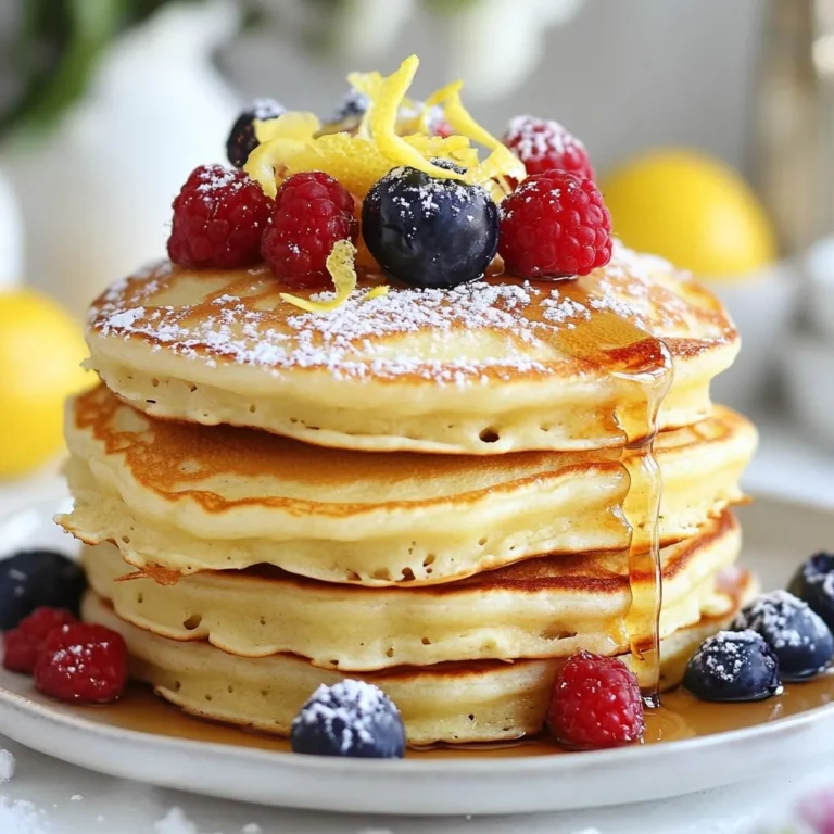 To make these lovely lemon ricotta pancakes, you will need: - 1 cup ricotta cheese - 1 cup all-purpose flour - 1/4 cup granulated sugar - 1 teaspoon baking powder - 1/2 teaspoon baking soda - 1/4 teaspoon salt - 2 large eggs, at room temperature - 1 tablespoon lemon zest (freshly grated) - 1/4 cup fresh lemon juice - 1 teaspoon vanilla extract - 1/2 cup whole milk, warmed - Butter or vegetable oil for cooking - Fresh berries (blueberries, strawberries, or raspberries) and pure maple syrup for serving You can swap a few ingredients if needed: - Use cottage cheese instead of ricotta for a lighter version. - Substitute whole wheat flour for all-purpose flour for more fiber. - Replace granulated sugar with honey or maple syrup for a natural sweetener. - Try almond milk or oat milk in place of whole milk for a dairy-free option. - You can skip the eggs and use a flax egg for a vegan choice. Fresh ingredients make a big difference in taste. Fresh lemon juice and zest give bright flavor. The ricotta should be creamy and smooth for the best texture. When you use fresh berries, they add color and natural sweetness. Using fresh ingredients helps you create delicious meals that everyone loves. Plus, they make your pancakes look and taste amazing! {{ingredient_image_2}} Start by grabbing a large bowl. Add 1 cup of ricotta cheese. Crack in 2 large eggs, making sure they’re at room temperature. Next, add 1 tablespoon of fresh lemon zest and 1/4 cup of fresh lemon juice. Don’t forget 1 teaspoon of vanilla extract and 1/2 cup of warmed whole milk. Whisk everything together until it's smooth and creamy. It should look thick but airy. This mixture gives our pancakes that light texture. Now, take another bowl for the dry mix. Sift 1 cup of all-purpose flour, 1/4 cup of granulated sugar, 1 teaspoon of baking powder, 1/2 teaspoon of baking soda, and 1/4 teaspoon of salt into the bowl. Make sure to mix them well. This step is key to avoid lumps and ensure even cooking. All the dry ingredients should blend together nicely. Preheat your non-stick skillet over medium heat. Add a small pat of butter or a drizzle of oil. Once it's hot, scoop about 1/4 cup of batter onto the skillet for each pancake. Wait until bubbles form on the surface, about 2-3 minutes. Flip the pancake carefully and cook until golden brown, another 2-3 minutes. If you see the edges firming up, it’s a good sign. Keep going with the rest of the batter, adding more butter or oil as needed. Stack the pancakes on a plate covered with a kitchen towel to keep them warm. Enjoy them topped with fresh berries and a drizzle of maple syrup! To get those light and fluffy pancakes, avoid overmixing the batter. When you combine the dry and wet ingredients, mix gently. A few lumps are okay. This helps keep air in the batter, giving your pancakes a nice rise. Use room temperature eggs and warm milk to help with texture too. The right cooking temperature is key. Cook on medium heat so they brown nicely without burning. You can add fun flavors to your pancakes. Try mixing in fresh blueberries or chocolate chips. You can also add chopped nuts for a crunchy bite. If you like a twist, some poppy seeds will add a lovely touch. These add-ins make your pancakes even more special and delicious. To save time in the morning, you can prep the dry ingredients the night before. Mix the flour, sugar, baking powder, baking soda, and salt in a bowl. Store it in an airtight container. In the morning, whisk the wet ingredients and combine. You can also make the pancakes ahead of time and freeze them. Just reheat them in the toaster or microwave for a quick meal. Pro Tips Use Room Temperature Eggs: Room temperature eggs blend more easily into the batter, resulting in a smoother texture for your pancakes. Don’t Overmix the Batter: Stir the batter until just combined to keep your pancakes light and fluffy; a few lumps are okay! Adjust Cooking Temperature: If pancakes are browning too quickly, lower the heat slightly to ensure they cook through without burning. Experiment with Flavor Additions: Enhance your pancakes by adding a pinch of cinnamon or nutmeg for a warm, comforting twist. {{image_4}} Add blueberries for a burst of flavor. Simply fold in about 1 cup of fresh or frozen blueberries into the batter after mixing the wet and dry ingredients. This gives the pancakes a sweet and juicy surprise. The berries pair perfectly with the zesty lemon taste. You can also use strawberries or raspberries if you prefer. For a twist, try making savory pancakes. Skip the sugar and lemon zest. Instead, mix in herbs like chives or parsley. You can also add crumbled feta cheese for a salty kick. Serve these pancakes with a dollop of Greek yogurt or a sprinkle of fresh herbs. They make a great brunch dish or a side for grilled meats. To make these pancakes gluten-free, swap the all-purpose flour with a gluten-free blend. Make sure the blend contains xanthan gum or add 1 teaspoon yourself. This helps maintain the pancake's fluffy texture. Check labels to ensure other ingredients, like baking powder, are gluten-free. Enjoy the same great taste without gluten! If you have leftover pancakes, let them cool first. Place them in an airtight container. You can store them in the fridge for up to three days. For best taste, eat them fresh. To reheat pancakes, use a toaster or microwave. If using a microwave, wrap them in a damp paper towel. Heat for about 20-30 seconds. For the toaster, just pop them in until warm. They will taste almost fresh again. You can freeze pancakes for later. Stack them with parchment paper in between. Place them in a freezer bag, removing as much air as possible. They will stay good for up to two months. To enjoy, just reheat them straight from the freezer. Lemon ricotta pancakes use ricotta cheese, adding creaminess and richness. This cheese makes the pancakes fluffy and light. Regular pancakes often use only flour and milk, which gives them a denser texture. The lemon zest and juice add a bright, fresh flavor that sets these pancakes apart. They taste like a sunny morning on a plate! Yes, you can make the batter ahead of time! Mix it and store it in the fridge. Just keep it in an airtight container. I suggest using the batter within 24 hours for the best taste and texture. When you're ready to cook, stir the batter gently to combine. If it seems thick, add a splash of milk to loosen it up. You can tell the pancakes are done when they are golden brown on both sides. Look for bubbles forming on the surface as they cook. When those bubbles pop and stay open, it’s time to flip them. Cook for another 2-3 minutes until the other side is golden too. If you poke the center, it should feel firm and spring back. Enjoy your fluffy lemon ricotta pancakes! We explored how to make delicious pancakes using fresh ingredients. You learned about essential item lists, simple swaps, and the need for quality ingredients. I shared step-by-step tips for mixing, cooking, and achieving the perfect texture. We looked at tasty variations, plus how to store and reheat leftovers. These insights will make pancake mornings easier and more fun. With these skills, you can enjoy a tasty, homemade breakfast any day. Embrace the joy of cooking pancakes!
