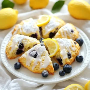 - 2 cups all-purpose flour - 1/2 cup granulated sugar - 2 teaspoons baking powder - 1/2 teaspoon baking soda - 1/4 teaspoon fine salt - 1/2 cup unsalted butter, chilled and diced - 1 cup fresh blueberries - Zest of 1 medium lemon - 1/4 cup freshly squeezed lemon juice - 1/2 cup heavy cream - 1 large egg, at room temperature - 1 teaspoon vanilla extract - Powdered sugar for dusting - Lemon glaze When I make Lemon Blueberry Scones, I start with the main ingredients. The flour gives the scones their base. Granulated sugar adds sweetness, while baking powder and baking soda help them rise. The fine salt balances the flavors. Next, I gather the additional ingredients. Chilled butter creates a tender texture. Fresh blueberries bring bursts of flavor. The lemon zest and juice add brightness. Heavy cream keeps the dough moist. The egg binds everything together, and vanilla gives a lovely aroma. For optional toppings, I like to dust the scones with powdered sugar. A lemon glaze can also add a sweet touch. These elements make the scones not just tasty, but also visually appealing. Enjoying them warm is a delightful experience! {{ingredient_image_2}} - Preheat your oven to 400°F (200°C). - Line a baking sheet with parchment paper. - In a large bowl, mix 2 cups of flour, 1/2 cup of sugar, 2 teaspoons of baking powder, 1/2 teaspoon of baking soda, and 1/4 teaspoon of salt until well combined. - Take 1/2 cup of cold butter, diced into small cubes. - Use a pastry cutter or your fingertips to blend the butter into the dry mix. - Keep mixing until you see coarse crumbs with some pea-sized pieces of butter. - Gently fold in 1 cup of blueberries and the zest of 1 lemon. - In another bowl, whisk together 1/4 cup of lemon juice, 1/2 cup of heavy cream, 1 egg, and 1 teaspoon of vanilla. - Pour this wet mix into the dry ingredients. - Stir gently with a spatula until the dough just comes together. - Transfer the dough to a lightly floured surface. - Knead the dough gently until it forms a circle about 1 inch thick. - Cut it into 8 wedges or use a round cutter for individual scones. - Place the cut scones on the prepared baking sheet, leaving space between them. - Bake in the oven for 15-20 minutes. - Check for doneness by looking for golden brown edges and a clean toothpick. To make the best lemon blueberry scones, start with cold ingredients. Use chilled butter and cold cream. This keeps the scones light and fluffy. Handle the dough gently. Overworking it can make the scones tough. Mix just until the dough comes together. These scones taste best when served warm. Spread some rich butter or clotted cream on top. A nice cup of tea or coffee pairs well with them. Consider a refreshing lemonade for a bright twist! For a sweeter touch, dust the scones with powdered sugar. You can also drizzle a simple lemon glaze over them. Use colorful plates to make your scones pop. This adds to their charm and makes them more inviting. Pro Tips Chill the Ingredients: For flakier scones, ensure your butter and heavy cream are very cold before mixing. This helps create a beautiful texture. Don’t Overmix: When combining the wet and dry ingredients, mix just until combined to avoid tough scones. A few lumps are okay! Use Fresh Berries: Fresh blueberries will give the best flavor and texture. If using frozen, do not thaw them beforehand to prevent excess moisture in the dough. Experiment with Zest: Feel free to add zest from other citrus fruits like lime or orange for a unique flavor twist! {{image_4}} You can switch up the fruit in your scones. Raspberries or cranberries work well. They add a fun twist. You can also add nuts or chocolate chips. Chopped walnuts or pecans give a great crunch. Dark chocolate chips add a rich flavor that pairs nicely with lemon. If you need a gluten-free option, use gluten-free flour. It gives similar results without the gluten. For those who avoid dairy, use almond milk or coconut cream instead of heavy cream. These swaps keep the scones moist and delicious. Try different citrus for a fresh taste. Lime or orange zest can change the whole flavor. You can also play with spices. A dash of cinnamon or nutmeg adds warmth. Just a pinch can enhance the overall taste without overpowering the lemon. To keep leftover scones fresh, place them in an airtight container. This helps prevent them from drying out. Ideally, enjoy them within two days. After that, they may lose their nice texture. If you want to save scones for later, freezing is a great option. Wrap each scone in plastic wrap. Then, place them in a freezer bag or container. This keeps them safe from freezer burn. They can last up to three months in the freezer. When you’re ready to eat frozen scones, reheating matters. The best way is to use an oven. Preheat it to 350°F (175°C). Place the scones on a baking sheet and heat for about 10-15 minutes. This helps maintain their soft texture. Avoid using the microwave, as it can make them soggy. Enjoy your warm, tasty treats! To keep your scones fluffy, use cold ingredients. Start with chilled butter. This helps create steam during baking. Mix the butter until it looks like coarse crumbs. Avoid overmixing the dough; stop when it just comes together. This keeps air in and makes the scones light. Yes, you can use frozen blueberries. They are handy when fresh ones aren’t available. However, frozen berries can make the dough wetter. This may change the texture. If you use them, add a little more flour to balance the moisture. Lemon blueberry scones last about 2-3 days at room temperature. Store them in an airtight container to keep them fresh. If you want to keep them longer, freeze them. They freeze well for up to 2 months. These scones are lovely with a pat of butter or clotted cream. You can also serve them with lemon curd for a zesty touch. A hot cup of tea or coffee pairs well too. Enjoy them as a sweet snack or a delightful breakfast treat. To make lemon blueberry scones, gather your main and additional ingredients as we outlined. You’ll follow simple steps to mix, shape, and bake them. Remember, cold ingredients help keep them fluffy. Consider adding your favorite mix-ins or toppings for extra flavor. Store any leftovers well to enjoy later. With these tips and tricks, you can create a delicious treat. Now, share them warm with friends or family for an enjoyable snack. Happy baking!