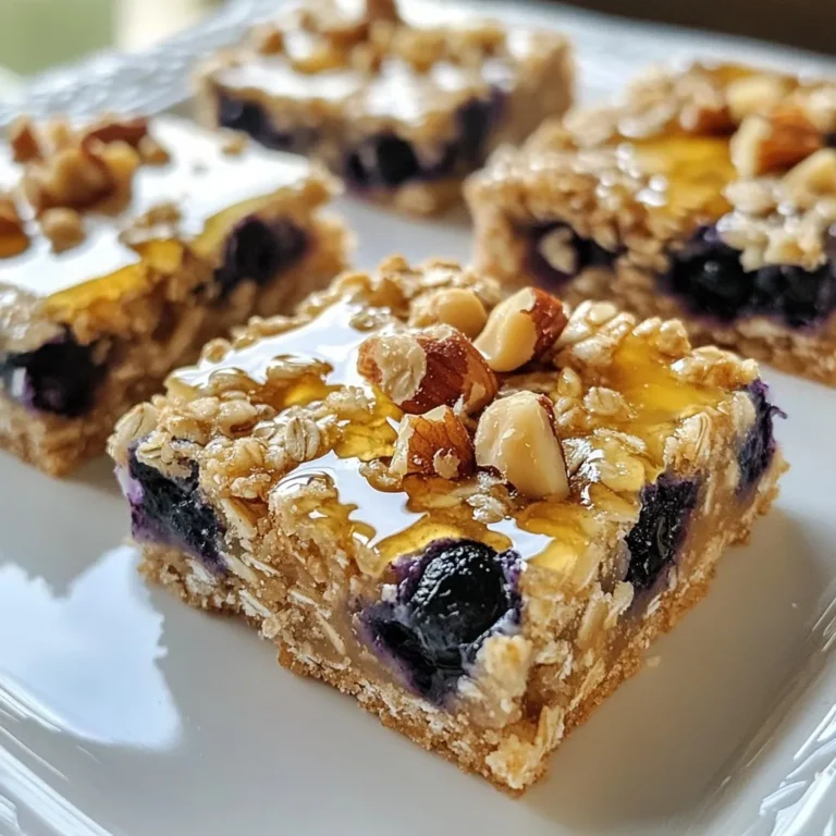 To make your blueberry oat breakfast bars, gather these key ingredients: - 2 cups rolled oats - 1 cup mashed ripe bananas (about 2 large bananas) - 1/2 cup almond butter (or your favorite nut butter) - 1/3 cup honey or maple syrup - 1 teaspoon vanilla extract - 1/2 teaspoon baking powder - 1/4 teaspoon salt - 1 cup fresh or frozen blueberries - 1/4 cup chopped nuts (optional; walnuts or almonds work well) You can tweak this recipe to fit your taste. Here are some options: - Chia seeds or flax seeds for added fiber - Coconut flakes for a tropical twist - Dark chocolate chips for a sweet touch - Different fruits like strawberries or raspberries can replace blueberries Here’s a breakdown of the health benefits of some ingredients in these bars: - Rolled oats: High in fiber, they promote fullness and are heart-healthy. - Bananas: Provide natural sweetness and potassium for energy. - Almond butter: A great source of healthy fats and protein. - Blueberries: Packed with antioxidants, they support brain health. - Honey or maple syrup: Natural sweeteners that offer a quick energy boost. These ingredients work together to create a nutritious and tasty start to your day. {{ingredient_image_2}} First, preheat your oven to 350°F (175°C). This step is key for even baking. Next, grab an 8x8 inch baking dish. Line it with parchment paper. Make sure to leave some paper hanging over the edges. This will help you lift the bars out later. In a large bowl, combine the rolled oats and mashed ripe bananas. You should use about two large bananas for one cup. Add in the almond butter, honey, and vanilla extract. Stir well to mix everything together. Next, sprinkle in the baking powder and salt. Keep mixing until the batter looks smooth and mixed well. Now, gently fold in the blueberries and nuts if you want them. Be careful not to squish the blueberries. Pour the mixture into your prepared baking dish. Use a spatula to spread it evenly. Bake in your preheated oven for 25-30 minutes. Look for golden brown edges. A toothpick should come out clean when you check it. After baking, let it cool in the pan for 10 minutes. Use the parchment paper to lift the whole block out. Place it on a wire rack to cool completely before slicing. To mash bananas, start with ripe ones. Ripe bananas are soft and sweet. Take two large bananas and place them in a bowl. Use a fork to press down on the bananas. Keep mashing until you achieve a smooth texture. You want no lumps for the best bars. This will help blend well with the oats and nut butter. If you don't have almond butter, you can use any nut butter. Peanut butter or sunflower seed butter also works well. For sweeteners, honey or maple syrup are great options. You can also use agave syrup or brown sugar. Just remember to adjust the amounts if you switch sweeteners. Keep the flavors balanced for tasty bars. The texture of your bars should be moist but firm. To achieve this, ensure your oats are mixed well with the wet ingredients. Don’t overmix after adding blueberries; this helps keep them whole. If the mix feels too dry, add a splash of water or more nut butter. If too wet, add a few more oats. This way, your bars will hold together perfectly after baking. Pro Tips Use Ripe Bananas: The riper the bananas, the sweeter and more flavorful your bars will be. Look for bananas with plenty of brown spots for the best results. Experiment with Nut Butters: While almond butter is delicious, feel free to substitute with peanut butter, cashew butter, or even sunflower seed butter for a different flavor profile. Chill Before Cutting: For cleaner cuts, consider chilling the bars in the fridge for about an hour after cooling. This helps them firm up and makes slicing easier. Storage Tips: Store the bars in an airtight container in the refrigerator for up to a week, or freeze them for longer storage. Just make sure to separate layers with parchment paper. {{image_4}} You can switch up the blueberries. Try using strawberries or raspberries. Just chop them into small pieces. This change adds new flavors and colors. You can mix fruits too! Use half blueberries and half strawberries for a fun twist. Almond butter is great, but you can use other nut butters. Peanut butter adds a rich taste. Cashew butter is creamy and sweet. Sunflower seed butter works well for nut-free diets. Each nut butter changes the flavor and texture. Choose what you like best. To make these bars gluten-free, use certified gluten-free oats. This ensures no cross-contamination with gluten. For nut-free options, use sunflower seed butter and skip nuts. These simple swaps make the bars safe for everyone. You can enjoy them without worry! To keep your blueberry oat breakfast bars fresh, store them in an airtight container. Place parchment paper between layers if you stack them. This keeps them from sticking together. Store the container in a cool, dry place, away from sunlight. This helps retain their taste and texture. If you want to save some bars for later, freezing works great. First, slice the bars into squares. Wrap each piece in plastic wrap or aluminum foil. Then, place the wrapped bars in a freezer bag. Squeeze out as much air as possible before sealing. This method prevents freezer burn and helps keep them tasty. When stored properly, these bars can last up to a week at room temperature. If you freeze them, they can last for up to three months. Just remember to thaw them in the fridge overnight before enjoying. Yes, you can use old oats for this recipe. Oats do not go bad easily. If they smell fine, they are good to use. Old oats may lose some taste, but they still work well in these bars. Just check for any bugs or signs of spoilage before using. Yes, these bars are vegan. You can use maple syrup instead of honey. Almond butter is a great choice since it has no animal products. All the other ingredients are plant-based too. This makes the bars suitable for vegans and those who avoid animal products. Yes, you can make these bars without bananas. If you do not like bananas or can't have them, use unsweetened applesauce instead. It will keep the bars moist and add sweetness. You can also try mashed avocado or pumpkin puree as alternatives. You learned about simple ingredients for making delicious bars. We explored step-by-step instructions, tips, and tasty variations. Knowing how to store and freeze your bars helps keep them fresh. In the end, these breakfast bars are easy and fun to make. You can mix them up with your favorite fruits and nut butters. Enjoy creating your perfect healthy snack!
