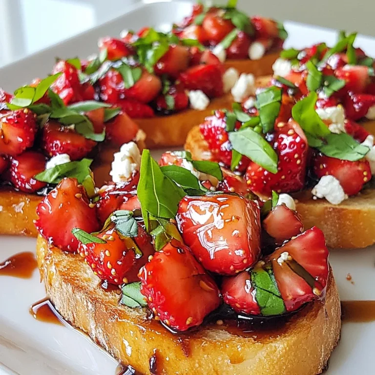 - Fresh Baguette - Ripe Strawberries - Balsamic Vinegar - Pure Honey - Fresh Basil Leaves - Creamy Goat Cheese - Extra Virgin Olive Oil - Sea Salt and Black Pepper For this Balsamic Strawberry Bruschetta, you need a few simple ingredients. Each one plays a key role in making this dish burst with flavor. First, grab a fresh baguette. This bread is perfect for creating a crispy base. Slice it into 1/2-inch thick pieces. You want each piece to hold the toppings well. Next, use ripe strawberries. They should be sweet and juicy. Hull and dice them into small pieces. This helps them mix well with the other flavors. Balsamic vinegar is a must. It adds that tangy kick that balances the sweetness of the strawberries. Pure honey sweetens the mixture. It brings out the natural taste of the fruit. Fresh basil leaves add a lovely aroma. Slice them finely to release their oils. Creamy goat cheese brings richness to each bite. Crumble it over the strawberries for a delicious contrast. You will also need extra virgin olive oil. Drizzle it on the baguette and the finished bruschetta for extra flavor. Lastly, have sea salt and black pepper on hand. These two seasonings enhance all the other tastes. With these ingredients, you create a tasty, colorful dish that is sure to impress! {{ingredient_image_2}} - Preheat your oven to 400°F (200°C). - Slice the fresh baguette into 1/2-inch thick pieces. - Arrange the slices in a single layer on a baking sheet. - Drizzle lightly with extra virgin olive oil for flavor. - Toast the baguette slices for about 5-7 minutes. - Watch them closely until they turn golden brown and crisp. - Every oven is different, so keep an eye on them. - In a medium bowl, combine diced strawberries and balsamic vinegar. - Add pure honey and a pinch of sea salt and black pepper. - Toss the mixture gently to combine all the ingredients well. - Let it sit for about 10 minutes to marinate. - Once the bread cools slightly, spoon the strawberry mixture on each slice. - Make sure to distribute the topping evenly for great flavor. - Sprinkle the crumbled goat cheese over the strawberries. - Finish with finely sliced fresh basil for an aromatic touch. - Drizzle a bit more balsamic vinegar over the bruschetta. - Add a light splash of olive oil for extra flavor. - Serve your Balsamic Strawberry Bruschetta right away for the best taste! - Importance of Using Fresh Ingredients Fresh ingredients make all the difference. Use ripe strawberries for sweetness. Fresh basil adds aroma and taste. Choose high-quality balsamic vinegar for rich flavor. Always opt for a fresh baguette to get that perfect crunch. - Adjusting Sweetness with Honey Honey balances the tang of balsamic vinegar. You can add more or less honey based on your taste. If your strawberries are tart, a bit more honey can help. Always taste as you go to get it just right. - Ensuring Even Toasting Lay the baguette slices flat on the baking sheet. Drizzle them with olive oil for a golden finish. Keep an eye on them while they toast. Rotate the pan if needed for even browning. - Preventing Burning Toast for 5-7 minutes, but watch closely. Oven temperatures can vary, so stay nearby. If they start to darken too fast, reduce the time or lower the heat. You want crispy, not burnt. - Serving Suggestions for Elegance Arrange the bruschetta on a nice platter. A wooden board adds a rustic touch. For a pop of color, sprinkle fresh basil around. This makes it look appealing and fun to eat. - Garnishing for Visual Appeal Finish with a drizzle of balsamic reduction for shine. A sprinkle of sea salt enhances flavor and looks great. Use whole basil leaves on top for a vibrant touch. Presentation matters, so think about how it will look. Pro Tips Use Fresh Ingredients: Always opt for ripe, fresh strawberries and high-quality balsamic vinegar to enhance the overall flavor of your bruschetta. Toast to Perfection: Keep a close eye on the baguette slices while toasting; removing them at just the right moment ensures they are crispy without being burnt. Customize the Cheese: If you're not a fan of goat cheese, try using feta or ricotta for a different creaminess and flavor profile. Marinate for Flavor: Allow the strawberry mixture to sit for longer than 10 minutes if you can; this will deepen the flavors and create a more delicious topping. {{image_4}} You can change the toppings to make this bruschetta your own. Using other seasonal fruits adds new tastes. Try peaches or blueberries for a fresh twist. These fruits add sweetness and color. They also pair well with balsamic vinegar. Swapping goat cheese for feta gives a different flavor. Feta is saltier and creamier. It works well with the strawberries. This change can surprise your guests and spark joy. While a fresh baguette is great, exploring other bread options is fun. Ciabatta or sourdough can enhance the bruschetta. They both offer unique textures and flavors. You could even try whole grain bread for a healthier choice. For those needing gluten-free options, use gluten-free bread. Many brands make tasty gluten-free baguettes. This way, everyone can enjoy the dish without worry. You can take your bruschetta to the next level by adding extra flavors. Incorporating nuts like pistachios or almonds adds crunch. They also bring a nutty taste that contrasts well with the sweet strawberries. Experimenting with spices can surprise your taste buds. A hint of black pepper or a sprinkle of cinnamon can change the dish. These small tweaks can create exciting new flavors. Don't be afraid to get creative! To keep leftover bruschetta fresh, store it in an airtight container. Place the toasted bread and the strawberry topping separately. This way, the bread stays crisp. If you mix them, the bread will get soggy. Use the bruschetta within two days for best taste. When stored properly, the strawberry topping lasts about three days in the fridge. The toasted bread is best eaten on the same day. If you must store it longer, wrap it tightly in plastic. The bread may lose some crispness but can still be tasty. To reheat the bread, place it in a preheated oven at 350°F (175°C). Heat for about five minutes. Keep an eye on it to avoid burning. This method helps maintain the crisp texture. Avoid using a microwave, as it makes the bread chewy. Yes, you can prepare the strawberry mixture a few hours ahead. Keep it in the fridge. Toast the bread just before serving for the best taste. Balsamic strawberry bruschetta pairs well with many dishes. Here are some ideas: - Grilled chicken or fish - A fresh green salad - A cheese platter with assorted cheeses - A glass of chilled white wine You can use frozen strawberries, but fresh ones taste better. If using frozen, thaw and drain excess water. This keeps the bruschetta from getting soggy. To make more servings, simply double the ingredients. Keep the same ratios for the best flavor. This recipe is easy to scale up for parties. Yes, you can try using red wine vinegar or apple cider vinegar. Both add a different flavor but still work well. Adjust the sweetness with honey as needed. This blog post covered how to create a tasty Balsamic Strawberry Bruschetta. We discussed the key ingredients like fresh strawberries, creamy goat cheese, and a crisp baguette. You learned step-by-step instructions, from toasting the bread to assembling all flavors. I shared tips on achieving the best taste and gave ideas for variations, storage, and reheating. Enjoy trying this tasty appetizer. It’s simple to make and sure to impress!