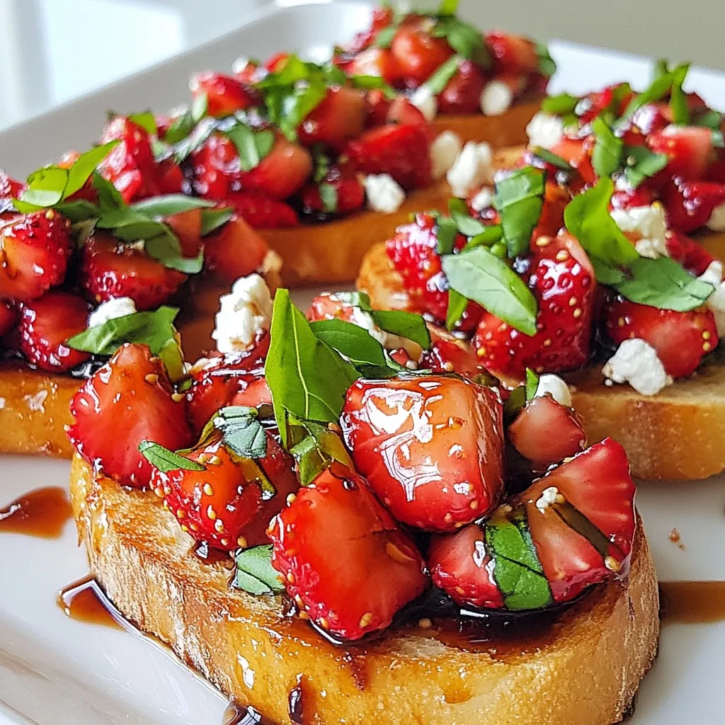 - Fresh Baguette - Ripe Strawberries - Balsamic Vinegar - Pure Honey - Fresh Basil Leaves - Creamy Goat Cheese - Extra Virgin Olive Oil - Sea Salt and Black Pepper For this Balsamic Strawberry Bruschetta, you need a few simple ingredients. Each one plays a key role in making this dish burst with flavor. First, grab a fresh baguette. This bread is perfect for creating a crispy base. Slice it into 1/2-inch thick pieces. You want each piece to hold the toppings well. Next, use ripe strawberries. They should be sweet and juicy. Hull and dice them into small pieces. This helps them mix well with the other flavors. Balsamic vinegar is a must. It adds that tangy kick that balances the sweetness of the strawberries. Pure honey sweetens the mixture. It brings out the natural taste of the fruit. Fresh basil leaves add a lovely aroma. Slice them finely to release their oils. Creamy goat cheese brings richness to each bite. Crumble it over the strawberries for a delicious contrast. You will also need extra virgin olive oil. Drizzle it on the baguette and the finished bruschetta for extra flavor. Lastly, have sea salt and black pepper on hand. These two seasonings enhance all the other tastes. With these ingredients, you create a tasty, colorful dish that is sure to impress! {{ingredient_image_2}} - Preheat your oven to 400°F (200°C). - Slice the fresh baguette into 1/2-inch thick pieces. - Arrange the slices in a single layer on a baking sheet. - Drizzle lightly with extra virgin olive oil for flavor. - Toast the baguette slices for about 5-7 minutes. - Watch them closely until they turn golden brown and crisp. - Every oven is different, so keep an eye on them. - In a medium bowl, combine diced strawberries and balsamic vinegar. - Add pure honey and a pinch of sea salt and black pepper. - Toss the mixture gently to combine all the ingredients well. - Let it sit for about 10 minutes to marinate. - Once the bread cools slightly, spoon the strawberry mixture on each slice. - Make sure to distribute the topping evenly for great flavor. - Sprinkle the crumbled goat cheese over the strawberries. - Finish with finely sliced fresh basil for an aromatic touch. - Drizzle a bit more balsamic vinegar over the bruschetta. - Add a light splash of olive oil for extra flavor. - Serve your Balsamic Strawberry Bruschetta right away for the best taste! - Importance of Using Fresh Ingredients Fresh ingredients make all the difference. Use ripe strawberries for sweetness. Fresh basil adds aroma and taste. Choose high-quality balsamic vinegar for rich flavor. Always opt for a fresh baguette to get that perfect crunch. - Adjusting Sweetness with Honey Honey balances the tang of balsamic vinegar. You can add more or less honey based on your taste. If your strawberries are tart, a bit more honey can help. Always taste as you go to get it just right. - Ensuring Even Toasting Lay the baguette slices flat on the baking sheet. Drizzle them with olive oil for a golden finish. Keep an eye on them while they toast. Rotate the pan if needed for even browning. - Preventing Burning Toast for 5-7 minutes, but watch closely. Oven temperatures can vary, so stay nearby. If they start to darken too fast, reduce the time or lower the heat. You want crispy, not burnt. - Serving Suggestions for Elegance Arrange the bruschetta on a nice platter. A wooden board adds a rustic touch. For a pop of color, sprinkle fresh basil around. This makes it look appealing and fun to eat. - Garnishing for Visual Appeal Finish with a drizzle of balsamic reduction for shine. A sprinkle of sea salt enhances flavor and looks great. Use whole basil leaves on top for a vibrant touch. Presentation matters, so think about how it will look. Pro Tips Use Fresh Ingredients: Always opt for ripe, fresh strawberries and high-quality balsamic vinegar to enhance the overall flavor of your bruschetta. Toast to Perfection: Keep a close eye on the baguette slices while toasting; removing them at just the right moment ensures they are crispy without being burnt. Customize the Cheese: If you're not a fan of goat cheese, try using feta or ricotta for a different creaminess and flavor profile. Marinate for Flavor: Allow the strawberry mixture to sit for longer than 10 minutes if you can; this will deepen the flavors and create a more delicious topping. {{image_4}} You can change the toppings to make this bruschetta your own. Using other seasonal fruits adds new tastes. Try peaches or blueberries for a fresh twist. These fruits add sweetness and color. They also pair well with balsamic vinegar. Swapping goat cheese for feta gives a different flavor. Feta is saltier and creamier. It works well with the strawberries. This change can surprise your guests and spark joy. While a fresh baguette is great, exploring other bread options is fun. Ciabatta or sourdough can enhance the bruschetta. They both offer unique textures and flavors. You could even try whole grain bread for a healthier choice. For those needing gluten-free options, use gluten-free bread. Many brands make tasty gluten-free baguettes. This way, everyone can enjoy the dish without worry. You can take your bruschetta to the next level by adding extra flavors. Incorporating nuts like pistachios or almonds adds crunch. They also bring a nutty taste that contrasts well with the sweet strawberries. Experimenting with spices can surprise your taste buds. A hint of black pepper or a sprinkle of cinnamon can change the dish. These small tweaks can create exciting new flavors. Don't be afraid to get creative! To keep leftover bruschetta fresh, store it in an airtight container. Place the toasted bread and the strawberry topping separately. This way, the bread stays crisp. If you mix them, the bread will get soggy. Use the bruschetta within two days for best taste. When stored properly, the strawberry topping lasts about three days in the fridge. The toasted bread is best eaten on the same day. If you must store it longer, wrap it tightly in plastic. The bread may lose some crispness but can still be tasty. To reheat the bread, place it in a preheated oven at 350°F (175°C). Heat for about five minutes. Keep an eye on it to avoid burning. This method helps maintain the crisp texture. Avoid using a microwave, as it makes the bread chewy. Yes, you can prepare the strawberry mixture a few hours ahead. Keep it in the fridge. Toast the bread just before serving for the best taste. Balsamic strawberry bruschetta pairs well with many dishes. Here are some ideas: - Grilled chicken or fish - A fresh green salad - A cheese platter with assorted cheeses - A glass of chilled white wine You can use frozen strawberries, but fresh ones taste better. If using frozen, thaw and drain excess water. This keeps the bruschetta from getting soggy. To make more servings, simply double the ingredients. Keep the same ratios for the best flavor. This recipe is easy to scale up for parties. Yes, you can try using red wine vinegar or apple cider vinegar. Both add a different flavor but still work well. Adjust the sweetness with honey as needed. This blog post covered how to create a tasty Balsamic Strawberry Bruschetta. We discussed the key ingredients like fresh strawberries, creamy goat cheese, and a crisp baguette. You learned step-by-step instructions, from toasting the bread to assembling all flavors. I shared tips on achieving the best taste and gave ideas for variations, storage, and reheating. Enjoy trying this tasty appetizer. It’s simple to make and sure to impress!