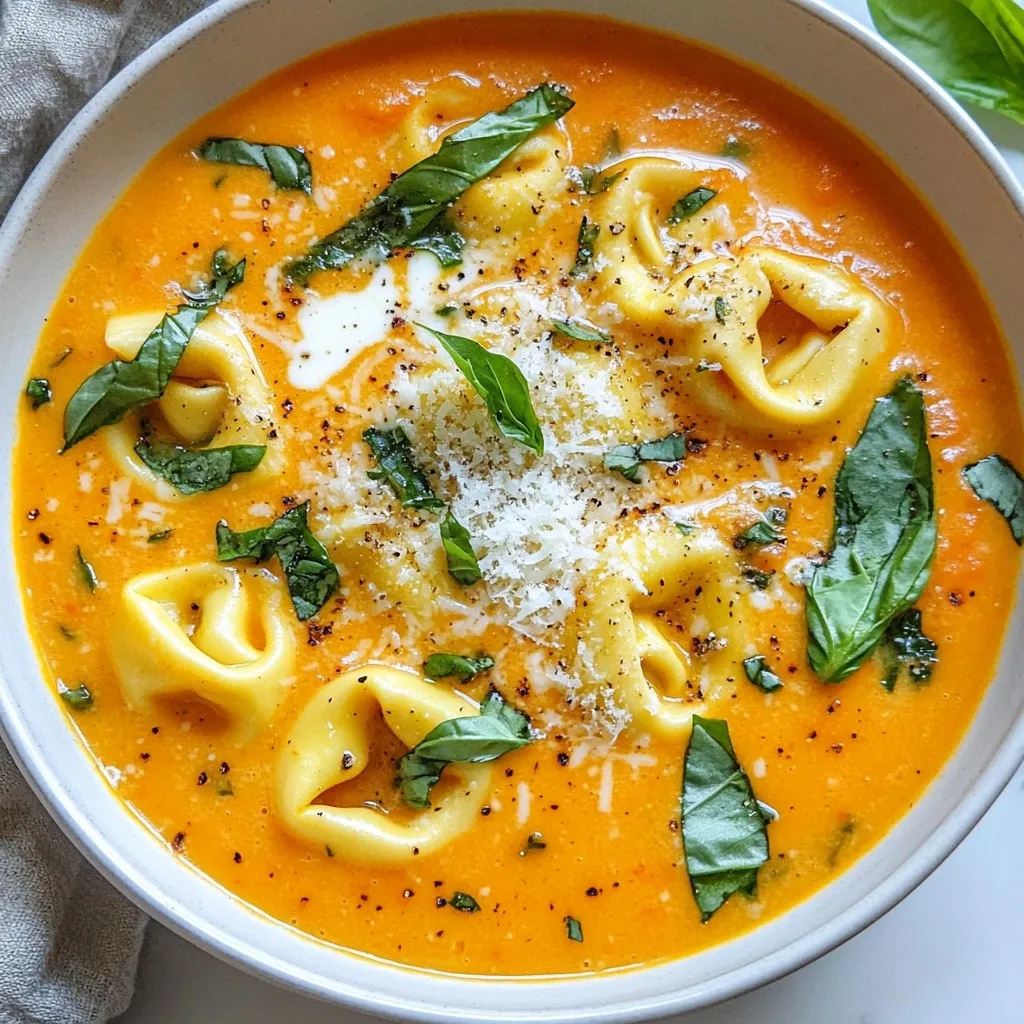 - Olive oil: I use 2 tablespoons of extra virgin olive oil. It adds a rich, smooth flavor. - Onion: A small onion, finely chopped, gives sweetness and depth. - Garlic: Three cloves of minced garlic bring a punch of aroma and taste. - Crushed tomatoes: I recommend a 28-ounce can. Look for brands like San Marzano for quality. They offer a sweet and balanced taste. - Vegetable broth: Four cups of broth create the soup's base. It adds flavor and richness. - Cream: One cup of heavy cream makes the soup creamy and smooth. It balances the acidity of the tomatoes. - Fresh basil leaves: Half a cup of chopped basil adds freshness and a lovely aroma. It brightens the soup. - Grated Parmesan cheese: Sprinkle it on top for a salty, nutty finish. Consider alternatives like Pecorino Romano for a different flavor. - Additional herbs: You can add thyme or parsley for more flavor. They enhance the soup's taste without overpowering it. {{ingredient_image_2}} Sautéing onions and garlic sets the stage for amazing flavor. Start by heating olive oil in a large pot. Add the chopped onion and let it cook for about five minutes. You want it to be soft and clear. Then, add minced garlic and stir for one more minute. This brings out the sweet aroma. Next, pour in the crushed tomatoes and vegetable broth. Add dried oregano and sugar. Stir well to mix everything. Raise the heat until it boils. After it bubbles, lower the heat and let it simmer. Simmering the soup for about 15 minutes helps the flavors blend together nicely. When cooking tortellini, follow the package instructions. Fresh cheese tortellini usually takes 3 to 5 minutes. Keep an eye on them. Check for doneness by tasting one. It should be soft but still firm in the center. You don't want mushy tortellini. If you use frozen tortellini, you might need a minute or two more. Always stir gently to avoid breaking them apart. Garnishing adds a special touch to your soup. After serving, sprinkle chopped basil and grated Parmesan on top. This gives a lovely color and flavor. Use large, rustic bowls for serving. They make the soup look cozy and inviting. For an extra touch, drizzle a little heavy cream on top. Add a fresh basil sprig beside the cheese for a beautiful finish. Enjoy your creamy tomato basil tortellini soup! To boost the soup's taste, consider adding extra herbs. A pinch of red pepper flakes can add heat. A dash of thyme or rosemary gives a lovely aroma. Remember to taste your soup often. Adjust the salt and pepper as you go. This step ensures a balanced flavor. One common mistake is overcooking the tortellini. If you see them puffing up too much, they may be done. Remove them from the heat right away. This keeps them from becoming mushy. Another mistake is skipping the simmering step. Simmering helps the flavors blend well. It also thickens the soup, making it creamy and rich. Always let the soup simmer for at least 15 minutes. This time is key for the best taste. Pro Tips Use Fresh Ingredients: Opt for fresh basil and quality tomatoes for an enhanced flavor profile that elevates your soup. Adjust the Cream: For a lighter version, substitute half of the heavy cream with milk or a non-dairy alternative. Add Spice: If you enjoy a bit of heat, consider adding a pinch of red pepper flakes while sautéing the garlic. Store Wisely: If you have leftovers, store the tortellini separately from the soup to prevent them from becoming mushy. {{image_4}} You can use different types of tortellini for this soup. Cheese tortellini adds a rich, creamy taste. Meat tortellini offers a hearty flavor that warms the soul. If you need a gluten-free option, look for gluten-free tortellini at your local store. They taste great and work well in this soup. The broth you choose greatly impacts the soup's flavor. For a richer taste, try chicken or beef broth. This adds depth and warmth to your dish. If you want a vegan version, vegetable broth works perfectly. It keeps the soup light and fresh while still being flavorful. If you want to skip dairy, there are great alternatives. Coconut milk adds a sweet twist and creaminess. Cashew cream also provides a rich texture without dairy. When using substitutes, taste as you go. Adjust the seasonings to maintain the soup's delicious flavor. To store your creamy tomato basil tortellini soup, let it cool first. Pour it into airtight containers. This keeps the soup fresh. You can store it in the fridge for up to four days. Always check for any off smells before eating leftovers. You can freeze this soup for later enjoyment. Transfer cooled soup into freezer-safe bags or containers. Make sure to leave some space for expansion. It stays good in the freezer for up to three months. When you want to eat it, thaw it overnight in the fridge. Reheat gently on the stove. To keep the texture nice, avoid boiling the soup after thawing. If you have leftover soup, get creative! You can mix it with cooked pasta for a new dish. Try adding a splash of cream for extra richness. Pair it with a fresh salad or crusty bread for a complete meal. You could even use it as a sauce for baked chicken or fish, adding a unique twist to your dinner! You can make this soup healthier by using lighter options. Here are some tips: - Use low-fat cream or a plant-based milk. - Swap heavy cream for pureed cauliflower for creaminess. - Add more veggies like spinach or carrots for extra nutrients. - Reduce the amount of olive oil used. - Use whole wheat tortellini for more fiber. Yes, you can prepare this soup in advance. Here’s how: - Cook the soup and let it cool completely. - Store it in an airtight container in the fridge for up to three days. - If you want to freeze it, do so before adding tortellini. This helps keep them from getting mushy. - When ready to eat, reheat on the stove and add tortellini, cooking until tender. This soup pairs nicely with various sides. Here are some ideas: - Crusty bread, such as a baguette or sourdough, to soak up the soup. - A fresh salad with mixed greens and a light vinaigrette. - Garlic bread for an extra tasty touch. - Grilled cheese sandwiches for a classic combo. Storing leftovers safely is key for food safety. Follow these guidelines: - Cool the soup to room temperature before storing. - Place it in an airtight container to prevent air exposure. - Keep it in the fridge for up to three days. - To reheat, warm on the stove or microwave until heated through. In this blog, we explored how to make creamy tomato basil tortellini soup. We discussed key ingredients like olive oil, tomatoes, and broth, which enhance flavor and texture. I shared cooking tips for tortellini, including how to avoid common mistakes. We looked at storage methods and variations to suit your needs. Remember, the right garnishes and careful seasoning can elevate your dish. Enjoy your soup-making journey and make it your own!