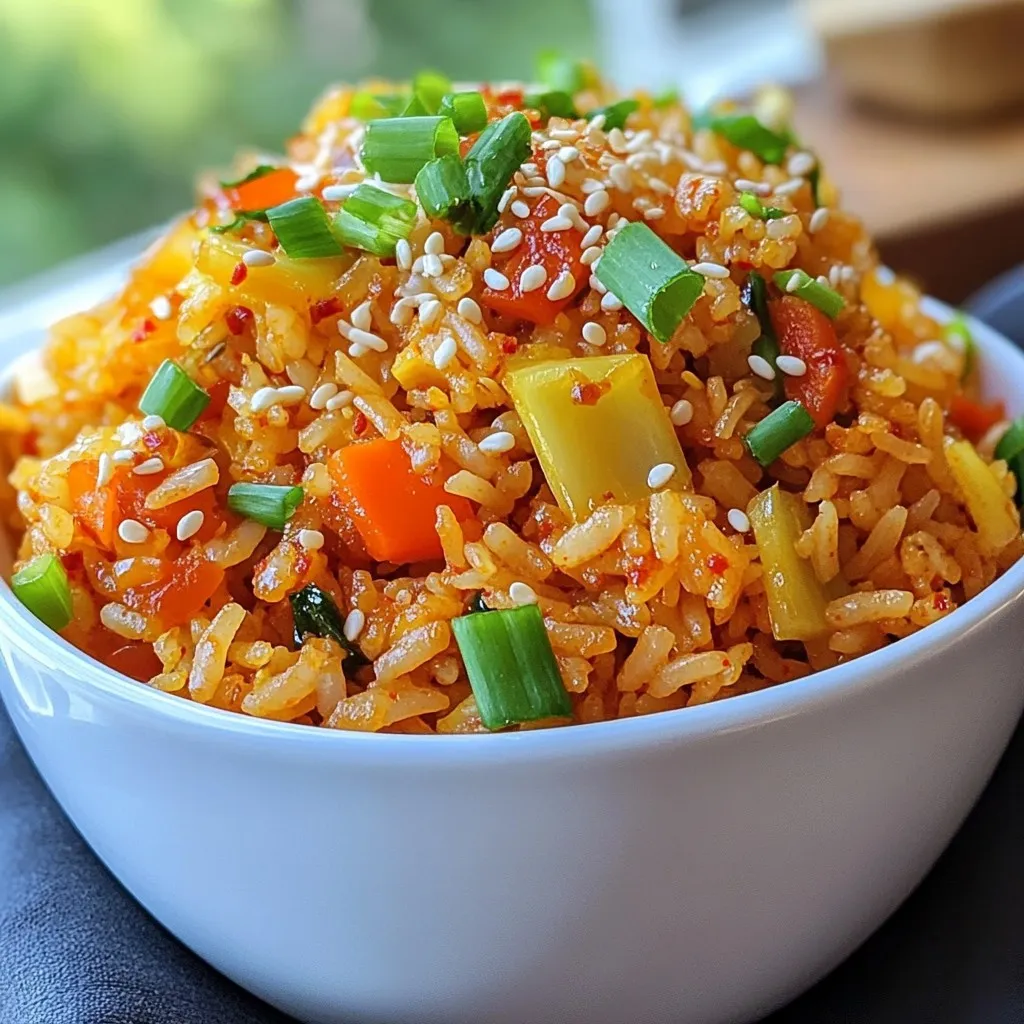 - 2 cups of cooked jasmine rice - 1 cup of chopped kimchi - 1 tablespoon of vegetable oil - 2 cloves of minced garlic - 1 small diced onion - 1 finely chopped carrot - 1 cup of frozen peas - 2 tablespoons of soy sauce - 1 tablespoon of gochujang (Korean red chili paste) - 2 large eggs (optional) - 2 thinly sliced green onions - Sesame seeds for garnish - Salt and pepper to taste - Importance of day-old rice: Day-old rice is best. It has less moisture, so it fries better. Fresh rice can be mushy. - Selecting quality kimchi: Choose kimchi that is bright and crunchy. It should have a strong flavor. This makes your dish pop. - Options for gochujang: Gochujang adds heat and depth. Different brands vary in spice. Taste a little before using. {{ingredient_image_2}} 1. Heat a large skillet over medium heat. Add 1 tablespoon of vegetable oil. 2. Once the oil is hot, add the diced onion. Sauté for 2-3 minutes until soft. 3. Next, add 2 cloves of minced garlic and 1 chopped carrot. Stir well for 2-3 minutes. 4. Add 1 cup of chopped kimchi to the mix. Stir-fry for 2 minutes to blend the flavors. 1. Increase the heat to high. Add 2 cups of cooked jasmine rice to the skillet. 2. Use a spatula to break any rice clumps. Stir until the rice mixes well with the veggies. 3. Drizzle 2 tablespoons of soy sauce and 1 tablespoon of gochujang over the rice. 4. Mix everything together, letting the rice soak up the flavors. Add 1 cup of frozen peas. 5. If you want eggs, push the rice to one side. Crack 2 large eggs into the empty space. 6. Scramble the eggs gently until they are just set. Fold them into the rice mixture. 1. Taste the fried rice. Add salt and pepper as needed, then remove it from heat. 2. Serve the hot fried rice in a bowl. Top it with sliced green onions and extra kimchi. 3. Sprinkle sesame seeds for extra crunch and flavor. Enjoy your tasty meal! To make the best fried rice, use day-old jasmine rice. Fresh rice often sticks together. When you stir-fry, keep the heat high. This helps to get a nice crisp. Toss the rice gently to avoid breaking it. Make sure everything cooks evenly. Avoid mushy rice by not overcooking your veggies. They should still have a bit of crunch. Garnish your dish with sliced green onions and sesame seeds. This adds color and texture. You can also top it with extra kimchi for a punch. Pair your fried rice with a side of pickled vegetables or a light salad. These sides balance the spicy flavors of the rice. For this dish, I recommend a large skillet or a wok. A good non-stick surface makes a huge difference. Use a spatula for flipping and stirring. This helps to keep your rice from sticking. Have a cutting board and a sharp knife ready for chopping vegetables. These tools make prep quick and easy. Pro Tips Use Day-Old Rice: Using jasmine rice that has been cooked and refrigerated for a day gives it a firmer texture, preventing it from becoming mushy during frying. Adjust Spice Levels: Tweak the amount of gochujang based on your spice tolerance. Start with less and add more if you prefer a hotter dish. Fresh Garnish: Always add the green onions and sesame seeds just before serving for maximum freshness and crunch. Customize Add-Ins: Feel free to add other vegetables or proteins like tofu, chicken, or shrimp to make the dish more hearty and personalized. {{image_4}} You can easily change the protein in your dish. If you want tofu, shrimp, or chicken, they all work well. Tofu gives a nice, chewy texture. Shrimp adds a sweet flavor, while chicken brings heartiness. For vegetables, feel free to add bell peppers, zucchini, or corn. Each brings its own taste and color to the dish. If you want to make this meal vegan or vegetarian, just skip the eggs and meat. You can use extra tofu or tempeh for protein. Beans like black or kidney are also great choices. They add fiber and make the dish filling. To control the heat, adjust the gochujang. You can use less if you want it milder. Adding chili flakes can also increase the spice. For a milder version, you can mix in a bit of sugar or honey. This helps balance the heat. Experiment to find what you like best! To keep your spicy kimchi fried rice fresh, use airtight containers. Glass or plastic containers work well. Store it in the fridge. It will last for up to three days. After that, the rice may lose its taste and texture. When reheating, you have two good options: microwave or skillet. If you use the microwave, cover it with a damp paper towel. This keeps the rice moist. If you prefer a skillet, add a splash of water. Heat over medium heat until warm. This method helps keep the rice from getting soggy. You can freeze leftover fried rice. First, let it cool completely. Then, portion it into freezer-safe bags. Press out as much air as possible. When you’re ready to eat, thaw it in the fridge overnight. Reheat it in a skillet. Freezing may change the texture of some veggies, but the flavor remains delicious. Kimchi fried rice is a simple dish made with cooked rice and kimchi. It usually has vegetables and can include eggs for protein. The dish is quick to make and packed with flavor. It’s a great way to use leftover rice and kimchi. You can use fresh rice, but day-old rice works best. Fresh rice has more moisture and may become sticky. Day-old rice is drier and makes for better fried rice. If using fresh rice, let it cool and dry out a bit before cooking. The spice level depends on the kimchi and gochujang you use. Most kimchi has a mild heat, while gochujang adds more kick. You can adjust the spice by adding less gochujang or using milder kimchi. It’s easy to make it just right for your taste. Spicy kimchi fried rice pairs well with many dishes. You can serve it with a fried egg on top for extra protein. Another great option is pickled vegetables for a refreshing crunch. You can also enjoy it with grilled meats or tofu for a hearty meal. Yes, kimchi fried rice is perfect for meal prep. It stores well in the fridge for a few days. Just pack it in airtight containers for easy lunches. You can also freeze it for longer storage. Reheating is easy and keeps the flavors intact. In this blog post, I shared how to make delicious kimchi fried rice. We covered key ingredients, tips for selection, and step-by-step instructions. You learned how to sauté, stir-fry, and adjust flavors for the best results. Remember, day-old rice gives that perfect texture. Don’t hesitate to try different proteins or veggies. Fried rice is easy to store and reheat, keeping it fresh and tasty. Enjoy crafting this dish that adds excitement to any meal!