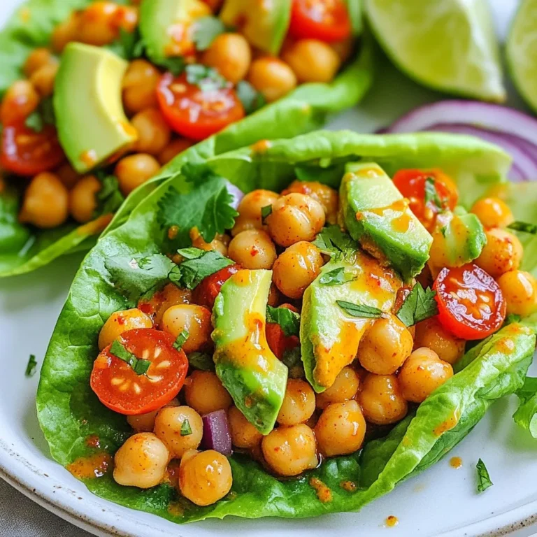 To make Sriracha Lime Chickpea Wraps, gather these key ingredients: - 1 can (15 oz) chickpeas, drained and rinsed - 2 tablespoons Sriracha sauce - 1 tablespoon fresh lime juice - 1 teaspoon honey or agave syrup - 1 teaspoon garlic powder - 1 teaspoon ground cumin - Salt and pepper to taste - 4 large lettuce leaves (butter or romaine) - 1 ripe avocado, sliced - ½ cup cherry tomatoes, halved - ¼ cup red onion, thinly sliced - Fresh cilantro or parsley, for garnish - Optional: ¼ cup Greek yogurt or vegan yogurt for a creamy dressing These ingredients blend well to create a fresh, spicy wrap. The chickpeas provide protein and fiber. Sriracha brings heat, while lime juice adds brightness. The avocado adds creaminess, and the fresh veggies add crunch. Using lettuce leaves instead of tortillas keeps the wraps light and healthy. Enjoy experimenting with these simple, flavorful ingredients! {{ingredient_image_2}} Start by using a medium bowl. Place the drained chickpeas in it. Use a fork to mash them gently. Leave some chickpeas whole for texture. Next, add the Sriracha sauce, fresh lime juice, and honey (or agave syrup). Then, sprinkle in the garlic powder and ground cumin. Season with salt and pepper to taste. Mix everything well. You want a smooth yet chunky blend. This adds a kick to your wraps. Tips for achieving the right texture: - Don't over-mash the chickpeas. A few whole ones add great bites. - Taste the mixture before wrapping. Adjust the spice if needed. Rinse the lettuce leaves under cold water. Pat them dry using a paper towel. This step is key for crispness. Crisp leaves hold the filling better and taste fresher. Now, take a prepared lettuce leaf. Spoon a generous amount of the chickpea mixture onto it. Spread it evenly for a balanced flavor. Next, layer in slices of creamy avocado. Add halved cherry tomatoes for sweetness. Top with thin slices of red onion for crunch. Lastly, sprinkle fresh cilantro or parsley on top. This adds color and flavor to your wraps. Now it's time to wrap. Start with a lettuce leaf filled with the mixture. Fold the sides inward first. This step keeps the filling secure. Then, roll it up tightly from the bottom. Ensure the filling stays inside as you wrap. Visual cues for wrapping to prevent spills: - The sides should touch when folded. - Roll it firmly but not too tight. You want it to hold together without tearing. Enjoy your zesty and flavorful Sriracha Lime Chickpea Wraps! - Store leftover filling in an airtight container in the fridge. - Keep lettuce wraps in a damp paper towel to stay fresh. - Serve the wraps with a side of extra Sriracha for dipping. - Pair with crunchy veggie sticks or a light salad for balance. - Add diced bell peppers or shredded carrots for extra crunch. - Adjust spice by adding more Sriracha or using a milder sauce. Pro Tips Use Fresh Ingredients: Opt for fresh lime juice instead of bottled for a vibrant flavor boost. Adjust the Heat: Experiment with the amount of Sriracha according to your spice preference; add more for extra kick! Chill Your Ingredients: For a refreshing wrap, chill the chickpea mixture and toppings in the fridge before assembling. Wrap It Right: Make sure to fold the lettuce leaves tightly to avoid any spills and enjoy a mess-free meal. {{image_4}} For a gluten-free option, you can use lettuce leaves as your wraps. Other choices include rice paper wraps or corn tortillas. These work well with the chickpea mixture. If you need a soy sauce substitute, try tamari or coconut aminos. Both give a similar taste without gluten. To keep your wraps fully vegan, use agave syrup instead of honey. All other ingredients in the recipe are plant-based. If you want extra sweetness, maple syrup is another good choice. It blends well with the chickpeas and Sriracha. To make your wraps even tastier, add spices like paprika or chili powder. These can boost the flavor and heat level. If you want more texture, consider adding cooked quinoa or sunflower seeds. They add crunch and make the wraps more filling. The Sriracha lime chickpea wraps stay fresh in the fridge for up to three days. Store them in airtight containers to keep them crisp. Let the filling cool before sealing to prevent moisture buildup. I recommend using glass containers for easy stacking and quick access. You can freeze the chickpea filling but not the assembled wraps. Portion the filling into freezer-safe bags. Squeeze out excess air before sealing. To thaw, place the bag in the fridge overnight. For reheating, warm it in a pan over low heat until heated through. Leftover chickpeas or Sriracha? Use them in soups or salads for added flavor. Blend leftover chickpeas into hummus for a tasty dip. For Sriracha, drizzle it over eggs or use it in marinades. These ideas help reduce waste while keeping your meals exciting. Yes, you can use canned chickpeas. Canned chickpeas save time and effort. They are already cooked and tender. This makes them easy to mash. Dried chickpeas require soaking and cooking, which takes longer. Canned chickpeas are also often less expensive. You can find them at most grocery stores. Just drain and rinse them before use. To add more heat, try these options: - Add more Sriracha to the chickpeas. - Mix in diced jalapeños for a fresh kick. - Use a spicy yogurt instead of regular yogurt. - Sprinkle cayenne pepper into the chickpea mix. These choices can boost the flavor and heat level. Adjust to your taste for the perfect spicy bite. If you don't have lime juice, here are some alternatives: - Use lemon juice for a similar tangy taste. - Try orange juice for a sweeter flavor. - Grapefruit juice can also add a unique twist. Each option brings its own flair to the dish. Choose based on what you enjoy and have on hand. We covered a lot in this post, from ingredients to storage tips. You learned how to make flavorful chickpea wraps, assemble them well, and keep them fresh. Remember, you can customize these wraps to fit your taste. Don't hesitate to add your favorite veggies or adjust the spice level. This dish is not only easy to make but also healthy and fun. Enjoy creating your wraps, and make the most of your ingredients! Keep experimenting and find your perfect flavor combo.