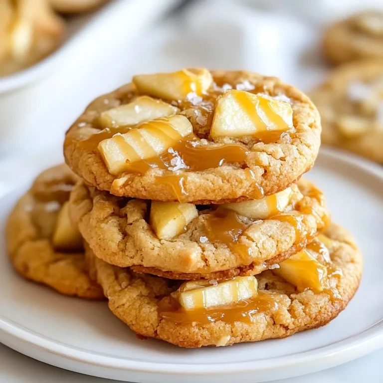 - 1 cup all-purpose flour - 1/2 teaspoon baking soda - 1/4 teaspoon salt - 1/2 teaspoon ground cinnamon - 1/4 teaspoon ground nutmeg - 1/2 cup unsalted butter, softened - 1/2 cup packed brown sugar - 1/4 cup granulated sugar - 1 large egg - 1 teaspoon pure vanilla extract - 1 cup diced apples (preferably Granny Smith, peeled and cored) - 1/2 cup caramel sauce (store-bought or homemade) - Flaky sea salt for topping - Optional: additional caramel sauce for drizzling You can swap all-purpose flour with a gluten-free blend if needed. Use coconut sugar instead of brown sugar for a healthier choice. If you want a dairy-free option, try vegan butter in place of unsalted butter. Any firm apple works well; Honeycrisp or Fuji can be tasty substitutes. You will need basic baking tools like: - Mixing bowls - Electric mixer - Measuring cups and spoons - Baking sheet - Parchment paper - Cookie scoop or tablespoon - Wire rack for cooling These tools help create the best results. With the right equipment, you can bake cookies that are both delicious and beautiful. {{ingredient_image_2}} 1. Start by preheating your oven to 350°F (175°C). Line a baking sheet with parchment paper. 2. In a medium bowl, whisk together: - 1 cup all-purpose flour - 1/2 teaspoon baking soda - 1/4 teaspoon salt - 1/2 teaspoon ground cinnamon - 1/4 teaspoon ground nutmeg This mix makes sure the flavors blend well. Set it aside. 3. In a large bowl, cream together: - 1/2 cup unsalted butter, softened - 1/2 cup packed brown sugar - 1/4 cup granulated sugar Mix until light and fluffy, about 2-3 minutes. 4. Add in: - 1 large egg - 1 teaspoon pure vanilla extract Beat until smooth. 5. Gradually mix the dry ingredients into the wet mixture. Stir gently until just combined. Don't overmix! 6. Fold in: - 1 cup diced apples (use Granny Smith for tartness) - 1/2 cup caramel sauce Make sure the apples are evenly spread in the dough. 1. Scoop the dough onto the prepared baking sheet using a tablespoon or cookie scoop. Space each scoop about 2 inches apart. 2. Place the sheet in the oven and bake for 12-15 minutes. Watch for golden edges and set centers. 1. Once baked, let the cookies cool on the sheet for 5 minutes. 2. Transfer them to a wire rack to cool fully. 3. After cooling, drizzle the remaining caramel sauce over each cookie. 4. Top with a sprinkle of flaky sea salt for the perfect sweet and salty mix. To bake the best cookies, follow a few simple tips. First, always use room temperature butter. This helps create a soft and fluffy dough. Next, measure your flour correctly. Too much flour can make the cookies dry. Use the spoon and level method to avoid this. When mixing, stop as soon as the dough comes together. Overmixing can lead to tough cookies. Finally, keep an eye on baking time. Cookies should be golden around the edges but still soft in the center. Choosing the right apples is key for flavor. I recommend Granny Smith apples. They are tart and balance the sweet caramel. Look for firm apples with no bruises. The skin should be smooth. Fresh apples will give a crisp bite to your cookies. You can also mix in some Honeycrisp for extra sweetness. Just remember, avoid soft apples. They won't hold up well during baking. To keep cookies fresh, store them in an airtight container. Place parchment paper between layers to avoid sticking. They should stay good for about a week at room temperature. If you want to keep them longer, freeze them. Wrap each cookie in plastic wrap and place them in a freezer bag. Thaw them at room temperature when you're ready to enjoy them again. This method keeps the cookies soft and tasty! Pro Tips Use Cold Butter: For a flakier texture, consider using cold butter instead of softened. This will create pockets of air in the dough, making your cookies light and airy. Choose the Right Apples: Granny Smith apples add a tart contrast to the sweetness of the caramel. You can mix in some sweeter varieties like Fuji for added flavor complexity. Don’t Overmix: Once you add the dry ingredients, mix until just combined. Overmixing can lead to tough cookies, so be gentle when folding in the apples. Caramel Temperature: If you're using homemade caramel, ensure it's at room temperature before drizzling. This will help it flow nicely over the cookies without hardening. {{image_4}} You can make these cookies dairy-free with easy swaps. Use a dairy-free butter or coconut oil instead of unsalted butter. For the caramel, choose a dairy-free version or make your own with coconut milk. This way, you still get that rich flavor without the dairy. To make these cookies gluten-free, switch the all-purpose flour for a gluten-free flour blend. Look for one that contains xanthan gum. This will help the cookies hold together. Check the baking soda and other ingredients to ensure they are gluten-free too. For a crunchy twist, add nuts like walnuts or pecans. Chop them and fold them into the dough with the apples. You can also mix in chocolate chips for a sweet touch. Dried fruits like cranberries or raisins work well too. Customize these cookies to fit your taste! To keep your salted caramel apple pie cookies fresh, store them in an airtight container. This helps maintain their softness and flavor. Place parchment paper between layers to prevent sticking. You can store them at room temperature for up to five days. If you want to keep them longer, consider freezing. Freezing these cookies is easy and great for later enjoyment. First, let the cookies cool completely. Then, place them in a single layer on a baking sheet. Freeze them for about an hour. After they are firm, transfer cookies to a freezer-safe bag. They can stay in the freezer for up to three months. When you are ready to eat them, just thaw at room temperature. To reheat your cookies, preheat your oven to 350°F (175°C). Place cookies on a baking sheet for about 5-7 minutes. This warms them up and brings back their fresh-baked taste. You can also use a microwave if you're in a hurry. Heat one cookie for about 10-15 seconds. Enjoy them warm with melted caramel! Yes, you can make these cookies ahead of time. You can prepare the dough and chill it in the fridge for up to 24 hours. When you are ready, scoop out the dough, bake, and enjoy warm cookies. You can also bake them and store the cookies in an airtight container. They stay fresh for about a week. For these cookies, I recommend using Granny Smith apples. They add a nice tartness that balances the sweetness of caramel. Other good choices are Honeycrisp or Fuji apples, which also hold their shape well when baked. Just make sure to peel and core them before dicing. Making homemade caramel sauce is easy! You will need: - 1 cup granulated sugar - 6 tablespoons unsalted butter - 1/2 cup heavy cream - A pinch of salt 1. In a medium saucepan, melt the sugar over medium heat. Stir constantly until it turns a deep amber color. 2. Add the butter and stir until melted. 3. Slowly pour in the cream while stirring. Be careful, as it will bubble up. 4. Add a pinch of salt for flavor. Let it cool before using. In this blog post, I shared recipes for delicious cookies. You learned about key ingredients and the equipment you'll need. I offered tips for baking, choosing apples, and storing cookies. We also explored variations for different diets and preferences. Remember, baking is fun and creative. Don't hesitate to experiment with flavors. Enjoy your time in the kitchen and treat yourself to these tasty cookies!
