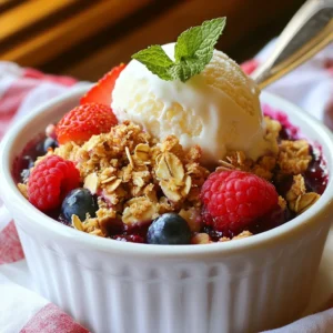 - 1 cup ripe strawberries, hulled and sliced - 1 cup fresh blueberries - 1 cup delicate raspberries - 1 tablespoon freshly squeezed lemon juice - 1 tablespoon honey or maple syrup - 1 cup rolled oats - 1/2 cup all-purpose flour - 1/3 cup packed brown sugar - 1 teaspoon ground cinnamon - 1/2 cup cold unsalted butter, cubed - Pinch of salt - Optional: vanilla ice cream This dessert shines because of its fresh berries. I love using ripe strawberries, fresh blueberries, and delicate raspberries. Each berry adds its own sweet and tart notes. The lemon juice brightens the flavor and helps the berries shine. Honey or maple syrup sweetens the mix, so you can adjust to your taste. The oat topping is where the magic happens. Rolled oats create a crunchy texture. All-purpose flour helps bind the topping together. Brown sugar gives that nice caramel taste. Ground cinnamon adds warmth, making every bite cozy. Cold butter is key for a crumbly topping, while a pinch of salt enhances all the flavors. If you want to make this dessert extra special, consider adding a scoop of vanilla ice cream on top. The cold ice cream melts slightly on the warm crisp, creating a delicious contrast. {{ingredient_image_2}} - Preheat the oven to 350°F (175°C). - In a bowl, mix 1 cup of sliced strawberries, 1 cup of blueberries, and 1 cup of raspberries. - Add 1 tablespoon of lemon juice and 1 tablespoon of honey or maple syrup. - Gently toss the berries to coat them well and set aside. - In a new bowl, combine 1 cup of rolled oats, 1/2 cup of all-purpose flour, 1/3 cup of brown sugar, 1 teaspoon of cinnamon, and a pinch of salt. - Mix the dry ingredients until even. - Add 1/2 cup of cold, cubed unsalted butter. - Use your fingers or a pastry cutter to blend until it looks like coarse crumbs. - Lightly grease an 8x8-inch baking dish. - Spread the berry mix evenly in the dish. - Sprinkle the oat topping over the berries until fully covered. - Place the baking dish in the oven and bake for 30-35 minutes. - Look for a golden brown topping and bubbling berries. - Once done, take the crisp out and let it cool slightly before serving. - Use cold butter for the best crumbly topping. - Mix the oat mixture gently to keep it light. When you use cold butter, it helps create those nice, crunchy bits. The key is to avoid warming the butter too much. When the oats mix, don't stir too hard. You want to keep some clumps for a better crisp. - Serve the crisp warm with a scoop of vanilla ice cream. - Add fresh mint on top for a pretty look. Serving it warm makes the flavors pop. The cold ice cream melts into the warm crisp, making each bite rich. A sprig of mint adds a nice touch of color and freshness. - You can use honey, maple syrup, or other sweeteners. - Try adding cinnamon, nutmeg, or vanilla extract for more flavor. Adjust the sweetness to your liking. If you want it sweeter, add more honey or syrup. For a twist, sprinkle in some spices or extracts. They can really enhance the taste of the berries. Pro Tips Choose Ripe Berries: For the best flavor, select berries that are fully ripe. Look for vibrant colors and a sweet aroma for maximum sweetness. Customize Sweetness: Adjust the amount of honey or maple syrup based on your taste preference and the natural sweetness of the berries. Make Ahead: Prepare the berry mixture and topping separately ahead of time. Assemble and bake just before serving for a fresh out-of-the-oven dessert. Experiment with Flavors: Try adding nuts or spices like nutmeg to the topping to create unique flavor profiles that complement the berries. {{image_4}} You can switch out berries to suit your taste. Try using blackberries or cranberries. These fruits add unique flavors. Each berry brings its own sweetness and tartness. Mix and match to find your favorite blend! If you need a gluten-free option, no problem! Use gluten-free oats and flour instead of regular ones. These substitutes work well in the topping. Just make sure to check the labels. This way, everyone can enjoy the crisp! Want a vegan version? Simply swap out butter for coconut oil or vegan butter. These options still give you that rich flavor. You won’t miss the dairy at all! Enjoy your dessert while sticking to your diet. To store leftover Triple Berry Crisp, let it cool first. Place it in an airtight container. You can keep it in the fridge for up to three days. If you want to enjoy it at its best, cover it with plastic wrap. This will help keep the topping crisp for a little longer. Freezing is a great option for Triple Berry Crisp. Allow it to cool completely before freezing. Use a freezer-safe container or wrap it tightly in plastic wrap. You can freeze it for up to three months. When you're ready to eat, just thaw it overnight in the fridge. To reheat your crisp, preheat the oven to 350°F (175°C). Place the crisp in an oven-safe dish. Cover it with foil to keep it moist. Heat for about 15-20 minutes, or until it’s warmed through. You can also microwave individual servings for a quick snack. Just heat in 30-second bursts until hot. Enjoy the crispness and warmth! Yes, you can use frozen berries. They work well in this recipe. Just remember to thaw them first. This helps them mix better with the other ingredients. Drain any extra liquid after thawing to avoid a soggy crisp. To make a sugar-free version, skip the honey or maple syrup. Instead, use a sugar substitute like stevia or monk fruit. These sweeteners provide a sweet taste without the sugar. Adjust the amount based on your taste. The best way to serve a berry crisp is warm from the oven. Scoop it into bowls. Add a generous scoop of vanilla ice cream on top. For a pretty touch, garnish with fresh mint leaves. This makes each bite even more delightful! Yes, you can double the recipe easily. Use a larger baking dish, like a 9x13-inch pan. Just keep an eye on the baking time. It may need a few extra minutes to cook through. Enjoy sharing this treat with friends and family! In this blog post, we explored how to make a delicious Triple Berry Crisp. You learned about fresh berries and the other key ingredients. I shared step-by-step instructions to help you create the perfect dessert. Plus, we covered tips for texture, serving suggestions, and variations. As you prepare this tasty dish, remember to adjust sweetness to your preference and enjoy it warm. Baking brings out the best flavors in the berries. Now, it’s time to share this treat with friends and family!