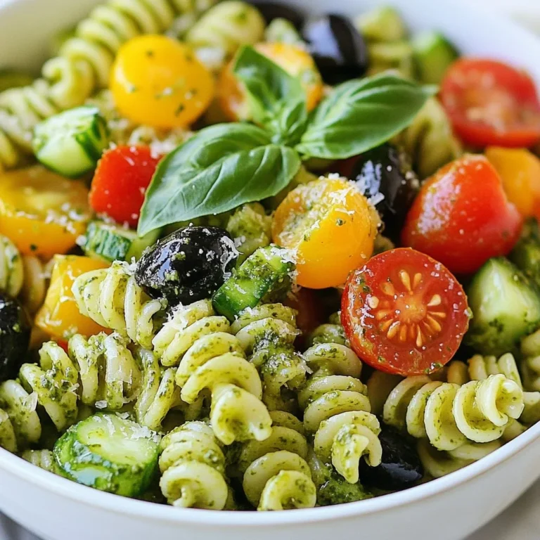 - 225 g whole wheat pasta (fusilli or penne) - 2 cups fresh basil leaves, tightly packed - 60 ml nutritional yeast - 60 g walnuts (or substitute with pine nuts) - 2 cloves garlic, minced - 60 ml extra virgin olive oil - 15 ml fresh lemon juice - 1 cup cherry tomatoes, halved - 1 cup diced cucumber - 1/2 cup black olives, sliced - Salt and pepper to taste In this recipe, the main ingredients create a rich and tasty pesto. Whole wheat pasta gives a nice, hearty base. Fresh basil leaves bring vibrant flavor and color. Nutritional yeast adds a cheesy taste, while walnuts (or pine nuts) lend a delightful crunch. Next, we have the additional ingredients. Garlic gives a nice kick, while extra virgin olive oil makes the pesto creamy. A splash of fresh lemon juice brightens the dish and balances the flavors. For the vegetables, cherry tomatoes add sweetness and color. Diced cucumber brings a refreshing crunch. Black olives give a salty touch that truly enhances the salad. Finally, a dash of salt and pepper brings all the flavors together. These ingredients work together to make a vegan pesto pasta salad that is bright and flavorful. {{ingredient_image_2}} To cook the pasta, start by bringing a large pot of salted water to a full boil. This helps the pasta cook evenly. Once the water is boiling, add your whole wheat pasta. You should cook it according to the package instructions, which is usually about 8-10 minutes. You want it to be al dente, meaning it should still have a slight bite. After cooking, drain the pasta in a colander. Rinse it under cold water to stop the cooking and cool it down quickly. While the pasta cooks, it's time to make the pesto. Grab your food processor. Add the fresh basil leaves, nutritional yeast, walnuts, minced garlic, and fresh lemon juice. Pulse the mixture until it is coarsely chopped. This allows the flavors to mix well. Next, with the food processor running, slowly drizzle in the extra virgin olive oil. Keep blending until the pesto is creamy and smooth. If needed, stop to scrape down the sides. Finally, season with salt and pepper to taste. In a large mixing bowl, add the cooled pasta. Pour the fresh pesto over the pasta. Toss it gently to coat the pasta evenly in the bright green sauce. This step is key to ensure every bite bursts with flavor. Now, it’s time to fold in the veggies. Carefully add the halved cherry tomatoes, diced cucumber, and sliced black olives. Mix gently until the vegetables are well distributed throughout the pasta. Cover the pasta salad with plastic wrap or a lid. Refrigerate it for at least 30 minutes. This chilling time helps the flavors blend beautifully. When ready to serve, you can enjoy it cold or at room temperature. For a nice touch, serve it in a large bowl, garnished with extra basil leaves and a sprinkle of nutritional yeast. This presentation makes it even more inviting! Choosing the best basil is key. Look for bright green leaves. They should feel fresh and smell strong. Sweet basil works great for vegan pesto. If you want a twist, use Thai basil for a unique flavor. Adjusting flavor with nutritional yeast can elevate your pesto. This ingredient gives a cheesy taste without using dairy. Start with 60 ml and taste as you blend. You can add more if you want a richer flavor. Achieving the right al dente texture is simple. Cook the pasta in boiling water for 8-10 minutes. It should be firm but not hard when you bite. Check the package for exact times, as they can vary. Rinsing pasta correctly is important. After draining, cool the pasta with cold water. This stops the cooking process and helps keep it from sticking together. Make sure to rinse it well. Presentation tips can make your salad shine. Use a large, colorful bowl to serve. Garnish with extra basil leaves and a sprinkle of nutritional yeast. This adds a nice touch and looks appealing. Perfect pairings for the salad include crusty bread or a light soup. A zesty lemon drink can also complement the meal. These sides enhance the fresh flavors of your pasta salad. Pro Tips Use Fresh Ingredients: Always opt for fresh basil and ripe vegetables to enhance the flavor of your pasta salad. Customize Your Pesto: Feel free to experiment with different nuts or add nutritional yeast for a cheesier flavor. Chill Before Serving: Allowing the pasta salad to chill for at least 30 minutes helps the flavors to meld together beautifully. Storage Tips: This pasta salad can be stored in the refrigerator for up to 3 days, making it a great make-ahead dish. {{image_4}} You can easily adapt this dish to fit your needs. For those who avoid gluten, try using gluten-free pasta. Many brands offer rice or corn pasta that works well. These options still taste great and keep the dish light. If you need a nut-free pesto, swap walnuts for sunflower seeds. They provide a nice crunch without the allergens. You can also use pumpkin seeds for a richer flavor. To take your salad to the next level, try adding roasted vegetables. Roasted bell peppers or zucchini add a sweet touch. Just toss them with olive oil, salt, and pepper, then roast until tender. You can also experiment with different herbs. Basil is classic, but parsley or cilantro can bring a fresh twist. Mixing herbs can create unique flavors that excite your taste buds. Want to make your salad more filling? Add chickpeas or lentils. They are great sources of plant-based protein and blend well with the pasta. Just rinse canned beans and fold them in. Tofu or tempeh are also excellent choices. Cube them and sauté until golden for a nice texture. They soak up flavors and add heartiness to your dish. - Use airtight containers for best results. - Glass or BPA-free plastic works well. - Be sure to cool the salad first. - Store in the fridge for up to five days. - You can freeze the pasta salad. - Place in a freezer-safe container. - Leave some space for expansion. - To thaw, move it to the fridge overnight. - Stir gently after thawing to mix flavors. - For best freshness, eat within five days. - Look for changes in color or smell. - If it feels slimy, it's time to toss it out. - Always check before serving leftovers to ensure safety. Vegan Pesto Pasta Salad can last about 3 to 5 days in the fridge. Store it in an airtight container to keep it fresh. Always check for any signs of spoilage before eating. Yes, you can make this salad ahead of time. Prepare the pasta and pesto, then mix them together. Add the veggies right before serving. This keeps them fresh and crisp. Chill it in the fridge for a few hours or overnight to let the flavors meld. The original recipe uses whole wheat pasta, which is not gluten-free. For a gluten-free option, use gluten-free pasta. There are many good brands available now. Just make sure to cook it according to the package instructions for the best texture. This blog covered how to make a flavorful vegan pesto pasta salad. We explored main ingredients, like whole wheat pasta and fresh basil. I shared clear steps for cooking and preparing your dish. You learned helpful tips for perfecting the pesto and serving ideas. There are fun variations for dietary needs and flavor boosts. Overall, this salad is easy, tasty, and perfect for any meal. Enjoy creating your version!