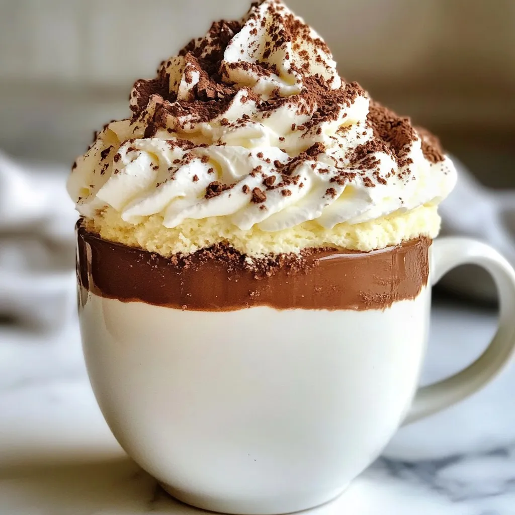 - 4 tablespoons all-purpose flour - 4 tablespoons granulated sugar - 2 tablespoons unsweetened cocoa powder - 1/8 teaspoon baking powder - 1/8 teaspoon salt - 3 tablespoons milk (preferably whole or any milk of choice) - 2 tablespoons vegetable oil (or melted coconut oil for added flavor) - 1/4 teaspoon pure vanilla extract - 2 tablespoons semi-sweet chocolate chips - 2 tablespoons white chocolate chips - 2 tablespoons dark chocolate chips The main ingredients create the rich and chocolatey taste. Flour gives it its structure. Sugar adds sweetness. Cocoa powder gives the cake its deep chocolate flavor. Baking powder helps the cake rise. Salt balances the sweetness. You can customize this mug cake by adding nuts or fruits. For a twist, try different types of chocolate. The quality of your ingredients matters. Use fresh cocoa powder and good chocolate chips for the best taste. Higher quality ingredients make a better cake. Always choose what you enjoy to make it truly yours. {{ingredient_image_2}} 1. Mixing dry ingredients in the mug: Grab a microwave-safe mug that holds about 12 oz. In the mug, add 4 tablespoons of all-purpose flour, 4 tablespoons of granulated sugar, 2 tablespoons of unsweetened cocoa powder, 1/8 teaspoon of baking powder, and 1/8 teaspoon of salt. Use a fork or a small whisk to mix the dry ingredients. Make sure they blend well and have no lumps. 2. Incorporating the wet ingredients: Next, pour in 3 tablespoons of milk, 2 tablespoons of vegetable oil, and 1/4 teaspoon of pure vanilla extract. Stir the mix vigorously until the batter is smooth. You want to get rid of any dry bits of flour so that your mug cake is fluffy. 3. Adding the chocolate chips: Now comes the fun part! Gently fold in 2 tablespoons of semi-sweet chocolate chips, 2 tablespoons of white chocolate chips, and 2 tablespoons of dark chocolate chips. This step ensures your cake has gooey chocolate in every bite. 1. Microwave cooking times and techniques: Place your mug cake in the microwave and cook it on high for 1 minute and 30 seconds. Keep an eye on it as it cooks. 2. Tips for checking doneness: After 1 minute and 30 seconds, check the center of the cake. If it looks wet, don’t worry! Microwave it in 15-second increments until the center is set but still moist. 3. How to avoid overcooking: Be careful not to overcook the mug cake. A few extra seconds can turn a soft treat into a dry one. It’s better to check often when nearing the end of cooking. 1. Cooling tips before serving: Once your mug cake is cooked, carefully take it out of the microwave. Let it cool for about 1 minute. This brief wait makes it easier to enjoy. 2. Garnishing options like whipped cream: To make your cake look fancy, top it with a generous dollop of whipped cream. You can also add a light dusting of cocoa powder or sprinkle some chocolate shavings for extra flair. 3. Suggested pairings with beverages: Pair your mug cake with a warm cup of coffee or a glass of cold milk. The rich flavors of chocolate blend perfectly with these drinks. - Common Mistakes and How to Avoid Them One common mistake is overmixing the batter. Mix just until combined to keep it light. Another issue is cooking it too long. Start with 1 minute and 30 seconds, then check for doneness. If the center is wet, add 15 seconds at a time. - Adjusting Ingredients for Dietary Needs You can easily swap out ingredients. Use gluten-free flour for a gluten-free option. Almond milk or oat milk works for dairy-free. Coconut oil adds a nice flavor for those needing a dairy substitute. - Creative Flavor Variations Try adding a pinch of cinnamon for a warm spice kick. You can also mix in some nuts for crunch. For a fruity touch, add a few berries before cooking. Get creative and find your perfect flavor! - Best Types of Mugs for Baking Choose a sturdy, microwave-safe mug. A 12-ounce mug works best for this recipe. Avoid thin mugs, as they may crack in the microwave. - Recommended Whisk or Mixing Utensil A fork is perfect for mixing. It’s easy to clean and gets the job done. If you prefer, a small whisk also works well. - Microwave Considerations for Even Cooking Make sure your mug sits flat in the microwave. This helps it cook evenly. Also, check your microwave wattage. If it’s lower, you may need more cooking time. Pro Tips Use a Larger Mug: Choose a mug that is at least 12 oz to prevent overflow as the cake rises while cooking. Don’t Overcook: Keep a close eye on the cooking time; overcooking can lead to a dry mug cake. Start with 1 minute and 30 seconds and check often. Experiment with Flavors: Feel free to mix in other ingredients like nuts, dried fruits, or flavored extracts for a unique twist. Serving Suggestions: Top with ice cream, caramel sauce, or fresh berries for an indulgent dessert experience. {{image_4}} You can make your triple chocolate mug cake even more fun. Here are some tasty ideas: - Adding nuts or fruits: Chopped nuts like walnuts or pecans add crunch. You can also toss in some fruits like raspberries or bananas for a fresh twist. - Experimenting with different types of chocolate: Try using milk chocolate or even flavored chocolate chips. Each type brings a new taste. - Incorporating spices for added flavor: A pinch of cinnamon or a dash of chili powder can create a warm and unique flavor profile. Don't be shy to experiment! Need to make your mug cake fit your diet? Here are some easy swaps: - Gluten-free alternatives for flour: Use almond flour or gluten-free all-purpose flour. They work well and keep the cake moist. - Vegan substitutes for milk and oil: Swap regular milk for almond or oat milk. You can use applesauce instead of oil for a healthier choice. - Low-sugar options for healthier choices: Replace granulated sugar with a sugar substitute like stevia or coconut sugar. This keeps the sweetness without the guilt. When you have leftover mug cake, you want to store it well. First, let the cake cool completely. Then, cover the mug with plastic wrap or transfer the cake to an airtight container. This helps keep it moist. For longer storage, you can freeze the mug cake. Place it in a freezer-safe container or wrap it tightly in foil. It can last up to three months when frozen. To reheat, simply take it out of the fridge or freezer. If frozen, let it thaw in the fridge overnight. Then, microwave it for about 15-30 seconds. This keeps the texture soft and fluffy. The expected shelf life of your mug cake depends on how you store it. In the fridge, it lasts about 2-3 days. If you freeze it, expect up to three months of freshness. Watch for signs of spoilage. If the cake smells sour or looks dry, it is best to discard it. Always trust your senses; they are your best guide! To check if your mug cake is done, look at the center. It should not be wet. You can use a toothpick to poke the cake. If it comes out clean, your cake is ready. If it’s still wet, microwave it for more time. Remember, each microwave is different. If yours is stronger, it may cook faster. If it’s weaker, it may take longer. Always keep an eye on it to avoid overcooking. You can use many mugs, but some work better than others. A ceramic mug is best. Make sure it can hold at least 12 oz of liquid. Avoid using metal or plastic mugs, as they can melt or catch fire. Check if the mug is labeled as microwave-safe. This ensures your mug will not break or release harmful chemicals. If your mug cake overflows, don’t worry! First, prevent it next time by not filling the mug too full. Leave some space at the top. If it does overflow, let it cool a bit. Then, wipe the microwave with a damp cloth. This makes cleanup easy. If any cake spills out, you can simply scoop it back into the mug. Enjoy! In this blog post, we explored how to make a delicious mug cake with quality ingredients. I shared tips on mixing, cooking, and serving your cake. We discussed common mistakes, storage, and different flavor options. Making a mug cake is fun and easy. You can customize it to fit your tastes and needs. Now, you have everything you need to create your perfect treat. Go ahead and enjoy your sweet creations!